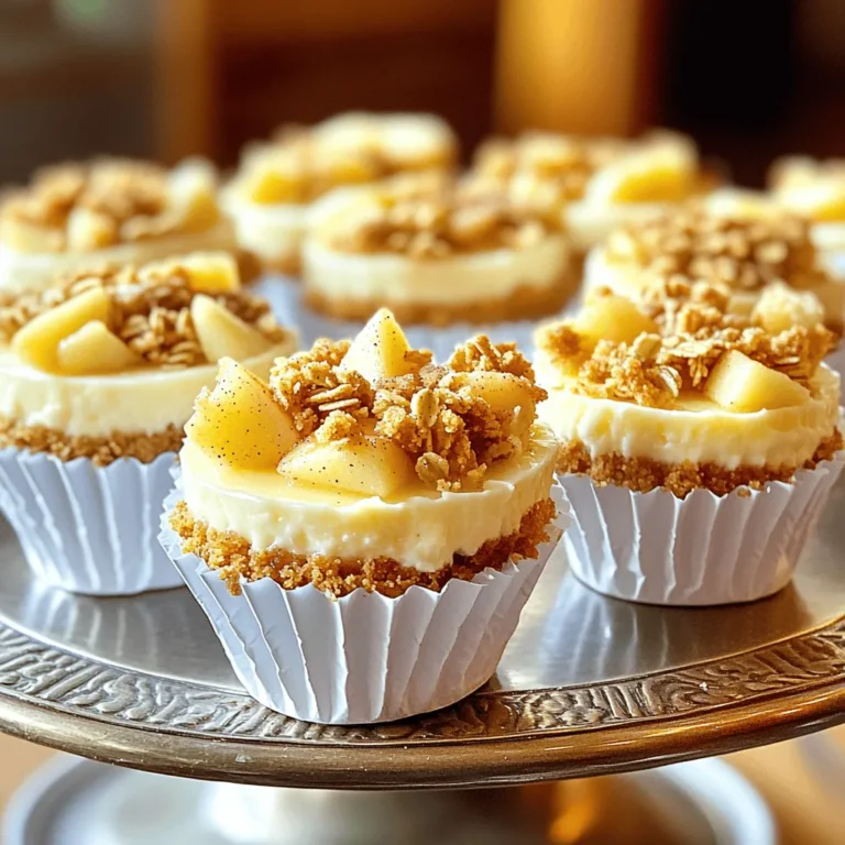 - 1 ½ cups graham cracker crumbs - ½ cup unsalted butter, melted - 2 (8-ounce) packages cream cheese, softened These main ingredients create a rich base for your cheesecake minis. The graham cracker crumbs add a nice crunch while the cream cheese provides that creamy texture we all love. Melting the butter helps bind everything together, making a perfect crust. - ½ cup granulated sugar - ½ cup brown sugar, packed - 1 teaspoon vanilla extract The sweeteners give your cheesecake the right amount of sweetness. Brown sugar adds a hint of caramel flavor that pairs well with apples. Vanilla extract enhances the overall taste, making each bite even more enjoyable. - 2 medium apples, peeled, cored, and diced - ½ cup old-fashioned oats - ¼ cup chopped walnuts or pecans (optional) Fresh apples bring a natural sweetness and tartness. They cook down to a soft, flavorful filling. Old-fashioned oats add a nice texture on top, making that crisp layer. If you like, add chopped walnuts or pecans for extra crunch and flavor. For the full recipe, check out the details above. First, you need to preheat the oven to 325°F (160°C). This step warms the oven so your cheesecake minis bake evenly. Next, line your muffin tin with paper liners. This helps with easy removal after baking. In a bowl, combine 1 ½ cups of graham cracker crumbs, ½ cup of melted butter, and 1 tablespoon of sugar. Mix well until you see a sandy texture. Now, press this mixture into the bottom of each muffin cup. Make sure to pack it down firmly. Bake the crust for 8–10 minutes, then let it cool. This crust gives a nice crunch to the cheesecake. For the apple filling, take 2 medium apples and dice them up. In a bowl, mix the apples with 1 teaspoon of cinnamon, ½ teaspoon of nutmeg, and a pinch of salt. This blend adds warmth and flavor. Now, for the cheesecake filling, beat together 2 packages of softened cream cheese, ½ cup of granulated sugar, and ½ cup of brown sugar until smooth. Add in 2 large eggs, one at a time, mixing well after each. Don’t forget to add 1 teaspoon of vanilla extract. This makes the filling creamy and delicious. You can find the full recipe for more details on each step. - Use gluten-free graham crackers for a gluten-free option. - Substitute yogurt for cream cheese for a lighter version. If you want to switch things up, these swaps can help. Gluten-free graham crackers work well. They give the same crunch. Yogurt can lighten the cheesecake. It offers a nice tang, too. - Ensure eggs are at room temperature for better mixing. - Check for doneness by looking for lightly golden edges. Room temperature eggs mix better. They help the cheesecake rise and stay smooth. When baking, look for the edges to turn golden. This means your minis are ready to come out. - Serve with a dollop of whipped cream or a scoop of vanilla ice cream. - Garnish with additional fresh apple slices or a drizzle of caramel sauce. To make your dessert even better, add a dollop of whipped cream. A scoop of vanilla ice cream pairs nicely, too. You can also garnish with fresh apple slices. A drizzle of caramel sauce adds sweetness and flair. {{image_2}} You can easily change up the flavor of your Apple Crisp Cheesecake Minis. - Chocolate Chips: Add chocolate chips for a chocolate apple crisp cheesecake mini. The mix of chocolate and apple works great together. - Spice It Up: Experiment with different spices like allspice or ginger. This can add warmth and depth to the flavor. Want a different take? Here are some ideas based on dietary needs. - Vegan Option: Use plant-based cream cheese and flax eggs. This makes the dessert friendly for those avoiding animal products. - Sugar-Free Version: Utilize sweeteners like stevia or erythritol. This can help cut down on sugar while still tasting sweet. Adjust your recipe to match the seasons. - Pears in Fall: Use pears instead of apples during the fall season. They provide a nice twist and pair well with spices. - Pumpkin Spice: Incorporate pumpkin spice for a seasonal twist in the autumn. This adds a cozy flavor to your minis. These variations make your Apple Crisp Cheesecake Minis unique and fun! For the full recipe, check out the section above. Store your apple crisp cheesecake minis covered in the refrigerator. They stay fresh for up to 3 days. This way, they remain tasty and ready for a quick snack or dessert. If you want to keep them longer, you can freeze the cheesecake minis. They last for up to 1 month in the freezer. Just make sure to place them in an airtight container. When you’re ready to enjoy them, thaw them in the refrigerator before serving. This will help maintain their creamy texture. If you prefer warm cheesecake minis, reheat them gently in the microwave. Heat them for a few seconds at a time. You can also let them sit at room temperature before serving. This way, they will taste fresh and delightful. For more details, check the Full Recipe. Yes, you can prepare the cheesecake minis a day in advance and refrigerate them. This not only saves you time, but it also allows the flavors to blend nicely. Just make sure to cover them well to keep them fresh. For best presentation, serve on a tiered platter, garnished with a sprinkle of cinnamon. This makes each mini look special. You can also add a slice of fresh apple on top for extra flair. It makes the dish pop visually and adds a nice touch. The cheesecake should be set and edges lightly golden; a toothpick inserted should come out clean. If you see this, your minis are good to go! They will get even better after cooling. This blog post covered how to make tasty apple crisp cheesecake minis. We looked at ingredients, step-by-step instructions, and helpful tips. You can customize these treats with fruits or spices. They are easy to store and perfect for many occasions. Try making these desserts for your next gathering. I hope you enjoy the sweet flavors and fun textures in every bite. Happy baking!