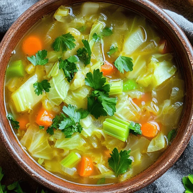 To make the Best Cabbage Detox Soup, gather these fresh ingredients: - 1 medium green cabbage, chopped - 2 large carrots, diced - 2 celery stalks, diced - 1 onion, finely chopped - 3 cloves of garlic, minced - 1 bell pepper (red or yellow), diced - 4 cups vegetable broth - 1 can (14 oz) diced tomatoes (with juice) - 1 teaspoon ground cumin - 1 teaspoon smoked paprika - ½ teaspoon turmeric powder - Salt and pepper to taste - 2 tablespoons olive oil - Fresh parsley or cilantro for garnish Each ingredient in this soup brings its own health perks: - Cabbage is low in calories and high in fiber. It helps digestion and boosts your immune system. - Carrots are rich in beta-carotene. They support eye health and skin glow. - Celery is hydrating and contains antioxidants. It may help lower blood pressure. - Onion has anti-inflammatory properties. It can help fight infections. - Garlic boosts the immune system and may lower cholesterol. - Bell peppers are high in vitamin C. They help with healing and skin health. - Vegetable broth adds flavor and hydration without extra calories. - Diced tomatoes provide lycopene, which is good for heart health. - Ground cumin aids in digestion and adds a warm flavor. - Smoked paprika gives a rich taste and contains antioxidants. - Turmeric has anti-inflammatory effects and may help with joint pain. - Olive oil is a healthy fat that supports heart health. - Fresh herbs like parsley or cilantro add vitamins and enhance flavor. To make the best soup, choose fresh ingredients: - Cabbage should feel heavy and have crisp leaves. Avoid any with brown spots. - Carrots should be firm and bright in color. Look for smooth skins without cracks. - Celery should be crisp and green. Avoid limp or yellowing stalks. - Onions should be firm and dry. Look for ones without sprouts. - Garlic should feel firm and have dry skin. Avoid any that are soft or sprouting. - Bell peppers should be shiny and firm. Choose those without blemishes or wrinkles. - Vegetable broth should have a clean, fresh smell. Check for no additives if possible. - Diced tomatoes should be in a can without dents. Check the expiration date. By using fresh ingredients, you ensure your soup bursts with flavor and nutrition. Make sure to check for quality as you shop! To make the best cabbage detox soup, follow these easy steps. First, heat 2 tablespoons of olive oil in a large pot over medium heat. Once the oil is warm, add 1 finely chopped onion and 3 minced garlic cloves. Sauté them for about 5 minutes until the onion turns soft and clear. Next, add 2 diced carrots, 2 diced celery stalks, and 1 diced bell pepper. Cook these veggies for another 5 minutes. They should begin to soften. Now, it’s time for the star of the show—1 medium green cabbage, chopped into bite-sized pieces. Stir it in well with the other vegetables. Pour in 4 cups of vegetable broth and 1 can of diced tomatoes (with juice). Then, add 1 teaspoon of ground cumin, 1 teaspoon of smoked paprika, ½ teaspoon of turmeric powder, and salt and pepper to taste. Mix everything together. Bring the soup to a boil. After that, lower the heat and let it simmer uncovered for 20 to 25 minutes. This will help the flavors blend and soften the vegetables. When the soup is ready, taste it. You might want to adjust the seasoning by adding more herbs or spices. Garnish your soup with fresh parsley or cilantro before serving. To get the right soup consistency, keep an eye on the simmering time. If you simmer too long, the vegetables might turn mushy. If you don’t simmer long enough, they may be too crunchy. Another tip is to chop the vegetables into similar sizes. This helps them cook evenly. You can also blend a portion of the soup if you prefer a creamier texture. Just blend it in a blender and mix it back with the rest. Simmering is key for flavor. As the soup simmers, the spices and vegetables release their full taste. This makes the soup richer and more satisfying. Don’t rush this step. Allow the soup to simmer uncovered so the liquid can reduce slightly. This will also help thicken the soup. Remember, good things take time, and this soup is no exception! For the full recipe, check [Full Recipe]. To boost the taste of your cabbage detox soup, try these tips. First, use fresh herbs like thyme or basil. Add them at the end for a bright flavor. You can also squeeze in some lemon juice before serving. This adds a zesty kick that brightens the soup. For a richer taste, consider adding a splash of soy sauce or tamari. These options bring depth and umami to your bowl. To make your soup even healthier, you can add more veggies. Spinach or kale works great. They blend well and pack a nutrient punch. You can also toss in a can of chickpeas or beans for extra protein and fiber. This change will make your soup more filling. For a boost of healthy fats, try adding avocado slices on top before serving. Avoid these common mistakes to ensure your soup shines. First, don’t skip the sautéing step. This helps release the flavors of garlic and onion. Also, be careful with salt; add it gradually. Tasting as you go will help you find the right balance. Lastly, don’t rush the simmering time. Letting the soup simmer allows the flavors to meld together beautifully. Follow these tips for a tasty and healthy cabbage detox soup. For the complete recipe, check out the [Full Recipe]. {{image_2}} You can switch out some ingredients to fit your taste. If you can't find green cabbage, use savoy or napa instead. Both types add a nice texture. You can also try adding kale or spinach for extra greens. If you want a bit of sweetness, add diced sweet potatoes or parsnips. This soup is already vegetarian and vegan-friendly. To keep it that way, use vegetable broth. If you want more protein, add beans or lentils. Chickpeas work great in this soup. They add protein and fiber, making it even more filling. Just make sure to adjust cooking times for any new ingredients. If you like heat, add fresh chili or red pepper flakes. Start with a little and taste as you go. You can also add ginger for a warm flavor. For a different twist, try miso paste for depth. It adds a savory taste without meat. Experimenting helps you find your perfect bowl of soup. For a full recipe, check out the Cleansing Cabbage Detox Soup. When you have leftover cabbage detox soup, store it in an airtight container. This keeps the soup fresh. Let the soup cool down before sealing it. This helps prevent condensation. Place it in the fridge if you plan to eat it within a few days. It will stay tasty for about three to four days. If you want to keep it longer, freezing is a great option. To freeze the soup, use freezer-safe containers or bags. Make sure to leave some space at the top. This allows the soup to expand as it freezes. Label your containers with the date. When you're ready to eat it, thaw the soup in the fridge overnight. You can also use the microwave for a quick thaw. Reheat it on the stove over low heat. Stir gently until it gets hot. The shelf life of cabbage detox soup is about four days in the fridge. If you freeze it, it can last up to three months. Signs of spoilage include an off smell, mold, or changes in color. If you see any of these, it’s best to toss the soup. Always trust your senses. Keeping an eye on your soup helps you enjoy it safely. Cabbage is a great food for your health. It is low in calories and high in fiber. This helps you feel full without eating too much. Cabbage is rich in vitamins C and K. These are good for your skin and bones. The fiber in cabbage also helps your digestion. Eating cabbage may even help lower your risk of certain diseases. It has antioxidants that fight free radicals, which can damage cells. Overall, cabbage is a smart choice for a healthy diet. Yes, you can add other veggies to this soup. Carrots, bell peppers, and celery work well. You can try spinach, kale, or zucchini for more greens. Each vegetable adds its own taste and nutrients. Just remember to chop them small so they cook well. You can mix and match based on what you like or what you have. This makes the soup fun to customize! This soup is perfect for weight loss. It is low in calories but high in volume. This means you can eat a lot without gaining weight. Pair the soup with lean proteins like chicken or beans for a balanced meal. You can also use it as a snack between meals. Eating soup can help you feel full, so you might eat less later. Make it a regular part of your meal plan for best results. Check out the Full Recipe to get started. This blog post covered how to make a healthy cabbage detox soup. We explored the best ingredients, their benefits, and how to select fresh produce. I provided step-by-step cooking instructions and tips for perfecting your soup. You can also learn how to enhance its flavor and nutrition while avoiding common mistakes. We discussed variations, storage tips, and answered frequently asked questions. With this knowledge, you can create a delicious soup that supports your health goals. Enjoy your cooking journey and make this soup a regular part of your meals.