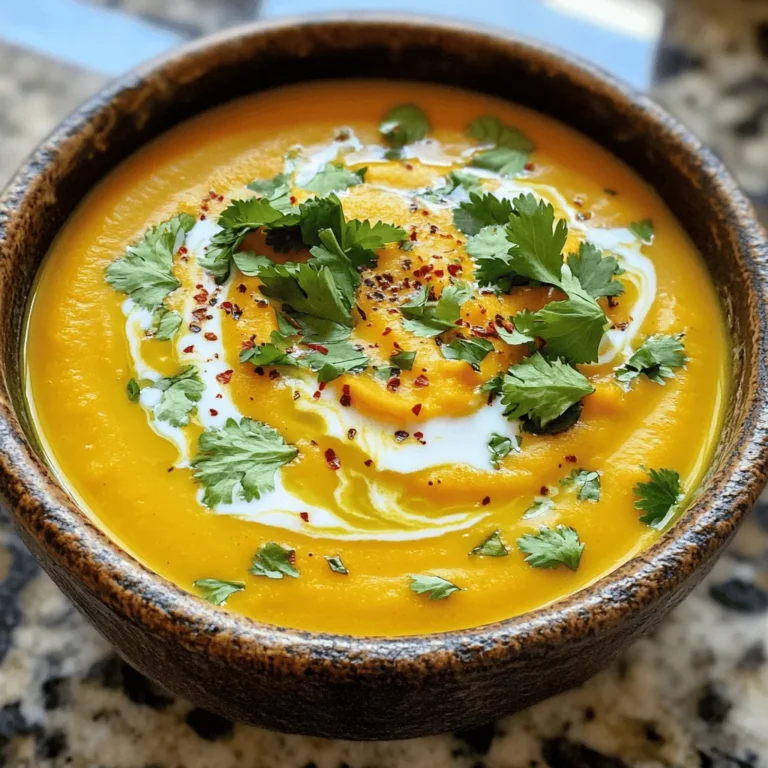- 1 medium butternut squash, peeled and cubed - 2 medium sweet potatoes, peeled and diced - 1 large onion, chopped - 3 cloves garlic, minced - 1 red bell pepper, diced - 1 teaspoon cumin - 1 teaspoon smoked paprika - 1/2 teaspoon cayenne pepper (adjust to taste) - 4 cups vegetable broth - 1 cup coconut milk - 2 tablespoons olive oil - Salt and pepper to taste - Fresh cilantro for garnish Butternut squash brings a sweet, nutty flavor. It gives the soup a smooth texture. Sweet potatoes add more sweetness and a creamy feel. They also boost the soup’s nutrition. Onion and garlic create a savory base. They add depth and warmth to each bowl. Red bell pepper adds a pop of color and sweetness. Spices like cumin and smoked paprika give the soup its warm flavor. Cayenne pepper adds heat, which you can adjust. Vegetable broth keeps it light and savory. Coconut milk provides creaminess and a hint of sweetness. Olive oil adds richness and helps sauté the veggies. Finally, salt and pepper enhance all the flavors. Fresh cilantro is perfect for garnish, adding freshness and color. If you can’t find butternut squash, use pumpkin or acorn squash. Orange carrots can replace sweet potatoes for a different taste. Yellow onion works instead of white or red onion. You can swap coconut milk with almond milk for a lighter option. For a non-vegan choice, heavy cream can be used. Adjust the spice level with less cayenne pepper or omit it entirely. Start by gathering all your ingredients. You’ll need: - 1 medium butternut squash, peeled and cubed - 2 medium sweet potatoes, peeled and diced - 1 large onion, chopped - 3 cloves garlic, minced - 1 red bell pepper, diced - 1 teaspoon cumin - 1 teaspoon smoked paprika - 1/2 teaspoon cayenne pepper (adjust to taste) - 4 cups vegetable broth - 1 cup coconut milk - 2 tablespoons olive oil - Salt and pepper to taste - Fresh cilantro for garnish Make sure your vegetables are cut into even pieces. This helps them cook evenly. In a large pot, heat the olive oil over medium heat. Add the chopped onion and garlic. Sauté them until the onion looks clear. This takes about 5 minutes. Then, stir in the diced red bell pepper and cook for 3 more minutes. Next, add the butternut squash and sweet potatoes. Mix them well for about 2 minutes. Sprinkle in the cumin, smoked paprika, and cayenne pepper. Stir to coat the veggies with these spices. Now, pour in the vegetable broth. Bring it to a gentle boil. Once boiling, lower the heat, cover the pot, and let it simmer. Cook for about 20-25 minutes, or until the squash and sweet potatoes are soft. After simmering, it’s time to blend the soup. You can use an immersion blender for this. If you don’t have one, carefully transfer batches to a regular blender. Make sure to be careful with the hot liquid. Once the soup is smooth and creamy, stir in the coconut milk. Season with salt and pepper to taste. Heat it through for another 5 minutes, then remove from the heat. Serve the soup in bowls. Drizzle some leftover coconut milk on top. Finish with freshly chopped cilantro for a nice touch. Enjoy your flavorful delight! If you want more details, check the Full Recipe. You can change how spicy your soup is. Start with half a teaspoon of cayenne pepper. Taste the soup as it cooks. If you want more heat, add a bit more. For less spice, use less cayenne. You can also swap cayenne for paprika for a milder flavor. Herbs and spices make this soup shine. Try adding fresh ginger for warmth. A pinch of nutmeg can add depth to the flavor. Fresh herbs like cilantro or parsley give a bright taste. Stir them in just before serving for the best flavor. This soup pairs well with crusty bread or a fresh salad. Serve it in bowls, drizzled with coconut milk. Garnish with chopped cilantro for color. You can also top it with roasted pumpkin seeds for crunch. For a full meal, try serving it with grilled chicken or shrimp. For the full recipe, check out the detailed instructions. {{image_2}} You can boost the soup's nutrition by adding proteins. Chicken works well here. Just cook the chicken in the pot before adding the veggies. Dice it up after it's cooked. If you want a plant-based option, use chickpeas. Canned chickpeas are great. Rinse and add them when you put in the broth. They add fiber and flavor. This soup is already a great vegetarian choice. For a vegan version, make sure to use vegetable broth and coconut milk. Both options are dairy-free. You can also add vegetables for more texture. Try adding kale or spinach. They cook quickly and add nutrients. Feel free to get creative with your soup! You can add different vegetables. Carrots and parsnips add sweetness. Zucchini or spinach can add a fresh taste. Just chop them small so they cook fast. Add these when you add the butternut squash and sweet potatoes. Each twist gives a new flavor that keeps the soup exciting. For the full recipe, check out the Spicy Butternut Sweet Potato Soup details. To keep your leftover spicy butternut sweet potato soup fresh, store it in an airtight container. Allow the soup to cool a bit before sealing it. Place it in the fridge if you plan to eat it within three days. If you want to save your soup for later, freezing works well. Pour the cooled soup into freezer-safe containers. Leave some space at the top for expansion. Seal tightly and label with the date. It can last up to three months in the freezer. When you're ready to enjoy your soup again, thaw it overnight in the fridge if frozen. Heat it on the stove over medium heat, stirring often. You can also use a microwave. Just be sure to cover it to avoid splatters. Enjoy your warm, spicy delight! For the full recipe, check the full recipe section. Yes, you can make this soup ahead of time. The flavors improve as it sits. Store it in an airtight container in the fridge for up to three days. Reheat on the stove for the best taste. You can serve many things with this soup. A crusty bread or warm rolls pair well. A simple salad adds freshness. You can also try grilled cheese for a classic combo. These sides make a full meal. To reduce the heat, cut down on cayenne pepper. You can start with just a pinch. Adding more coconut milk also helps cool the soup. If it’s still too spicy, mix in some yogurt before serving. This will balance the flavors nicely. For the full recipe, check the recipe section above. This blog covered everything you need for a delicious soup. You learned about key ingredients, their roles, and possible substitutes. We then detailed each step from prep to serving, ensuring your soup turns out perfect. I shared tips to adjust spice levels and enhance flavors. You also explored variations, like adding proteins or different veggies. Finally, I included essential storage tips and answers to common questions. With this knowledge, you can create your own tasty soup and impress everyone. Enjoy cooking and experimenting!
