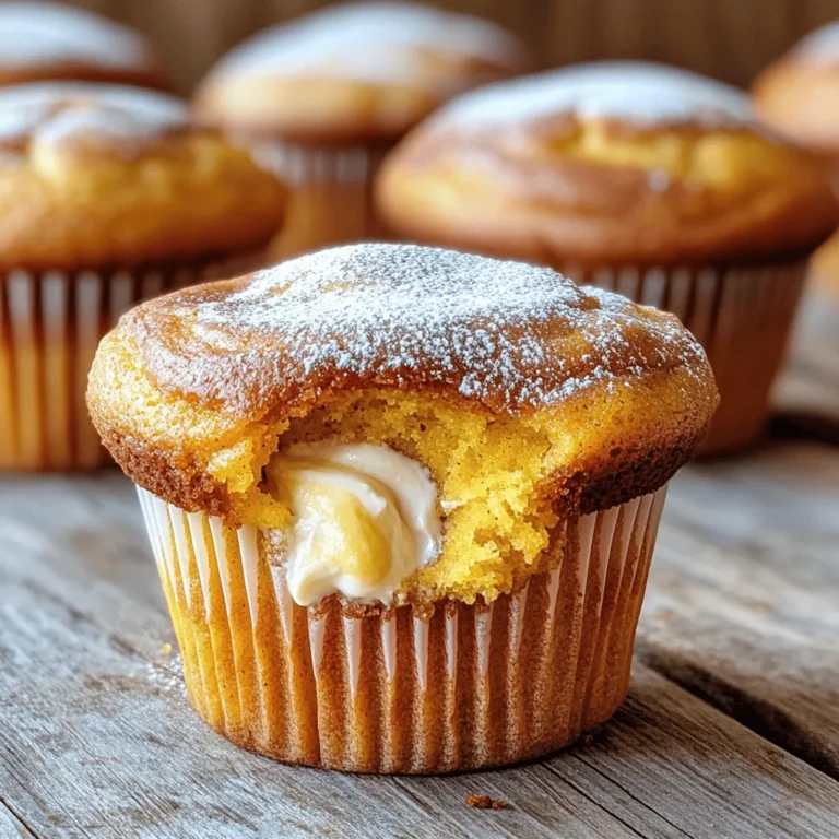 To make delicious Pumpkin Cream Cheese Muffins, you need a few simple ingredients. Here’s the list: - 1 cup all-purpose flour - 1 teaspoon baking soda - 1 teaspoon baking powder - ½ teaspoon salt - 1 teaspoon ground cinnamon - ½ teaspoon ground nutmeg - ½ teaspoon ground ginger - ½ cup granulated sugar - ½ cup brown sugar, packed - 1 cup canned pumpkin puree - 2 large eggs - ⅓ cup vegetable oil - 1 teaspoon vanilla extract - 4 oz cream cheese, softened - 2 tablespoons powdered sugar Each ingredient plays a key role. The flour gives structure. Baking soda and powder help the muffins rise. The spices add warmth and flavor. The sugars sweeten the muffins. Pumpkin puree brings moisture and richness. Eggs bind everything together. Vegetable oil keeps them soft. Vanilla extract adds a lovely aroma. The cream cheese filling adds a creamy surprise. For the full recipe, refer to the link provided. Enjoy making these muffins! 1. Preheat the oven and prepare the muffin tin Start by preheating your oven to 350°F (175°C). Line a muffin tin with paper liners. This helps with easy removal and keeps the muffins neat. 2. Mix dry ingredients together In a bowl, whisk together the following dry ingredients: - 1 cup all-purpose flour - 1 teaspoon baking soda - 1 teaspoon baking powder - ½ teaspoon salt - 1 teaspoon ground cinnamon - ½ teaspoon ground nutmeg - ½ teaspoon ground ginger This step adds flavor and helps the muffins rise. 3. Combine wet ingredients in a separate bowl In another large bowl, mix these wet ingredients until smooth: - ½ cup granulated sugar - ½ cup brown sugar, packed - 1 cup canned pumpkin puree - 2 large eggs - ⅓ cup vegetable oil - 1 teaspoon vanilla extract Mixing these well ensures that your muffins are moist and tasty. 4. Combine dry and wet ingredients carefully Gradually add the dry mix to the wet mix. Stir gently until just combined. A few lumps are okay. Over-mixing can make the muffins tough. 1. Prepare cream cheese mixture In a small bowl, beat together: - 4 oz cream cheese, softened - 2 tablespoons powdered sugar This mix will add a rich and creamy surprise in every bite. 2. Fill muffin cups with batter and cream cheese Fill each muffin cup halfway with the pumpkin batter. Then, spoon about a tablespoon of the cream cheese mixture into the center of each cup. Cover it gently with more pumpkin batter until the cups are about ¾ full. 1. Baking time and checking doneness Place the muffin tin in the preheated oven. Bake for 20-25 minutes. To check if they’re done, insert a toothpick into the pumpkin part. If it comes out clean, they’re ready. Let the muffins cool in the pan for 5 minutes. Then, transfer them to a wire rack to cool completely. Preventing over-mixing Over-mixing can ruin your muffins. It makes them tough and chewy. Mix the dry and wet ingredients just until you see no dry flour. A few lumps are okay. This step keeps your muffins light and fluffy. Ensuring even baking To bake evenly, fill each muffin cup the same. Aim for about three-quarters full. This helps all muffins rise at the same rate. Also, rotate the muffin tin halfway through baking. This way, they will bake evenly. Presentation tips for muffins Make your muffins look great! Dust them with powdered sugar. You can also drizzle a cinnamon glaze on top. These small touches make a big difference. Serve them warm for the best taste. Pairing options for serving These muffins pair well with hot drinks. Try coffee or tea for a cozy treat. You can also serve them with butter or cream cheese. This adds a nice touch to their flavor. Ingredient swaps and their effects Swapping ingredients can change your muffins. For example, using whole wheat flour may make them dense. Stick to the recipe for the best results. If you want to swap, do some research first. Temperature-related issues Make sure all your ingredients are at room temperature. Cold eggs or cream cheese can affect the batter. If they are cold, your muffins may not rise as much. Take them out of the fridge ahead of time. {{image_2}} You can make these pumpkin cream cheese muffins even more fun by adding extras. One easy way is to toss in chocolate chips or nuts. Chocolate chips add a sweet surprise, while nuts add crunch. Both make the muffins more exciting. You can also play with spices to change the flavor. Instead of just cinnamon, add cardamom or allspice. These spices give a warm twist. You could even use a pinch of cayenne for a spicy kick. Each variation brings its own flair to the muffins. If you need gluten-free muffins, swap the all-purpose flour for a gluten-free blend. Make sure the blend has xanthan gum, which helps with texture. This way, everyone can enjoy them. For vegan muffins, replace the eggs with flaxseed meal or applesauce. Use a plant-based cream cheese for the filling. You can also swap vegetable oil with coconut oil for a rich flavor. These adjustments keep the muffins delicious and suitable for all diets. For the full recipe, check out the [Full Recipe]. To keep your pumpkin cream cheese muffins fresh, you have two main options: room temperature and refrigeration. - Room temperature: If you plan to eat the muffins within a couple of days, store them in an airtight container at room temperature. This keeps them soft and moist. - Refrigerator: For longer storage, place the muffins in the fridge. This can help them last up to a week. Just be aware that they may become a bit denser in texture when chilled. - Freezing muffins for later use: If you want to save some for later, freezing is a great choice. Wrap each muffin in plastic wrap, then place them in a freezer-safe bag. They can last up to three months. When you're ready to eat them, thaw them overnight in the fridge. When it’s time to enjoy your muffins again, reheating them properly helps keep them fresh. Here are the best methods: - Microwave: Place a muffin on a microwave-safe plate. Heat it for about 10-15 seconds. This warms them up and makes them soft again. - Oven: Preheat your oven to 350°F (175°C). Wrap the muffins in foil and heat for 10 minutes. This method keeps them crispy on the outside while warm on the inside. These storage tips ensure your pumpkin cream cheese muffins stay delightful, even after the first day. For the full recipe, check out the complete guide! To measure flour well, use a spoon. Scoop the flour into your measuring cup. Avoid packing it down. Level it off with a straight edge, like a knife. This method gives you the right amount. Too much flour can make your muffins dry. Yes, you can use fresh pumpkin! Roast the pumpkin until soft, then scoop out the flesh. Blend it until smooth. Fresh pumpkin adds great flavor and moisture. Just make sure to measure the same amount as the canned puree. To check if the muffins are done, insert a toothpick into the center. If it comes out clean, the muffins are ready. You can also gently press the top. It should spring back. If it leaves a dent, they need more time. Absolutely! You can make these muffins a day ahead. Store them in an airtight container. They stay fresh at room temperature. You can also freeze them. Just wrap each muffin tightly in plastic wrap. Thaw them when you’re ready to enjoy! For the full recipe, check the earlier section. In this blog post, we explored the key ingredients for delicious muffins, step-by-step instructions, and useful tips. I shared ways to customize flavors and adjust for dietary needs, plus how to store and reheat muffins effectively. Remember, baking takes practice, so don’t stress if it doesn’t turn out perfect the first time. Enjoy the process and your tasty creations! Happy baking!