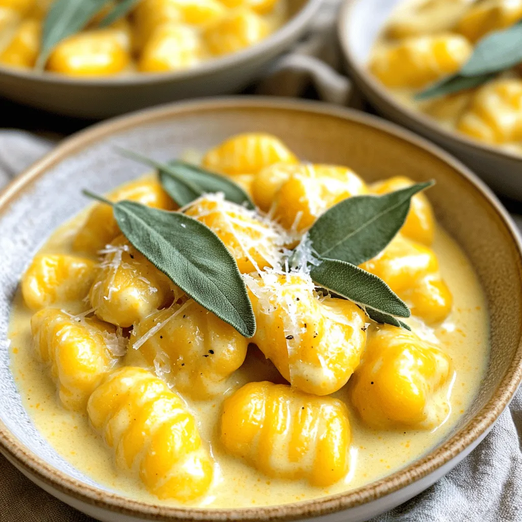 - 2 cups butternut squash, peeled and cubed - 1 cup ricotta cheese - 1 large egg - 2 cups all-purpose flour (plus extra for dusting) - 1 teaspoon salt - ½ teaspoon nutmeg - ½ cup grated Parmesan cheese - 2 tablespoons olive oil - 1 cup vegetable broth - ½ cup heavy cream - Fresh sage leaves, for garnish - Salt and pepper to taste For this creamy butternut squash gnocchi, each ingredient plays a key role. The butternut squash brings sweetness and depth. Ricotta cheese adds creaminess and body. The egg binds everything together while flour provides structure. Nutmeg gives a warm, subtle spice that complements the squash. Parmesan cheese enriches the sauce. Olive oil adds flavor and helps in cooking. Vegetable broth forms the base of the sauce, while heavy cream makes it rich. Fresh sage leaves offer a lovely finish. They add a fragrant touch to the dish. Salt and pepper season the gnocchi and sauce perfectly, enhancing all the flavors. I highly recommend you check the Full Recipe for detailed steps and serving tips. Don't skip any ingredients; they all matter for this delicious dish! - Preheat oven to 400°F (200°C). - Spread cubed butternut squash on a baking sheet. Drizzle with olive oil, salt, and pepper. Roast for 25-30 minutes until fork-tender. Let it cool down. - In a bowl, mix the roasted squash, ricotta, egg, nutmeg, and salt. Mash until smooth. - Gradually add flour, mixing until a soft dough forms. The amount of flour may vary based on squash moisture. - Divide the dough into four pieces. Roll each into a rope about ½ inch thick. Cut into 1-inch pieces. - Use a fork to press and create ridges. These ridges help hold the sauce better. - Boil a large pot of salted water. Cook gnocchi in batches. They are done when they float to the top, about 2-3 minutes. Use a slotted spoon to remove them. Now you have perfect gnocchi! For the complete process, check the Full Recipe. - Use a fork to create ridges. This helps the sauce stick better. - Adjust the flour based on the moisture of your squash. Wet squash needs less flour. Making gnocchi perfect takes practice. The ridges you create with a fork will catch the sauce, making every bite more flavorful. If the squash is too wet, your dough can become sticky. Start with less flour and add more as needed. - Create a richer sauce by adding extra cheese. Parmesan is a great choice. - Incorporate herbs for extra flavor. Try fresh sage or thyme. A richer sauce makes your dish stand out. Adding more cheese gives a creamy texture. Fresh herbs bring brightness and depth to the flavor. You can even try blending in some garlic for a savory kick. For more details and the complete process, check out the Full Recipe. {{image_2}} You can change this recipe to suit your taste. For a twist, substitute pumpkin for the butternut squash. Pumpkin has a similar texture and flavor, making it a great choice. This swap gives your gnocchi a different but still tasty vibe. Using different types of cheese can also change the flavor. You might try goat cheese for a tangy kick or a sharp cheddar for a richer taste. Each cheese will add its own unique twist to the creamy sauce. If you need a gluten-free option, use gluten-free flour instead of regular flour. This simple change keeps the gnocchi soft and delicious. Just make sure to check the package instructions for the right amount of flour to use. For a vegan alternative, you can replace the ricotta cheese and heavy cream with vegan substitutes. Silken tofu blended with a bit of plant-based milk works well for the ricotta. For the cream, coconut milk or cashew cream makes a great option. These swaps keep the dish creamy and flavorful without dairy. To store cooked gnocchi, let it cool first. Place the gnocchi in an airtight container. You can keep it in the fridge for up to three days. When you want to reheat it, use a skillet with a little olive oil. This way, you get a nice crisp on the outside. For best practices, keep the sauce separate if possible. This helps keep the gnocchi from getting mushy. If you mix them, the sauce can soak in and change the texture. To freeze uncooked gnocchi, lay the pieces in a single layer on a baking sheet. Make sure they don’t touch each other. Freeze them for about an hour until firm. Then, transfer the gnocchi to a freezer bag. This method helps keep their shape. When you want to cook frozen gnocchi, there’s no need to thaw them. Just drop them into boiling water. They’ll be done when they float to the top, which takes about 2-3 minutes. Enjoy them fresh with your choice of sauce! For the full recipe, check the earlier section. Gnocchi cooks quickly. You know they are done when they float. This takes about 2-3 minutes in boiling water. Once they rise to the top, use a slotted spoon to remove them. They should look soft and firm. Yes, you can make gnocchi ahead. Shape the gnocchi and place them on a floured tray. Freeze them for up to two months. When ready to cook, boil them straight from the freezer. There’s no need to thaw first. Creamy butternut squash gnocchi pairs well with many sides. Try a simple green salad or roasted veggies. Garlic bread is also a great choice. These sides add freshness and crunch to your meal. To enhance the sauce, add more heavy cream. Another option is to mix in extra Parmesan cheese. This makes the sauce richer and thicker. Fresh herbs like sage can add flavor and depth to the sauce. For the full recipe details, check out the complete guide on creamy butternut squash gnocchi. In this blog post, we explored making creamy butternut squash gnocchi. I shared the ingredients and step-by-step instructions for preparing this tasty dish. We discussed helpful tips for perfect gnocchi, as well as fun variations to try. Don't forget about storage tips for any leftovers. Making this dish can be easy and rewarding. Dive in and enjoy the rich flavors and textures of homemade gnocchi for yourself.
