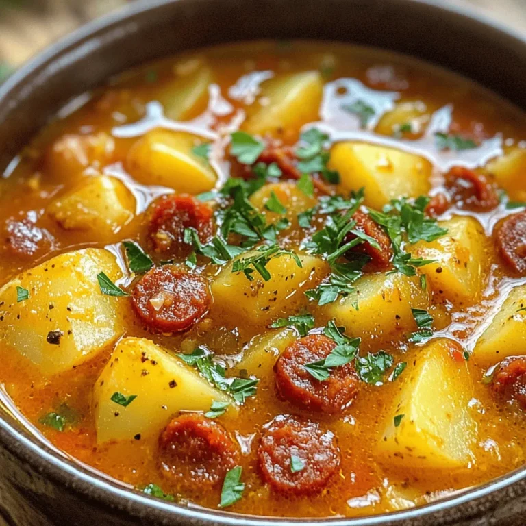 To make this tasty soup, gather these key items: - 200g Spanish chorizo, diced - 4 medium potatoes, peeled and cubed - 1 large onion, finely chopped - 2 cloves garlic, minced - 1 red bell pepper, diced - 1 teaspoon smoked paprika - 1/2 teaspoon cayenne pepper (adjust for heat preference) - 4 cups chicken or vegetable broth - 1 cup heavy cream or coconut milk for a dairy-free option - 2 tablespoons olive oil - Salt and pepper to taste - Fresh parsley, chopped, for garnish These ingredients help create a rich and flavorful base for the soup. The chorizo adds a nice kick, while the potatoes bring warmth and heartiness. To make your soup stand out, try these garnishes: - Fresh parsley, chopped - A drizzle of olive oil - A dollop of sour cream or yogurt These garnishes add color and a touch of creaminess. They also enhance the overall look and taste of the dish. If you need to swap out some ingredients, here are a few ideas: - Use turkey or chicken sausage instead of chorizo for a lighter option. - Sweet potatoes can replace regular potatoes for a sweeter flavor. - Use vegetable broth if you want a vegetarian version. These substitutions can help you customize the soup to fit your taste or dietary needs. 1. Gather all your ingredients. You need chorizo, potatoes, onion, garlic, and more. 2. Dice the chorizo into small pieces. This helps it cook evenly. 3. Peel and cube the potatoes. Aim for small, even cubes for quick cooking. 4. Finely chop the onion and mince the garlic. This adds great flavor. 5. Dice the red bell pepper. This gives the soup a nice color and taste. 1. Heat olive oil in a large pot over medium heat. 2. Add the diced chorizo. Cook it for 5 minutes until it’s brown. 3. Toss in the onion and red bell pepper. Cook them for 3-4 minutes until soft. 4. Stir in garlic, smoked paprika, and cayenne pepper. Cook for 1 minute. 5. Add the cubed potatoes and broth to the pot. Bring it to a boil. 6. Reduce heat and let it simmer for 15-20 minutes. Cook until potatoes are tender. 7. Use a potato masher to mash the potatoes slightly for a creamier texture. 8. Pour in the heavy cream or coconut milk. Let it simmer for another 5 minutes. 9. Season with salt and pepper. Stir well before serving. - Mash the potatoes just enough for a creamy base. - For a very smooth soup, blend a portion in a blender. - Adjust the amount of cream for your desired richness. - Allow the soup to rest before serving to let flavors blend. Check out the Full Recipe for more details! To boost flavor in your Spanish chorizo potato soup, try adding herbs. Thyme or bay leaves work well. You can also sprinkle in some fresh lemon juice right before serving. This adds a bright note that balances the richness. Consider using smoked sea salt for an extra punch. It enhances the smoky flavor of the chorizo. Avoid overcooking your potatoes. They should be tender but not mushy. If they break apart too much, the soup can become too thick. When adding the cream, don’t let the soup boil again. This can cause the cream to curdle. Also, remember to season slowly. Taste as you go to ensure the right balance of flavors. Serve the soup hot in deep bowls. Garnishing with fresh parsley adds color and freshness. A drizzle of olive oil on top gives it a nice shine. For a fun twist, top each bowl with a dollop of sour cream or yogurt. This adds creaminess and a bit of tang. Pair your soup with crusty bread for a complete meal. {{image_2}} You can easily adjust the heat in this soup. If you love spice, use more cayenne pepper. If you prefer mild flavors, reduce or skip the cayenne. The Spanish chorizo itself adds a nice kick, so even without extra heat, it tastes great. Experiment with different brands of chorizo too! Some are spicier than others. This soup is naturally gluten-free. Just make sure your broth is gluten-free too. Many brands offer gluten-free options. You can also use a homemade broth to control all the ingredients. If you want to thicken the soup, avoid flour and use extra potatoes or cornstarch instead. If you want a vegetarian soup, you can swap the chorizo for a plant-based sausage. There are many tasty options available now. You can also add beans like chickpeas for protein. Replace the chicken broth with vegetable broth for a full vegetarian dish. Keep the spices the same for that robust flavor! For the full recipe, check out the section above. Enjoy your cooking journey! To keep your Spanish chorizo potato soup fresh, let it cool first. Pour it into an airtight container. This keeps the soup safe and tasty. Store it in the fridge for up to three days. If you want to enjoy it later, freezing is a great option. You can freeze the soup for up to three months. Use freezer-safe containers or bags. Leave some space at the top, as the soup will expand when frozen. For easy meals, consider portioning it into smaller containers. This way, you can thaw just what you need. To reheat the soup, take it out of the fridge or freezer. If frozen, let it thaw overnight in the fridge. Heat the soup in a pot over medium heat. Stir often to ensure it warms evenly. If you want a creamier soup, add a splash of cream or milk while reheating. Enjoy your delicious meal with ease! Spanish Chorizo Potato Soup has roots in Spain. Spain is famous for its chorizo, a spicy sausage. This soup combines this rich flavor with potatoes. Many families have their own twist on the recipe. It reflects the heartiness of Spanish cuisine. Each spoonful brings warmth and comfort. Yes, you can. If you want a different flavor, try smoked sausage or bacon. Both add a nice taste to the soup. Veggie lovers can skip meat altogether. Use mushrooms or lentils for a hearty base. Just remember, the meat adds a lot of flavor. This soup lasts about 3 to 4 days in the fridge. Make sure to store it in an airtight container. If you want to keep it longer, freeze it. It will stay good for about 3 months in the freezer. Just thaw and heat when you're ready to eat. Yes, you can easily make it dairy-free. Replace heavy cream with coconut milk. It gives a nice, creamy texture without dairy. The flavor remains rich and satisfying. You won’t miss the dairy at all in this soup. This soup pairs well with crusty bread. A fresh salad also makes a great side. Consider a simple green salad with vinaigrette. For a full meal, add cheese quesadillas or grilled cheese sandwiches. These options make your meal even more delightful. For the full recipe, check above. This post covered the key ingredients and steps for making Spanish Chorizo Potato Soup. We discussed helpful tips, popular variations, and how to store leftovers properly. Remember, the right ingredients set the stage for great flavor. Avoid common cooking mistakes to ensure the best texture. Lastly, feel free to explore options like gluten-free or vegetarian adaptations to fit your needs. Enjoy your soup adventure and make it your own!