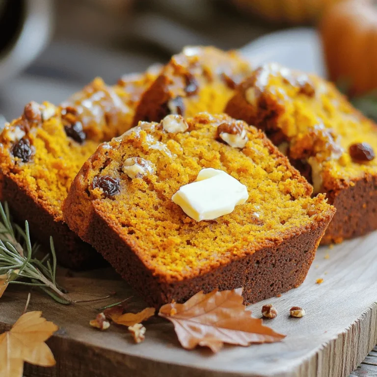 To make classic pumpkin bread, you need a few simple ingredients. Here’s what you’ll need: - 1 cup pumpkin puree (canned or fresh) - ¾ cup granulated sugar - ½ cup brown sugar, packed - ½ cup vegetable oil - 3 large eggs - 2 cups all-purpose flour - 1 teaspoon baking soda - ½ teaspoon baking powder - ½ teaspoon salt - 1 teaspoon ground cinnamon - ½ teaspoon ground nutmeg - ¼ teaspoon ground ginger - ¼ teaspoon ground cloves - 1 cup chopped walnuts or pecans (optional) - ½ cup raisins or chocolate chips (optional) Each ingredient plays a key role. The pumpkin puree adds moisture and flavor. The sugars sweeten the bread and help it brown. Eggs help bind everything together. Baking soda and baking powder create the rise, while spices bring warmth and depth to the taste. You can add nuts or chocolate chips for extra texture. If you want to dive deeper into the process, check the Full Recipe to get all the steps in detail. - Preheat your oven to 350°F (175°C) and prepare the loaf pan. You can grease it or line it with parchment paper. - In a large bowl, combine the wet ingredients: 1 cup of pumpkin puree, ¾ cup of granulated sugar, ½ cup of brown sugar, and ½ cup of vegetable oil. Mix well. - In another bowl, mix the dry ingredients: 2 cups of all-purpose flour, 1 teaspoon of baking soda, ½ teaspoon of baking powder, ½ teaspoon of salt, and the spices: 1 teaspoon of ground cinnamon, ½ teaspoon of ground nutmeg, ¼ teaspoon of ground ginger, and ¼ teaspoon of ground cloves. - Gradually add the dry ingredients into the wet mixture. Stir gently until just combined. Do not overmix. - If you want to add extra flavor, fold in 1 cup of chopped walnuts or pecans and ½ cup of raisins or chocolate chips. - Pour the batter into the prepared loaf pan. Smooth the top with a spatula. - Bake in the preheated oven for 60-70 minutes. Insert a toothpick into the center to check for doneness. If it comes out clean, the bread is ready to enjoy! For the Full Recipe, refer back to the ingredients list above. When making pumpkin bread, keep a few key points in mind. First, do not overmix the batter. Overmixing makes the bread dense and tough. Mix just until you see no dry flour. Second, bake at 350°F (175°C) for 60-70 minutes. This temperature ensures the bread cooks through without burning. Classic pumpkin bread is delightful warm or at room temperature. Slice it thick and serve it with butter. You can also add a sprinkle of cinnamon on top for an extra kick. For a fun twist, pair it with cream cheese or honey. It makes a great snack or breakfast treat! To keep your pumpkin bread fresh, wrap it in plastic wrap or foil. Store it at room temperature for up to three days. If you want to keep it longer, freeze it. Slice the bread first, then wrap each piece. To reheat, place a slice in the microwave for about 15 seconds. Enjoy the warmth and flavor again! You can find the Full Recipe above. {{image_2}} You can easily change the flavor of your pumpkin bread. Adding extra spices makes a big difference. Try using allspice, cardamom, or even a pinch of cayenne for some heat. Each spice brings a new taste to the bread. Nuts add great texture too. You can use walnuts or pecans. If you want a sweeter touch, add chocolate chips or raisins. Each mix-in gives a unique twist. Play around until you find your favorite blend! If you need gluten-free options, use a gluten-free flour blend. This works well and keeps the bread moist. For a vegan version, swap eggs with flax eggs or applesauce. Replace the oil with applesauce or a plant-based oil. You can still enjoy this bread without any animal products. Pumpkin bread is not just for breakfast. You can turn it into a delicious dessert. Slice it, and layer it with cream cheese frosting. Add some caramel sauce for extra sweetness. You can also toast slices and serve them with ice cream. This gives a warm and cool contrast that is delightful. Enjoy your classic pumpkin bread in new and fun ways! What is the best way to make pumpkin puree at home? To make pumpkin puree, cut a small pumpkin in half. Scoop out the seeds and strings. Roast the halves face down on a baking sheet at 350°F for about 45 minutes. Once soft, let it cool, then scoop out the flesh and blend until smooth. This gives you fresh, creamy pumpkin puree for your bread. Can I use other types of sugar substitutes? Yes, you can use coconut sugar or maple syrup instead of granulated sugar. Just keep in mind that the texture might change slightly. If using liquid sweeteners, reduce other liquids slightly to maintain the right batter consistency. How do I know when my pumpkin bread is done? To check if your pumpkin bread is done, insert a toothpick into the center. If it comes out clean or with a few moist crumbs, it's ready. The edges should pull away from the pan slightly, and the top should be a deep golden-brown. Can I use applesauce instead of oil? Yes, you can use unsweetened applesauce instead of vegetable oil. This swap makes the bread moist and adds a hint of apple flavor. Use the same amount, but be aware that the bread might be a bit denser. What are alternatives for eggs in this recipe? If you want to skip the eggs, try using flaxseed meal or chia seeds. Mix 1 tablespoon of flaxseed meal or chia seeds with 3 tablespoons of water. Let it sit for about 5 minutes until it thickens. This will help bind the ingredients together. How long does pumpkin bread last at room temperature? Pumpkin bread lasts about 3 to 4 days at room temperature. Make sure to store it in an airtight container to keep it fresh. If you notice it getting too dry, try wrapping it in plastic wrap. Can I freeze pumpkin bread? Yes, you can freeze pumpkin bread! Wrap it tightly in plastic wrap and then in aluminum foil. It can last for about 3 months in the freezer. To enjoy, simply thaw it overnight in the fridge or at room temperature. To make classic pumpkin bread, you need some key ingredients. Gather these items: - 1 cup pumpkin puree (canned or fresh) - ¾ cup granulated sugar - ½ cup brown sugar, packed - ½ cup vegetable oil - 3 large eggs - 2 cups all-purpose flour - 1 teaspoon baking soda - ½ teaspoon baking powder - ½ teaspoon salt - 1 teaspoon ground cinnamon - ½ teaspoon ground nutmeg - ¼ teaspoon ground ginger - ¼ teaspoon ground cloves - 1 cup chopped walnuts or pecans (optional) - ½ cup raisins or chocolate chips (optional) Start by preheating your oven to 350°F (175°C). Grease a 9x5-inch loaf pan. In a large bowl, mix the pumpkin puree, sugars, and oil. Add the eggs one at a time. In another bowl, sift the dry ingredients. Combine the dry mix with the wet mix gently. If you want, fold in nuts or chocolate chips for extra flavor. Pour the batter into the pan and bake for 60-70 minutes. Check with a toothpick; it should come out clean. Let it cool for about 10 minutes in the pan, then move it to a wire rack. For a special touch, serve your pumpkin bread warm with butter and a sprinkle of cinnamon. Feel free to refer to the full recipe for more details. Enjoy this delightful treat! This recipe for pumpkin bread is simple and fun. We covered all the key ingredients, from pumpkin puree to spices and optional add-ins. You learned how to mix and bake the batter for perfect results. Remember the tips for great flavor and texture. You can even make tasty variations or dietary changes. Enjoy your homemade pumpkin bread fresh or stored for later. You now have everything you need to create a warm, delicious treat. Enjoy and share this recipe with others!