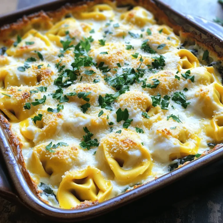 - 12 oz cheese tortellini (fresh or frozen) - 2 cups Alfredo sauce (store-bought or homemade) - 1 cup heavy cream - 1 cup shredded mozzarella cheese - 1 cup grated parmesan cheese - 1 cup baby spinach, chopped - 1 teaspoon garlic powder - 1 teaspoon Italian seasoning - Salt and pepper to taste - Fresh parsley, chopped (for garnish) For those with special diets, you can swap the cheese tortellini for whole wheat or gluten-free options. You can also use low-fat Alfredo sauce if you want a lighter dish. Choosing the right tortellini makes a big difference. Fresh tortellini has a softer texture and cooks quickly. If you go for frozen, make sure to check the package for cooking times. They may need an extra minute to reach the perfect tenderness. When it comes to Alfredo sauce, quality matters. Homemade sauce can elevate the dish. If you're short on time, a good store-bought option works well too. Just ensure it has a rich, creamy taste. You want that comfort food vibe, right? Start by preheating your oven to 375°F (190°C). This temperature is perfect for baking your dish and getting that cheese nice and bubbly. When it comes to tortellini, you have two choices: fresh or frozen. If you use fresh tortellini, cook it according to the package until it's al dente. This usually takes about 3-5 minutes. For frozen tortellini, boil it for an extra minute longer, around 6-7 minutes. Drain the tortellini well and set it aside. Next, let's make the creamy sauce. In a mixing bowl, combine the Alfredo sauce, heavy cream, garlic powder, and Italian seasoning. Stir these ingredients together until they blend well. This step is key for a smooth sauce. Taste the mixture and add salt and pepper to your liking. Don't be afraid to adjust the seasoning for your taste. Now, it’s time to combine everything. In a large mixing bowl, add the cooked tortellini and chopped spinach. Pour in the sauce mixture. When folding the ingredients together, be gentle. You want the tortellini to be well-coated but not broken apart. Even distribution is important, so make sure the spinach and sauce mix throughout the tortellini for a uniform bake. Transfer the mixture into a greased 9x13 inch baking dish. Spread it out evenly to ensure proper cooking. Now, sprinkle the shredded mozzarella and grated parmesan cheese on top. Place the baking dish in the preheated oven. Bake for 25-30 minutes. Keep an eye on it! You want the cheese to melt and turn golden brown. A golden top means your Cheesy Alfredo Tortellini Bake is ready to impress. For the richest and creamiest bake, use half-and-half instead of heavy cream. This swap keeps the dish creamy but light. You can also mix in some cream cheese for added richness. For cheese, I love using a blend of mozzarella and gouda. This combination gives a velvety texture and a nice flavor. One big mistake is overcooking the tortellini. This can make them mushy and ruin the dish. Always cook them until they are al dente. Another mistake is skipping the cooling time after baking. Letting it cool for a few minutes helps set the dish. This makes serving easier and helps it hold together better. Serve this bake with a fresh side salad for a crisp contrast. Garlic bread also pairs well, adding a nice crunch. For drinks, a light white wine or sparkling water complements it perfectly. To garnish, sprinkle some fresh parsley on top just before serving. This adds color and freshness to your dish. For more ideas, check the Full Recipe and explore other tasty pairings. {{image_2}} For a tasty vegetarian twist, you can add colorful veggies. Consider using: - Bell peppers - Zucchini - Mushrooms - Broccoli These veggies add both flavor and nutrition. They also create a nice crunch. If you want to use plant-based cheese, try brands like almond or cashew cheese. They melt well and still taste great. Adding protein can make the dish heartier. You can use: - Cooked chicken - Shrimp - Italian sausage For chicken, cube and sauté it until golden. For shrimp, cook it until pink. If you use sausage, crumble and fully cook it before adding. Each protein type adds its own unique flavor. Spice up your Cheesy Alfredo Tortellini Bake with fresh herbs. Consider adding: - Basil - Oregano - Thyme These herbs work well with the creamy sauce. You can also mix in different sauces. Try a sun-dried tomato sauce or pesto to add a new taste. These small changes can make your dish stand out. For the full recipe, visit the section on Ingredients. To keep your Cheesy Alfredo Tortellini Bake fresh, store it in an airtight container. This will help prevent drying out and keep flavors intact. If you don’t have a container, wrap it tightly with plastic wrap or aluminum foil. In the fridge, it stays good for about 3 to 4 days. Just make sure it cools before sealing it up. When reheating, you can use either the oven or the microwave. For the oven, preheat it to 350°F (175°C). Place the bake in a dish covered with foil. Heat for about 20 minutes, or until hot. This keeps the texture nice. If you opt for the microwave, use a microwave-safe dish. Heat in short bursts of 1 minute, stirring each time. This helps avoid sogginess and keeps the cheese creamy. You can freeze the Cheesy Alfredo Tortellini Bake if you want to save some for later. Let it cool completely first, then wrap it tightly with plastic wrap and foil. It can last for about 2 to 3 months in the freezer. To reheat from frozen, thaw it in the fridge overnight and then use the oven method mentioned above. This way, you get a warm, cheesy meal ready to enjoy! For the full recipe, check out the notes above. Yes, you can make this dish ahead of time. Prepare the bake as usual, but stop before baking. Cover the dish and store it in the fridge for up to 24 hours. When ready to bake, preheat the oven and add an extra 10-15 minutes to the baking time. This helps ensure that it heats through properly. Absolutely! Homemade Alfredo sauce adds a personal touch. You can make a simple one using butter, heavy cream, garlic, and parmesan cheese. This gives the dish a fresh flavor that store-bought sauces may not match. If you want a recipe, check out some online options that suit your taste. For the best flavor, I recommend using a mix of mozzarella and parmesan cheese. Mozzarella melts well, giving a nice gooey texture. Parmesan adds a rich, nutty flavor. You can also try other cheeses like gouda or fontina for a twist. Just choose what you love! Look for a bubbly, golden top. The cheese should be melted and slightly browned. You can also insert a knife into the center. If it comes out hot, your bake is ready. Let it cool for a few minutes before serving. Enjoy the rich and creamy delight of your Cheesy Alfredo Tortellini Bake! The Cheesy Alfredo Tortellini Bake combines fresh ingredients and easy methods for a delicious meal. Remember to follow the prep tips for perfect results. You can swap ingredients to match dietary needs or try new flavors. With simple storage and reheating methods, leftovers last longer. Enjoy the creamy goodness with your favorite sides! By using the tips and variations, you can make this dish your own. Enjoy crafting this tasty bake and impress those you share it with!