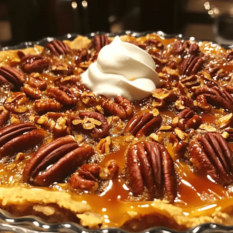 To make Pecan Pie Dump Cake, you need the following items: - 1 cup chopped pecans - 1 cup brown sugar - 1/2 cup granulated sugar - 1 cup butter, melted - 1 cup all-purpose flour - 1 cup vanilla cake mix - 4 large eggs - 1 cup milk - 1 tablespoon vanilla extract - 1 teaspoon baking powder - Pinch of salt When you gather your ingredients, pay attention to the measurements. You can swap some items if needed. For the butter, you can use margarine. If you want a lighter cake, try using applesauce for half of the butter. Use coconut sugar in place of brown sugar for a different taste, or try maple syrup for a fun twist. If you are allergic to nuts, just leave out the pecans. You can also add chocolate chips instead for a sweet touch. If you prefer gluten-free, use a gluten-free flour blend and a gluten-free cake mix. Quality matters in baking. I recommend using fresh eggs and real vanilla extract. Fresh eggs make a big difference in texture and taste. Look for unsalted butter for the best flavor control. Choose a good brand of vanilla cake mix to ensure it rises well and tastes great. For pecans, buy raw or lightly toasted ones. Toasting them just before use brings out more flavor, making your cake extra special. For the full recipe, you can check out the detailed instructions. First, set your oven to 350°F (175°C). This is the perfect temperature for baking. Next, take a 9x13 inch baking dish. Grease it well with butter or cooking spray. This step ensures that your cake comes out easily after baking. Grab a large mixing bowl. Combine the granulated sugar, brown sugar, and melted butter. Stir these ingredients until they blend well together. Then, add the eggs, milk, and vanilla extract to the bowl. Mix everything until it’s smooth and creamy. In a separate bowl, sift together the flour, baking powder, and a pinch of salt. Gradually fold this dry mix into the wet mixture. Be gentle and do not over mix. You want to keep the cake light and fluffy. Now, pour the batter into your greased baking dish. Spread it evenly with a spatula. Then, sprinkle the chopped pecans evenly over the top of the batter. Next, take the cake mix and sprinkle it over the pecans. Do not stir this layer. For added richness, drizzle any leftover melted butter on top. This will give your cake a nice golden color. Now, place the baking dish in the oven. Bake for 45 to 50 minutes. You’ll know it’s done when the top is golden brown and a toothpick inserted comes out clean. Let it cool for 10 to 15 minutes before serving. Enjoy this delightful Pecan Pie Dump Cake! For the complete recipe, check out the Full Recipe link. To get the right texture for your Pecan Pie Dump Cake, follow these tips: - Use room temperature ingredients. This helps them mix better. - Do not over mix the batter. Stir just until combined for a fluffier cake. - Check your oven temp. An oven thermometer can help ensure it’s accurate. - Tap the baking dish gently before baking. This helps remove air bubbles. Here are some common mistakes that can ruin your cake: - Skipping the greasing. Always grease your baking dish to prevent sticking. - Overbaking. Keep an eye on the time. Bake until golden brown. - Mixing in the cake mix. Remember not to stir it after sprinkling it on top. - Not cooling before serving. Let it cool for at least 10-15 minutes. Serving your Pecan Pie Dump Cake right can enhance its taste: - Serve warm. It tastes best when it’s still warm from the oven. - Add whipped cream. A dollop on top adds creaminess and flavor. - Try a scoop of ice cream. Vanilla pairs well with the warm cake. - Garnish with chopped pecans. This adds crunch and looks nice. For the complete recipe, check out the Full Recipe. {{image_2}} You can make your pecan pie dump cake even tastier! Try adding chocolate chips. They melt and mix in well. You can also use caramel sauce for a sweet twist. For a nutty touch, mix in some walnuts with the pecans. If you want a lighter dessert, try using a sugar substitute like stevia or erythritol. This makes it delicious without the extra sugar. If you need gluten-free options, use almond flour instead of all-purpose flour. It gives a nice texture and flavor. You can also swap the cake mix for gluten-free cake mix. This way, everyone can enjoy this treat. For a dairy-free version, use coconut oil instead of butter. Replace milk with almond or oat milk for a creamy finish. How you serve pecan pie dump cake can make it special. Serve it warm with whipped cream on top. A scoop of vanilla ice cream works great too. Drizzle some chocolate or caramel sauce over the cake for added richness. You can also sprinkle extra chopped pecans for crunch. This dessert is sure to impress your guests! For the full recipe, check out the details above. To keep your Pecan Pie Dump Cake fresh, store it in an airtight container. This helps keep moisture in while keeping out air. If you don’t have a container, wrap the cake with plastic wrap. Make sure it’s snug. Storing it in the fridge helps it last longer, especially if you won’t eat it all at once. When you want to enjoy leftovers, reheating is simple. Preheat your oven to 350°F (175°C). Place a piece of the cake in an oven-safe dish. Cover it with foil to keep it from drying out. Heat for about 10-15 minutes, or until warm. You can also use the microwave. Just heat for 20-30 seconds. Add a scoop of ice cream or whipped cream for a special treat! Pecan Pie Dump Cake lasts for about 4-5 days in the fridge. If you want to keep it longer, freezing is a great option. Cut the cake into pieces and wrap each slice in plastic wrap. Then, place them in a freezer-safe bag. It can stay frozen for up to 3 months. When you’re ready to eat, thaw it in the fridge overnight before reheating. This way, you can enjoy this delightful dessert anytime! Pecan Pie Dump Cake lasts about four days in the fridge. Store it in an airtight container. Keeping it cool helps maintain its flavor and texture. If you want to enjoy it longer, freeze it. Wrap it tightly in plastic wrap and foil. It can last up to three months in the freezer. Just remember to thaw it in the fridge before you serve it. Yes, you can make Pecan Pie Dump Cake ahead of time. You have two options. You can bake it fully and store it in the fridge. Or, you can prepare the batter and store it before baking. If you choose the second option, bake it fresh when you are ready. This gives you the best taste and texture. The best toppings for Pecan Pie Dump Cake add flavor and texture. Here are some great options: - Whipped cream - Vanilla ice cream - Caramel sauce - Chocolate drizzle - Extra chopped pecans Each topping brings something unique to the dish. Experiment with different combinations to find your favorite! For the full recipe, check out the details above. This blog post covered everything about making Pecan Pie Dump Cake. We explored ingredients, measurements, and good quality options. You learned step-by-step instructions to bake it perfectly. Tips helped you avoid common mistakes and serve it well. Lastly, we shared variations, storage tips, and frequently asked questions. Enjoy baking this treat. With these ideas, you can impress family and friends with ease. Happy baking!