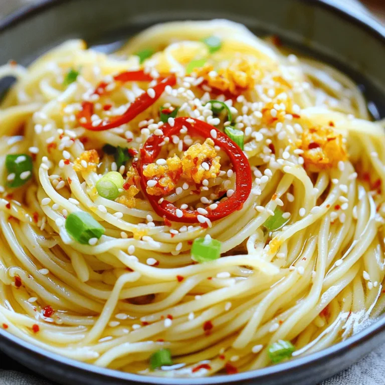 - 8 oz (225g) fresh noodles or your choice of pasta - 4 tablespoons olive oil - 6 cloves garlic, thinly sliced - 1-2 red chili peppers, sliced (adjust for desired heat) - 1 teaspoon red pepper flakes - 2 tablespoons soy sauce - 1 tablespoon sesame oil - 2 green onions, finely chopped - 1 tablespoon toasted sesame seeds - Salt, to taste For this dish, fresh noodles work best, but any pasta will do. I love using fresh noodles because they soak up flavor better. Olive oil is key for the chili oil base. Choose a good quality olive oil for the best taste. Garlic adds a rich flavor, and six cloves give it a nice punch. Chili peppers bring heat, and you can adjust the number based on how spicy you want it. I recommend starting with one pepper if you prefer mild. Red pepper flakes add an extra kick, so use them wisely! Next, soy sauce and sesame oil deepen the flavors. Green onions and sesame seeds offer a fresh crunch and a hint of nuttiness. Finally, salt is your friend in balancing the flavors. Use it to taste for the perfect balance. To start, bring a pot of water to a boil. Add a good pinch of salt. This step helps season the noodles as they cook. If you are using fresh noodles, cook them for about 2-3 minutes. If you use dried noodles, check the package for cooking times. Once cooked, drain the noodles and set them aside. Next, grab a large skillet and heat the olive oil over medium heat. Once the oil is hot, add the sliced garlic and chili peppers. Sauté these for 2-3 minutes. You want the garlic to turn golden but not burnt. The smell will be amazing! Now, it’s time to add more flavor. Sprinkle in the red pepper flakes, soy sauce, and sesame oil. Stir everything well and let it simmer for about one minute. This helps the flavors mix. Then, add the cooked noodles to the skillet. Toss them in the skillet until they are fully coated with the chili oil and spices. Adjust the salt to taste. Finally, it’s time to make your dish look great. Serve the noodles in a large shallow bowl. Drizzle some extra chili oil on top. Then, sprinkle with chopped green onions and toasted sesame seeds. This adds color and crunch. You can pair these noodles with some grilled chicken or sautéed veggies for a full meal. To get the best garlic taste, slice the garlic thinly. This helps it cook evenly. I like to use a sharp knife for this. Thin slices turn golden quickly. If you chop it too thick, it might burn and taste bitter. Timing is key to avoid burnt garlic. Cook the garlic in olive oil over medium heat. When it turns golden, it’s ready. This usually takes about 2-3 minutes. Watch it closely, so it doesn’t burn. For a good kick, use fresh red chili peppers. I like Thai or Fresno chilies for this dish. They add a nice heat that’s not too overwhelming. Slice them thin and add to the oil when cooking. If you prefer less heat, reduce the number of chili peppers. You can also remove the seeds. For a milder flavor, use more red pepper flakes or skip them. Adjusting these ingredients lets you control the spice. These noodles pair well with proteins like chicken, shrimp, or tofu. You can add cooked veggies like bell peppers or snap peas for more color and crunch. To make it a complete meal, serve it with a side salad or steamed rice. You can also top the noodles with a fried egg for extra protein. This adds richness and makes the dish even more satisfying. {{image_2}} For a vegetarian dish, you can swap out meat or seafood. Try adding mushrooms, tofu, or tempeh. These ingredients bring great taste and texture. You can sauté them with garlic and chili oil for extra flavor. If you want to boost the plant-based aspect, add vegetables like bell peppers, carrots, or snap peas. They add crunch and color. You can also use edamame for protein. If you need a gluten-free meal, choose gluten-free noodles or pasta. Rice noodles or quinoa pasta work well. Cook them just like regular noodles. For sauces, check your soy sauce. Many brands offer gluten-free options. You can also use tamari as a great alternative. It has a similar flavor without gluten. To change the flavor, add different herbs or spices. Fresh basil or cilantro can give it a nice twist. You can sprinkle some lime juice for a bright finish. Explore using alternative oils too. Peanut oil or avocado oil can give unique tastes. You can even try infused oils for more layers of flavor. After you finish your meal, let the noodles cool down. Place them in an airtight container. This keeps them fresh in the fridge. Store them in the refrigerator for up to three days. You can reheat the noodles in two ways: the microwave or a skillet. For the microwave, put the noodles in a bowl and cover them loosely. Heat for about one minute. Stir and check if they are warm enough. For a skillet, add a splash of water and heat over medium heat. Stir often to avoid overcooking the noodles. You want them hot, not mushy. You can freeze the noodles too! Make sure they are completely cool. Place them in a freezer-safe container or bag. Remove as much air as you can. This helps prevent freezer burn. You can freeze them for up to three months. When you are ready to eat, thaw them in the fridge overnight. Reheat using the skillet method for the best taste. To make garlic chili oil, you need just a few ingredients. Start with ½ cup of olive oil. Heat it in a pan over medium heat. Add 4-6 cloves of sliced garlic. Cook until golden, about 2 minutes. Then, add 1-2 sliced red chili peppers and 1 teaspoon of red pepper flakes. Stir it well and let it simmer for 1-2 minutes. Your garlic chili oil is ready! Yes, you can use dried noodles. Just follow these steps: Boil a pot of salted water. Add your dried noodles and cook them according to the package. This usually takes about 6-8 minutes. Drain the noodles and add them to the chili oil mix. They will soak up the flavors nicely. These noodles pair well with many sides. Try serving them with: - Grilled chicken or shrimp - Steamed broccoli or bok choy - A fresh salad with cucumber and sesame dressing - Soft-boiled eggs for extra protein These options add balance to your meal. To lower the heat, try these tips: - Use fewer chili peppers or red pepper flakes. - Add more soy sauce or sesame oil to balance the spice. - Mix in some cooked vegetables like carrots or bell peppers. These changes will help make the dish milder while keeping it tasty. This blog post covered how to make garlic chili oil noodles. You learned about key ingredients like fresh noodles, garlic, and chili peppers. I shared tips for cooking and garnishing your dish to elevate its flavor. You can adapt the recipe for dietary needs and learn to store your leftovers properly. Enjoy experimenting with different ingredients and flavors. Cooking should be fun, so don’t be afraid to make it your own!