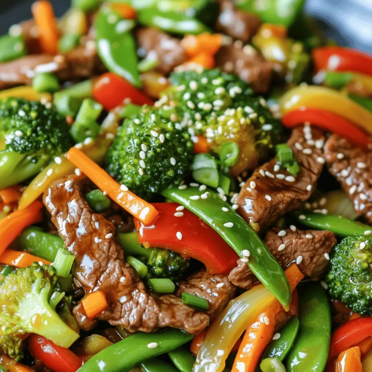 The main ingredients for a perfect Minute Beef Veggie Stir Fry include: - 1 pound beef sirloin, thinly sliced against the grain - 2 cups broccoli florets - 1 red bell pepper, sliced - 1 carrot, julienned - 1 cup snap peas, trimmed These ingredients come together to create a tasty and colorful dish. The beef provides protein, while the veggies add crunch and color. To add flavor, you will need these seasonings and sauces: - 3 tablespoons soy sauce - 2 tablespoons sesame oil - 1 tablespoon hoisin sauce - 4 cloves garlic, minced - 1 tablespoon fresh ginger, grated - 1 teaspoon red pepper flakes (adjust to taste) - Salt and pepper to taste These seasonings elevate the dish. The soy sauce and hoisin sauce give it a sweet and savory taste. For a final touch, consider these optional garnishes: - 3 green onions, chopped - Sesame seeds (optional, for garnish) These garnishes add a pop of color and extra flavor. Green onions bring freshness, while sesame seeds add a nice crunch. Start by preparing the beef. Take 1 pound of thinly sliced beef sirloin. Put it in a bowl. Add 1 tablespoon of soy sauce and a pinch of black pepper. Mix well. Let the beef marinate while you prepare the veggies. This helps the beef soak up the flavors. Next, heat a large wok or non-stick skillet. Use medium-high heat for this. Add 1 tablespoon of sesame oil to the pan. Wait until the oil is hot. Now, add the marinated beef in a single layer. Sear the beef for about 2 to 3 minutes. You want it to turn brown. Once it’s done, remove the beef and set it aside. In the same pan, add the remaining 1 tablespoon of sesame oil. Now, toss in 4 cloves of minced garlic and 1 tablespoon of grated ginger. Sauté these for about 30 seconds. You want them to smell nice. Then, add 2 cups of broccoli florets, 1 sliced red bell pepper, 1 julienned carrot, and 1 cup of snap peas. Stir fry these for about 3 to 4 minutes. The veggies should be tender-crisp. Now, it’s time to bring it all together. Return the cooked beef to the pan. Add the remaining soy sauce, 1 tablespoon of hoisin sauce, and a teaspoon of red pepper flakes. Mix everything well. Cook for another 2 minutes. This lets the sauce coat the beef and veggies. Remove the pan from heat. For the final touch, garnish your stir fry with 3 chopped green onions. If you like, you can sprinkle some sesame seeds on top too. This adds a nice crunch and looks great! When picking beef for stir fry, sirloin is a top choice. It has a nice balance of flavor and tenderness. It also cooks quickly, making it perfect for this dish. Other cuts, like flank steak, can work too, but they may need more time to cook. Look for beef with a bright red color and some marbling. This marbling gives flavor and keeps the meat juicy. Avoid cuts that look gray or have too much fat. To get those crisp veggies, timing is key. Start by heating your pan until it’s really hot. This helps the veggies cook fast without getting soggy. Add garlic and ginger first for flavor, then toss in your broccoli, bell pepper, carrot, and snap peas. Stir fry them for about three to four minutes. You want them tender but still bright and crisp. Keep stirring to cook them evenly. If they look dull or limp, you’ve cooked them too long! Making this stir fry your own is easy. Soy sauce gives a salty base, but you can change it up. Add more hoisin sauce for sweetness or red pepper flakes for heat. If you like it spicy, try adding a dash of sriracha. You can also use different sauces like teriyaki or sweet chili. Just taste as you go. This lets you find the flavor that you love. Don't be afraid to experiment! {{image_2}} You can switch the beef for other proteins. Chicken is a great choice. It cooks fast and stays juicy. Tofu works well for a plant-based meal. Press it to remove water for better texture. Shrimp is another fun option. Just cook until they turn pink. Each option brings a unique taste to the dish. Feel free to change up the veggies. Bell peppers add sweetness and color. Zucchini brings a nice crunch and moisture. Bok choy is a flavorful green that cooks quickly. You can also add mushrooms for an earthy taste. Each vegetable swap changes the stir fry's flavor and texture. Try different sauces to mix things up. Teriyaki sauce adds a sweet and savory touch. Sweet chili sauce gives a spicy kick. You can also use oyster sauce for a rich flavor. Experimenting with sauces can make each meal unique. Just remember to balance flavors for the best taste. After you make the Minute Beef Veggie Stir Fry, let it cool first. Store it in an airtight container. This keeps the dish fresh and tasty. You can keep it in the fridge for up to three days. Make sure you label the container with the date. This way, you won't forget how long it has been. To reheat, use a pan on medium heat. Add a splash of water or broth to keep it moist. Stir it often to heat evenly. This helps keep the beef juicy and the veggies crisp. Avoid using the microwave if you want to keep the texture nice. If you use the microwave, do it on low power and stir halfway through. You can freeze the stir fry if you want to save some for later. Place it in a freezer-safe bag or container. Squeeze out as much air as you can. This prevents freezer burn. When you’re ready to eat, thaw it overnight in the fridge. Reheat it in a pan as mentioned above for the best results. Minute Beef Veggie Stir Fry can last for about three to four days in the fridge. To store it, place the stir fry in an airtight container. This keeps it fresh and tasty. If you want to enjoy it later, be sure to cool it down first. This helps preserve its flavor and texture. When you’re ready to eat, just reheat it on the stove or in the microwave. Yes, you can make this recipe ahead of time. Prep the beef and veggies and store them separately in the fridge. This will save time for busy nights. You can marinate the beef a few hours before cooking. Just keep it in the fridge until you are ready to stir fry. This helps the flavors to soak in. When you’re ready to cook, follow the steps as usual for a quick meal. You can make this stir fry gluten-free easily. Use gluten-free soy sauce instead of regular soy sauce. Many brands offer this option. Also, check the hoisin sauce label to make sure it is gluten-free. With these swaps, you can enjoy a tasty stir fry that fits your diet. Always read labels to ensure the ingredients meet your needs. This blog post covered making a tasty Minute Beef Veggie Stir Fry. I shared the key ingredients, like beef sirloin and fresh vegetables, along with seasonings that bring flavor. I provided step-by-step cooking tips and clever ways to store leftovers. As you try this stir fry, remember you can customize it to your taste. Enjoy experimenting with different proteins or sauces! With practice, you’ll master this dish and delight your family. Happy cooking!