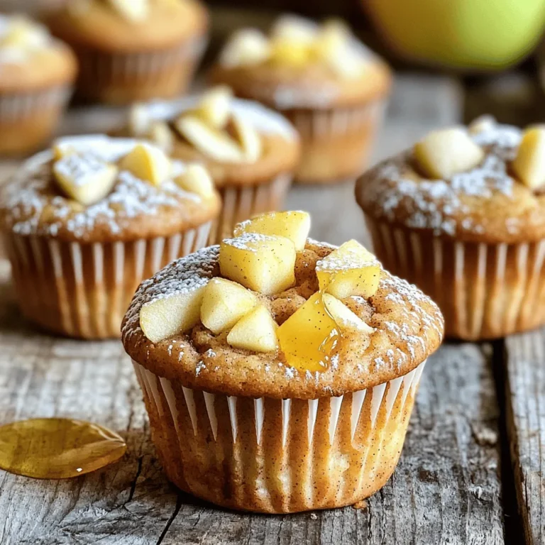 To make Apple Cinnamon Muffins, you need the following items: - 2 cups all-purpose flour - 1 cup granulated sugar - 1 tablespoon baking powder - 1 teaspoon baking soda - 1 teaspoon ground cinnamon - 1/2 teaspoon salt - 1 cup buttermilk (or milk with 1 tablespoon lemon juice added) - 2 large eggs - 1/2 cup unsalted butter, melted - 2 cups finely chopped apples (about 2 medium apples) - 1 teaspoon vanilla extract - Optional: 1/2 cup chopped walnuts or pecans These ingredients create a tasty treat that fills your kitchen with warm aroma. You can easily swap some ingredients if needed. Here are a few options: - Use whole wheat flour instead of all-purpose flour for a nuttier flavor. - Substitute brown sugar for granulated sugar to add a hint of molasses. - If you lack buttermilk, mix regular milk with a tablespoon of lemon juice or vinegar. - For a dairy-free option, use almond or oat milk with lemon juice. Adding extras can make your muffins even better. Consider these options: - Mix in 1/2 cup of chopped nuts for crunch. - Add 1/2 cup of raisins or dried cranberries for sweetness. - Spice it up with a pinch of nutmeg or ginger for warmth. These options let you customize your muffins to suit your taste. Enjoy experimenting with flavors! 1. Preheat the oven to 350°F (175°C). This helps your muffins rise and bake evenly. 2. Prepare your muffin tin by lining it with paper liners or lightly greasing it. This prevents the muffins from sticking. 3. In a large bowl, whisk together these dry ingredients: - 2 cups all-purpose flour - 1 cup granulated sugar - 1 tablespoon baking powder - 1 teaspoon baking soda - 1 teaspoon ground cinnamon - 1/2 teaspoon salt 4. In another bowl, mix the wet ingredients until smooth: - 1 cup buttermilk (or milk with 1 tablespoon lemon juice) - 2 large eggs - 1/2 cup melted unsalted butter - 1 teaspoon vanilla extract 5. Combine the wet and dry ingredients. Pour the wet mix into the dry mix. Gently fold until just combined. Be careful not to overmix! 6. Add the chopped apples. Fold in 2 cups of finely chopped apples and nuts if you want. This adds texture and flavor. 1. Fill the muffin cups. Using a scoop or spoon, fill each cup about 3/4 full with batter. This gives them space to rise. 2. Bake in your preheated oven for 18-20 minutes. Keep an eye on them! 3. Check for doneness by inserting a toothpick into the center of a muffin. If it comes out clean, they are done. 4. Avoid overbaking. Overbaked muffins can be dry. If they start to brown too much, check them earlier. 5. Cool the muffins in the tin for 5 minutes. Then, move them to wire racks to cool completely. Enjoy the warm smell of apples and cinnamon! How to prevent muffins from sinking: To stop your muffins from sinking, don’t overmix the batter. Mix just until combined. Also, use fresh baking powder and baking soda. Check their dates before you start. Ensuring a moist texture in muffins: Use buttermilk for moisture. It makes muffins soft and fluffy. You can add applesauce or yogurt to enhance moisture too. Always fold in chopped apples gently for the best texture. Techniques for achieving a golden brown top: For a golden top, use melted butter in the batter and brush some on top before baking. Bake at the right temperature, and watch them closely. A light dusting of sugar can also help create a nice crust. Suggestions for adding spices or extracts: You can add nutmeg or ginger for more flavor. A splash of almond extract gives a nice twist too. Just a little goes a long way. Pairing ideas with different types of apples: Use tart apples like Granny Smith for a balance of sweetness. Honeycrisp apples add a sweet crunch. Mix different types for a fun flavor blend. Using nuts or dried fruits: Chop some walnuts or pecans for a crunchy texture. Dried cranberries or raisins work well too. They add a sweet burst with every bite. {{image_2}} You can play with flavors in many ways. One fun idea is to make Apple Cinnamon Oatmeal Muffins. Just add 1 cup of rolled oats to your dry mix. This gives a heartier texture and extra fiber. Another option is Chocolate Chip Apple Muffins. Add 1 cup of chocolate chips when you fold in the apples. The chocolate melts beautifully and pairs well with cinnamon. You can also swap out cinnamon for other spices. Try nutmeg or cardamom for a unique twist. Each spice changes the taste but keeps that warm, cozy feel. Some people need different options. For a gluten-free version, use 2 cups of gluten-free flour instead. This change keeps the muffins tender and tasty. If you want a vegan version, replace the eggs with flax eggs. Mix 1 tablespoon of ground flaxseed with 3 tablespoons of water. Let it sit for a few minutes until it thickens. Use plant-based milk in place of buttermilk too. For those watching their sugar, use natural sweeteners. Replace granulated sugar with honey or maple syrup. This keeps the muffins sweet but a bit healthier. To keep your apple cinnamon muffins fresh, follow these tips: - Cool Completely: Let muffins cool on a wire rack before storing. This prevents moisture buildup, which can make them soggy. - Use Airtight Containers: Place cooled muffins in airtight containers. This helps keep them soft and moist. - Room Temperature: Store muffins at room temperature for up to 3 days. Place a paper towel at the bottom for extra moisture control. - Refrigeration: If you need to keep them longer, refrigerate for up to a week. Wrap them in plastic wrap first. For long-term storage, freezing is best: - Freezing Guidelines: Wrap muffins tightly in plastic wrap, then place them in a freezer bag. They can last up to 3 months. - Label and Date: Mark the bags with the date. This way, you’ll know when to enjoy them. To enjoy your leftover muffins, reheating is key: - Oven Method: Preheat the oven to 350°F (175°C). Place muffins on a baking sheet and heat for 10 minutes. This keeps them warm and soft. - Microwave Method: Heat muffins for 15-20 seconds in the microwave. This method is quick but may make them slightly chewier. - Serving Options: Try spreading a little butter or honey on warm muffins for extra flavor. Enjoy them with your favorite drink! Can I use other fruits in this muffin recipe? Yes, you can! Other fruits like pears or berries work well. Just chop them into small pieces. This adds new flavors and keeps the muffins moist. What can I substitute for buttermilk? If you don’t have buttermilk, mix 1 cup of regular milk with 1 tablespoon of lemon juice. Let it sit for five minutes. This will make a great substitute. How to fix muffins that are too dense? If your muffins are dense, you may have overmixed the batter. Gently fold the ingredients together. Also, check your baking powder for freshness. This helps the muffins rise better. How to make muffins without using eggs? You can replace each egg with 1/4 cup of unsweetened applesauce or 1/4 cup of mashed banana. This keeps your muffins moist and adds sweetness. What temperature should muffins be baked at for best results? Bake your muffins at 350°F (175°C). This temperature allows them to cook evenly and rise nicely. Can I double the recipe and freeze half? Absolutely! You can double the recipe and freeze half. Just let the muffins cool completely before freezing. Store them in an airtight container or a freezer bag. In this blog post, I shared how to make delicious Apple Cinnamon Muffins. You learned about necessary ingredients and helpful substitutes. I provided clear steps for mixing and baking. Tips for perfect muffins included storage and reheating advice. Lastly, I offered variations and answers to common questions. Remember, baking is all about experimenting and having fun. Don’t hesitate to try new flavors and enjoy your muffins fresh!