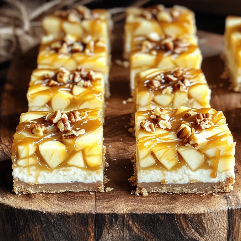 - Graham Cracker Crust Components - 1 ½ cups graham cracker crumbs - ½ cup unsalted butter, melted - 2 tablespoons granulated sugar - Filling Ingredients - 2 (8 oz) packages cream cheese, softened - 1 cup granulated sugar - 2 large eggs - 1 teaspoon vanilla extract - 1 cup apples, peeled, cored, and diced (about 2 medium apples) - 1 teaspoon cinnamon - Topping Options - 1 cup caramel sauce (store-bought or homemade) - ¼ cup chopped pecans (optional) Gather these ingredients before you start. Each one plays a key role in making the bars tasty. The graham cracker crust gives a nice crunch. The cream cheese filling is creamy and smooth. Apples add a sweet touch, while caramel brings everything together. You can also sprinkle pecans on top for extra flavor. Make sure your cream cheese is soft. This helps it mix well. Dice the apples small so they blend nicely in the filling. Choose apples you love. Tart apples like Granny Smith work great, or sweeter ones like Fuji are also good. Enjoy the process of mixing these flavors together! First, preheat your oven to 325°F (160°C). Grease a 9x13-inch baking pan with cooking spray or use parchment paper. This helps you remove the bars easily later. In a mixing bowl, combine 1 ½ cups of graham cracker crumbs, ½ cup of melted unsalted butter, and 2 tablespoons of granulated sugar. Mix until the crumbs are well-coated. Press this mixture firmly into the bottom of the pan to form the crust. Bake for 10 minutes, then let it cool slightly. Next, take another bowl and beat 2 packages of softened cream cheese until smooth. Gradually add 1 cup of granulated sugar. Keep mixing until it's fully combined. Now, add 2 large eggs, one at a time. Mix well after each egg. Stir in 1 teaspoon of vanilla extract and keep mixing until smooth. In a separate bowl, toss 1 cup of diced apples with 1 teaspoon of cinnamon. Gently fold the apple mixture into the cream cheese mixture. Pour this creamy apple mix over the cooled crust in the baking pan. Spread it evenly. Drizzle half of the 1 cup of caramel sauce over the cheesecake layer. Use a butter knife to swirl the caramel gently into the top layer. Bake for 30 to 35 minutes or until the center is set and the edges turn golden. Let it cool for about 30 minutes at room temperature. Refrigerate for at least 2 hours until fully chilled. Once chilled, cut into bars. Drizzle the remaining caramel on top. If you like, sprinkle with chopped pecans. Enjoy your delicious treat! When making caramel apple cheesecake bars, avoid overmixing the cream cheese. This can make the texture too airy. Mix just until smooth. Also, don’t skip cooling the crust. A warm crust can cause the filling to melt. Let the crust cool for about 10 minutes before adding the cream cheese mix. Finally, avoid using too many apples. Stick to one cup to keep the bars firm. For creamy bars, use softened cream cheese. Leave it at room temp for at least an hour. This helps it blend smoothly. For the best bite, chill the bars for at least two hours. This lets the filling set well. If you want more richness, add an extra egg. This makes the filling a bit denser and creamier. To serve, cut the bars into even pieces. Drizzle extra caramel on top and sprinkle pecans for a nice crunch. Place the bars on a pretty platter to impress your guests. You can also add a dollop of whipped cream on the side. It adds a creamy touch that pairs well with the bars. {{image_2}} You can change the flavor of your caramel apple cheesecake bars. Adding spices makes a big difference. Try adding nutmeg or allspice for a warm touch. You can also mix in some caramel or toffee bits for an extra sweet bite. If you want a tart twist, add some lemon zest to the cream cheese mix. Each change can give your bars a unique flair. Toppings can elevate your dessert. Chopped nuts like pecans or walnuts add a great crunch. If you want a lighter touch, serve the bars with whipped cream. You can also drizzle more caramel sauce on top for a rich finish. For a fun twist, sprinkle some crushed candy bars or chocolate chips for a delightful contrast. You can easily adapt this recipe for special diets. For a gluten-free crust, use almond flour or gluten-free graham crackers. If you need a dairy-free option, swap cream cheese with a vegan cream cheese alternative. Make sure to check the caramel sauce for dairy ingredients. These swaps keep the flavor while meeting your dietary needs. After you enjoy your caramel apple cheesecake bars, store any leftovers in the fridge. Place them in an airtight container. They will stay fresh for up to five days. Keep the bars covered to prevent them from drying out. If you want to keep them longer, consider freezing. To freeze your cheesecake bars, first, cut them into pieces. Wrap each piece tightly in plastic wrap. Then, place the wrapped bars in a freezer-safe bag or container. They will last for about three months in the freezer. When you're ready to eat them, simply thaw in the fridge overnight. For reheating, I recommend using the oven. Preheat it to 350°F (175°C). Place a bar on a baking sheet and cover it with foil. Heat for about 10-15 minutes, or until warm. This keeps the texture nice and creamy. Avoid using the microwave, as it can make the bars soggy. Enjoy them warm or chilled! Yes, you can use many types of apples. Some great choices are Granny Smith, Honeycrisp, or Fuji. Each apple brings a different taste and texture. Granny Smith adds a nice tartness, while Honeycrisp offers sweetness. Feel free to mix different apples for more flavor! These bars last about 4 to 5 days in the fridge. Keep them in an airtight container to keep them fresh. If you notice any changes in smell or look, it’s best to discard them. Absolutely! You can make these bars up to two days ahead of time. Just store them in the fridge after they cool. This lets the flavors meld together. It’s a great way to save time for a party! If you need a substitute, try using ricotta cheese or Greek yogurt. Both have a creamy texture. You can also use vegan cream cheese if you prefer a plant-based option. Make sure to adjust the sugar since some brands may be sweeter. To make this recipe vegan, use plant-based cream cheese. Replace eggs with flax eggs or applesauce. For the crust, ensure the graham crackers are vegan. Lastly, use vegan caramel sauce or make your own with coconut cream and sugar. You’ll still enjoy a tasty treat! This blog post covered everything you need for apple cream cheese bars. We discussed the ingredients, from the crust to the toppings. You learned step-by-step instructions to prepare, bake, and assemble your bars. We highlighted tips to avoid common mistakes and shared variations for flavor and dietary needs. Remember, the right storage extends their life, so keep those leftovers fresh. You can make these bars ahead of time too! With these tips, you can create a delicious treat that everyone will love. Enjoy baking!
