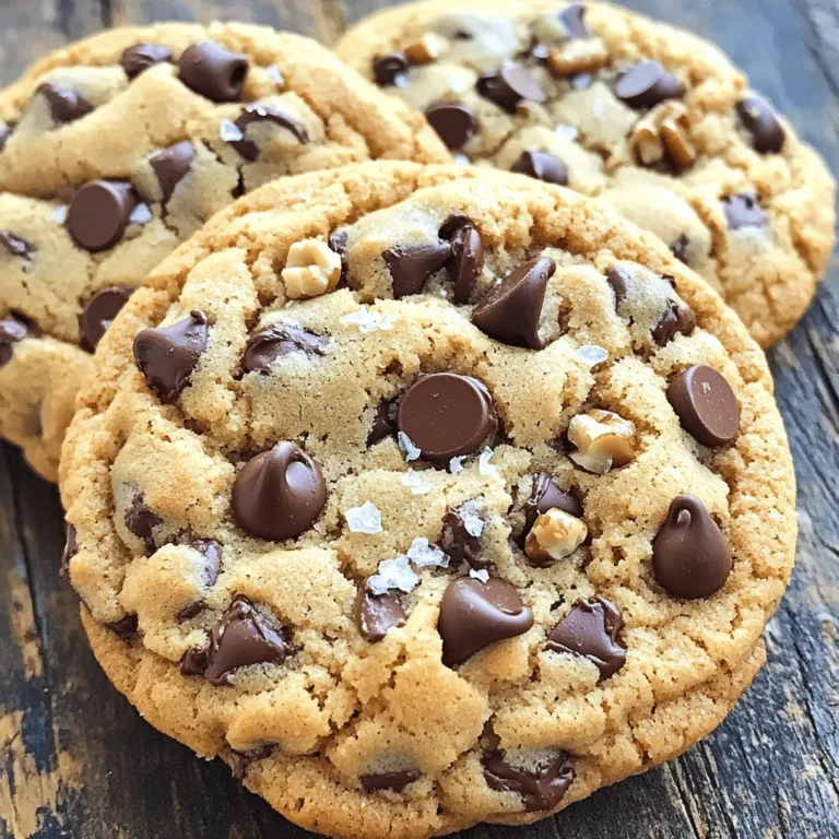 To make Giant Chewy Chocolate Chip Cookies, you need a few simple ingredients. Here’s what you’ll need: - 2 1/4 cups all-purpose flour - 1 teaspoon baking soda - 1/2 teaspoon salt - 3/4 cup unsalted butter, softened - 1 cup brown sugar, packed - 1/2 cup granulated sugar - 1 teaspoon vanilla extract - 2 large eggs - 2 cups semisweet chocolate chips - 1/2 cup chopped walnuts (optional) - Flaky sea salt for garnish Each ingredient plays a key role in making these cookies soft and chewy. The flour gives structure. The baking soda helps them rise. The butter adds moisture and flavor. Brown sugar adds a rich taste, while granulated sugar gives sweetness. Vanilla extract gives warmth, and eggs bind everything together. The chocolate chips are the star, providing gooey pockets of chocolate. Walnuts add a nice crunch, but you can skip them if you prefer. Finally, flaky sea salt on top enhances the flavor, making these cookies truly irresistible! First, preheat your oven to 350°F (175°C). This step warms the oven so your cookies bake evenly. Next, line two baking sheets with parchment paper. The parchment keeps the cookies from sticking and makes cleanup easy. In a medium bowl, whisk together 2 1/4 cups of all-purpose flour, 1 teaspoon of baking soda, and 1/2 teaspoon of salt. This mix adds structure and flavor to your cookies. Set this bowl aside for later use. In a large mixing bowl, cream together 3/4 cup of softened unsalted butter, 1 cup of packed brown sugar, and 1/2 cup of granulated sugar. Beat these together for about 2-3 minutes. You want the mixture to be light and fluffy. This step helps create a soft texture. Next, add 1 teaspoon of vanilla extract to the butter and sugar mix. Then, beat in 2 large eggs, one at a time. Make sure to mix well after each egg. This ensures your cookies have a rich flavor. Gradually add the dry mixture to the wet ingredients. Mix just until combined; do not overmix. Overmixing can make your cookies tough. The dough should look thick and slightly sticky. Now, using a large cookie scoop or a 1/4 cup measuring cup, drop mounds of dough onto the lined baking sheets. Leave enough space between each cookie to allow for spreading. Bake in the preheated oven for 12-15 minutes. The edges should be golden brown while the centers look a bit underbaked. When done, remove the cookies from the oven and sprinkle them with flaky sea salt for an extra pop of flavor. Let the cookies cool on the baking sheets for about 5 minutes. Then, transfer them to a wire rack to cool completely. Enjoy your giant chewy chocolate chip cookies! To get that chewy texture, do not overmix your dough. Overmixing can lead to tough cookies. When you combine the flour with the wet ingredients, mix just until you see no flour. This keeps the cookies soft. Bake your cookies until they are slightly underbaked. This means they should look set but not dry. The edges should be golden brown, while the centers should look a bit soft. They will continue to cook as they cool on the baking sheet. Use a large cookie scoop or a 1/4 cup measuring cup to form your cookies. This gives you giant cookies that are fun to eat. When placing them on the baking sheet, leave space between each dough ball. This allows them to spread and bake evenly. Aim for about 2-3 inches apart. Adding flaky sea salt on top of the cookies after baking boosts flavor. This salt creates a nice contrast to the sweetness. Just a sprinkle on warm cookies makes a big difference. It’s an easy way to elevate your giant chewy chocolate chip cookies! {{image_2}} If you want to make these cookies nut-free, leave out the walnuts. You can still enjoy a rich flavor. The dough stays soft and chewy without nuts. This way, kids and friends with nut allergies can enjoy these treats. Switching up the chocolate chips can change the game. Try dark chocolate chips for a rich taste. White chocolate chips add sweetness and a creamy texture. You can even mix different types for a fun twist. Each choice brings a new flavor to your cookie. To add a personal touch, think about flavor additions. A splash of almond extract gives a nice twist. You can also sprinkle cinnamon into the dough for warmth. These small changes create a unique cookie every time. To keep your cookies fresh, store them in an airtight container. This helps prevent them from drying out. You can also add a slice of bread to keep them soft. The moisture from the bread keeps the cookies chewy. If you want, layer parchment paper between the cookies. This keeps them from sticking together. Keep the container at room temperature. Avoid direct sunlight to keep the cookies tasting great. To freeze cookie dough, scoop the dough onto a baking sheet. Make sure the balls are spaced apart. Freeze them for about two hours or until firm. Then, place the dough balls in a freezer bag. Be sure to label the bag with the date. When you want to bake, take out the desired amount. Bake them straight from the freezer. Just add a minute or two to the baking time. When stored properly, baked cookies last about one week at room temperature. If you freeze them, they can last for up to three months. Use the airtight container or freezer bag to maintain freshness. Always check for any signs of freezer burn before baking. This ensures that your cookies taste as fresh as the day you made them. To get chewy cookies, follow these tips: - Use more brown sugar than white sugar. - Do not overmix the dough. - Bake until the edges are golden and centers are soft. - Let cookies cool slightly on the sheet before moving them. These steps help keep moisture in the cookies. The brown sugar adds moisture and flavor, making your cookies chewy and delicious. Yes, you can make smaller cookies. Here are some adjustments: - Use a smaller cookie scoop or tablespoon. - Reduce baking time to about 8-10 minutes. - Keep an eye on them to avoid overbaking. Smaller cookies will be cute and just as tasty. Just remember that they may bake faster, so check them often. If you need to replace eggs, try these options: - Use 1/4 cup unsweetened applesauce per egg. - Use 1/4 cup mashed banana per egg. - Try 1 tablespoon ground flaxseed mixed with 3 tablespoons water. These substitutes work well and help keep your cookies moist and chewy. They add a slight flavor twist, too! To make gluten-free cookies, you can use these flours: - Almond flour for a nutty flavor. - Oat flour for a hearty texture. - Gluten-free all-purpose flour mix for easy use. When using gluten-free flour, check if it has xanthan gum. This helps bind the ingredients. Follow the same steps, and enjoy your tasty treats! This blog post covers how to bake perfect cookies. You learned about key ingredients like flour, butter, and chocolate chips. We walked through each step, from mixing to baking. Tips on achieving the ideal chewy texture and variations like nut-free options were also shared. Remember to store your cookies properly for freshness. Simple adjustments can make these treats fit anyone’s taste. Enjoy your cookie baking journey and make every bite count!