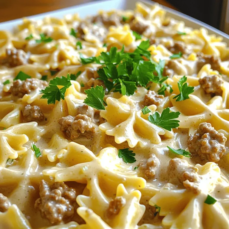 For this creamy Parmesan garlic beef bowtie pasta, you will need: - 8 oz bowtie pasta - 1 lb ground beef - 4 cloves garlic, minced - 1 cup heavy cream - 1 cup shredded Parmesan cheese - 1 cup beef broth - 2 tablespoons olive oil - 1 teaspoon Italian seasoning - Salt and pepper to taste - Chopped fresh parsley for garnish Choosing fresh ingredients makes a difference in taste. Here are some tips: - Bowtie Pasta: Look for brands that use high-quality durum wheat. - Ground Beef: Choose lean beef (80/20) for flavor and less fat. - Garlic: Pick firm, dry bulbs with no soft spots. Fresh garlic has a strong smell. - Heavy Cream: Select cream with a high-fat content for a rich sauce. - Parmesan Cheese: Opt for block cheese to grate fresh. This gives better flavor. - Beef Broth: Use low-sodium broth for more control over salt. If you can’t find an ingredient, here are some substitutes: - Bowtie Pasta: Any pasta shape works, like penne or fusilli. - Ground Beef: Ground turkey or chicken is a leaner option. - Heavy Cream: Substitute half-and-half for a lighter sauce. - Parmesan Cheese: Grana Padano or Pecorino Romano can replace Parmesan. - Beef Broth: Vegetable broth can work if you want a lighter flavor. - Italian Seasoning: Use a mix of dried basil, oregano, and thyme. These tips and alternatives help create a delicious dish, even if you need to swap ingredients! Start by boiling a large pot of salted water. Add 8 oz of bowtie pasta. Cook it according to the package instructions until it is al dente. This usually takes about 8-10 minutes. Once done, drain the pasta and set it aside. It should be firm but soft enough to eat. Next, heat 2 tablespoons of olive oil in a large skillet over medium heat. Add 1 lb of ground beef to the skillet. Cook it for about 5-7 minutes until it turns brown. Use a spatula to break the beef apart. If there is too much fat, drain it off. This step ensures your beef is nice and tasty. Now, it’s time to make the sauce! Stir in 4 cloves of minced garlic into the beef. Cook it for 1-2 minutes. You want it fragrant but not burnt. Then, pour in 1 cup of beef broth and 1 cup of heavy cream. Stir well. Add 1 teaspoon of Italian seasoning, salt, and pepper to taste. Bring this mixture to a simmer and let it cook for about 5 minutes. This will help thicken the sauce. After the sauce thickens, stir in 1 cup of shredded Parmesan cheese. Keep stirring until the cheese melts and the sauce is creamy. Taste it and adjust the seasoning if needed. Finally, add the cooked bowtie pasta to the skillet. Toss everything together until the pasta is well coated in the creamy sauce. Serve this dish hot, topped with chopped fresh parsley for a nice touch! To get great pasta, always use boiling salted water. This step adds flavor. Cook the bowtie pasta until it is al dente. This means it should be firm but not hard. Follow the package instructions for timing. After cooking, drain the pasta well. Toss it with a little olive oil to prevent sticking. To boost the flavor, use fresh garlic. Mince it finely and add it just before the beef is done. This keeps the garlic fragrant. Consider adding a pinch of red pepper flakes for heat. Fresh parsley not only adds color but also freshness. You can also sprinkle extra Parmesan on top for richness. One common mistake is overcooking the pasta. This makes it mushy and less enjoyable. Another is not draining the beef fat. Excess fat can make the sauce greasy. Be careful not to burn the garlic when sautéing. Lastly, always taste and adjust the seasoning before serving. This ensures the flavors pop! {{image_2}} You can easily swap the beef for a plant-based option. Use lentils or mushrooms instead. They bring a rich flavor and a nice texture. You can also try chickpeas for protein. They add a nutty taste and fill you up. Replace the heavy cream with coconut cream for a dairy-free version. This will give you a creamy sauce without the dairy. While bowtie pasta is great, you can use other shapes. Fusilli or rotini works well for holding sauce. Penne or rigatoni is also a good choice. Their hollow shapes catch the creamy sauce nicely. You can even use spaghetti if you prefer long noodles. Just adjust the cooking time based on the pasta type you choose. To change the flavor, try different spices. Add red pepper flakes for heat. You can also use smoked paprika for a smoky taste. Fresh herbs like basil or thyme can brighten up the dish. If you want a tangy twist, add lemon zest or juice. This will lift the flavors and make it refreshing. Mix and match to find your perfect taste! To keep your creamy Parmesan garlic beef bowtie pasta fresh, let it cool. Transfer it to an airtight container. It can stay in the fridge for up to three days. Make sure to seal it tightly to avoid drying out. You can freeze this dish for later. First, cool the pasta completely. Then, place it in a freezer-safe container. It can last in the freezer for up to three months. When ready to enjoy, thaw it in the fridge overnight before reheating. Reheat the pasta on the stove for the best results. Add a splash of beef broth or cream to keep it creamy. Warm it over low heat, stirring often. You can also use the microwave. Heat it in short bursts, stirring in between. This keeps the pasta from drying out. To thicken the sauce, you can add more cheese. Parmesan cheese melts well and adds creaminess. Another way is to let the sauce simmer longer. This reduces the liquid and makes it thicker. If you want a quick fix, mix a bit of cornstarch with water. Stir this into the sauce while it simmers. It will thicken quickly without changing the taste. Yes, you can use different meats. Ground turkey or chicken works great in this recipe. You can also use diced steak or pork. Just adjust the cooking time. Make sure to cook any larger pieces until they are fully done. Each type of meat gives a unique flavor to the dish. This pasta pairs well with many sides. A simple green salad adds freshness. Garlic bread is a classic choice for soaking up the sauce. You can also serve steamed vegetables like broccoli or green beans. They add color and nutrients to your meal. For a fun twist, try serving it with a side of roasted potatoes. Yes, you can prepare it ahead of time. Cook the pasta and sauce separately. Store them in the fridge for up to two days. When ready to eat, combine them in a pan and heat through. You may need to add a splash of cream or broth to loosen it up. This dish tastes great even after a day or two! In this post, we covered every step to make creamy Parmesan garlic beef bowtie pasta. You learned about fresh ingredients, cooking methods, and tasty variations. I shared tips to avoid common mistakes and ensured your dish stands out. Remember, the right ingredients and techniques turn any meal into a delight. Experiment with flavors and enjoy the process of cooking. With these strategies in mind, you can create a dish everyone will love.