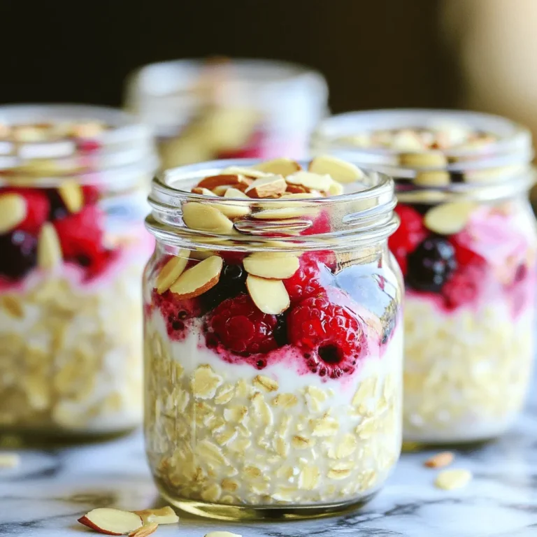 To make these tasty overnight oats, you will need: - 1 cup rolled oats - 1 cup almond milk (or any milk of your choice) - 1 tablespoon chia seeds - 1 tablespoon almond butter - 1 tablespoon maple syrup (optional for sweetness) - 1/2 teaspoon vanilla extract - 1/2 cup mixed berries (blueberries, strawberries, raspberries) - 1 tablespoon sliced almonds (for topping) - A pinch of salt These ingredients come together to create a creamy and satisfying breakfast. The oats provide fiber, while the chia seeds add omega-3s. Almond butter gives it a nutty flavor and protein boost. You can change this recipe to fit your taste. Here are some fun ideas: - Swap almond milk for coconut or soy milk. - Use honey or agave syrup instead of maple syrup. - Add a scoop of protein powder for extra nutrition. - Mix in spices like cinnamon or nutmeg for warmth. - Try different nuts or seeds, like walnuts or pumpkin seeds. Feel free to experiment and find your favorite mix! Each serving offers a healthy balance of nutrients. Here’s what you get: - Calories: Around 300 - Protein: 8 grams - Carbohydrates: 45 grams - Fiber: 10 grams - Sugars: 8 grams (with maple syrup) - Fats: 10 grams These oats not only taste great but also fuel your body. They keep you full and ready for the day ahead. Enjoy your morning with this simple and healthy treat! To make your Dreamy Berry Almond Overnight Oats, start with a medium mixing bowl. Add 1 cup of rolled oats, 1 tablespoon of chia seeds, and a pinch of salt to the bowl. Stir these dry ingredients together. Make sure they mix well. This blend gives your oats texture and nutrition. In another bowl, whisk together 1 cup of almond milk, 1 tablespoon of almond butter, 1 tablespoon of maple syrup, and 1/2 teaspoon of vanilla extract. Mix until smooth. Pour this wet mixture over the dry ingredients. Stir it all together until everything is well combined. Be gentle when you fold in 1/2 cup of mixed berries. Set aside a few berries for later. This adds a pop of color and flavor. Now, divide the mixture into two airtight containers or jars. Seal them tightly and place them in the fridge. Let them chill overnight or for at least 4 hours. This step is key! It allows the oats to soak up the liquid. In the morning, stir the oats well. If they are too thick, add a splash more almond milk. This will help you reach your desired consistency. Top each serving with the reserved berries and sliced almonds. Enjoy your healthy breakfast! To make the best overnight oats, measure your oats and liquid correctly. Use one cup of rolled oats with one cup of almond milk. This ratio gives you a creamy texture. Mix your dry and wet ingredients well. This helps all flavors blend. Adding a pinch of salt enhances sweetness. Let the mixture sit overnight so it absorbs all the liquid. You can use many types of milk for your oats. Almond milk is great, but try oat milk, coconut milk, or soy milk. Each milk adds its own flavor. For a richer taste, use full-fat coconut milk. For a nut-free option, stick with oat or soy milk. This way, you can find your perfect match. Consistency is key for delicious overnight oats. If your oats are too thick, add a splash more milk. Stir well to mix. If they are too runny, add more oats or chia seeds. Chia seeds help thicken the oats as they soak. Aim for a creamy, smooth texture that is easy to eat. You want a satisfying bite without any dryness. {{image_2}} You can switch up your fruit for fun flavors. Here are some great ideas: - Bananas: Mash ripe bananas for a creamy texture. - Peaches: Use fresh or canned peaches for a sweet bite. - Apples: Chop apples and add cinnamon for a fall feel. - Pineapple: Add crushed pineapple for a tropical twist. Mixing different fruits keeps your breakfast exciting. Try them all to find your favorite! Nuts and seeds can change your oat game. Here are some easy swaps: - Peanut Butter: Swap almond butter for peanut butter for a rich taste. - Walnuts: Use chopped walnuts for a nice crunch. - Pumpkin Seeds: Replace chia seeds with pumpkin seeds for a nutty flavor. - Sunflower Seeds: Add sunflower seeds for a crunchy touch and extra nutrients. These swaps can add protein and healthy fats to your meal. You can infuse your oats with fun flavors. Here are some simple ideas: - Cocoa Powder: Add a tablespoon for a chocolatey treat. - Coconut Flakes: Stir in shredded coconut for a tropical vibe. - Matcha Powder: Use matcha for a green boost; it’s full of antioxidants. - Spices: Add cinnamon or nutmeg for warmth and depth. These flavored oats will keep you excited for breakfast each day! To keep your overnight oats fresh, use airtight containers or jars. This helps prevent spills and keeps them from drying out. Always seal the containers tightly after filling them. If you have leftovers, refrigerate them right away. Overnight oats can last in the fridge for up to five days. The oats absorb liquid and soften over time. For the best taste, enjoy them within three days. Check for any off smells or changes in texture before eating. If they look dry, add a splash of almond milk to revive them. If you prefer warm oats, you can reheat them. Pour the oats into a microwave-safe bowl. Heat them for about 30 seconds. Stir and check the temperature. If they need more warmth, heat in 10-second bursts until hot. You can also add a little almond milk while reheating for a creamy finish. Yes, you can use quick oats. They absorb liquid faster than rolled oats. This means your oats may be softer. I prefer rolled oats for their chewy texture. But if you like quick oats, go ahead! To make your oats tastier, try adding different fruits or spices. Cinnamon adds warmth. Nutmeg gives a nice flavor too. You can mix in yogurt for creaminess. A splash of juice can also boost flavor. Experiment with toppings like nuts or seeds for crunch! No, it is not necessary to add sweetener. The berries provide natural sweetness. However, if you like sweeter oats, add a bit of maple syrup or honey. Start with a small amount and taste as you go. Adjust to your liking! Dreamy berry almond overnight oats are easy to make and full of flavor. We covered the key ingredients, preparation steps, and helpful tips to create the perfect dish. Remember, you can customize them with your favorite fruits and nuts. Store your oats properly to keep them fresh. With these insights, you can enjoy a tasty and nutritious breakfast each day. I hope you feel inspired to try this simple recipe and make it your own!