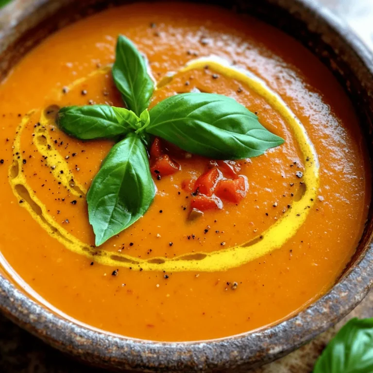 - 4 large red bell peppers, roasted and skin removed - 1 can (14 oz) diced tomatoes - 1 medium onion, chopped - 3 cloves garlic, minced - 4 cups vegetable broth - 1 cup heavy cream (or coconut cream for a dairy-free option) - 2 tablespoons olive oil - 1 teaspoon smoked paprika - Salt and pepper to taste - Fresh basil leaves for garnish If you need to swap ingredients, here are some easy choices: - Red bell peppers: You can use yellow or orange bell peppers for a sweeter taste. - Heavy cream: Coconut cream works well for a dairy-free option. You may also use cashew cream for a nutty flavor. - Vegetable broth: Chicken broth can replace vegetable broth if you prefer a non-vegetarian option. - Smoked paprika: Regular paprika or cayenne pepper can add heat, but the flavor will change. This soup provides a rich blend of nutrients. Here’s a breakdown per serving: - Calories: Approximately 300 - Protein: 5g - Fat: 20g (varies with cream choice) - Carbohydrates: 30g - Fiber: 5g This soup is hearty, satisfying, and full of vitamins from the peppers and tomatoes. It’s a great choice for a cozy meal. First, we need to roast the red peppers. Start by preheating your oven to 450°F (232°C). Place four large red bell peppers on a baking sheet. Roast them for about 20-25 minutes. Look for charred and blistered skins. This step adds a deep, smoky flavor to the soup. After roasting, remove the peppers from the oven. Cover them with foil for about 10 minutes. This steaming process helps loosen the skins. Once they cool, peel off the skins and remove the seeds. You will end up with sweet, flavorful peppers that will shine in your soup. Next, we will build the soup's base. In a large pot, heat two tablespoons of olive oil over medium heat. Add one chopped medium onion. Sauté for 5-7 minutes until it turns translucent. This step adds sweetness to the soup. Then, stir in three minced garlic cloves. Cook for one more minute until fragrant. The garlic will bring a wonderful aroma. Now, add the roasted red peppers, a 14 oz can of diced tomatoes (with their juices), and four cups of vegetable broth. Don’t forget one teaspoon of smoked paprika! Bring everything to a boil. Once boiling, reduce the heat and let it simmer for 15 minutes. This allows the flavors to mix and deepen. After simmering, it's time to blend the soup. Use an immersion blender or transfer the mixture to a regular blender. Blend until the soup is smooth and creamy. Return the blended soup to the pot. Now, stir in one cup of heavy cream. If you want a dairy-free option, use coconut cream instead. Season with salt and pepper to taste. Heat the soup gently until warmed through, but avoid boiling it. This step keeps the soup creamy. Finally, serve it hot and garnish with fresh basil leaves. This adds a fresh burst of flavor that makes the soup even better. Enjoy! Roasting peppers brings out their sweet flavor. Start by preheating your oven to 450°F. Place the whole red bell peppers on a baking sheet. Roast them for 20 to 25 minutes. You want the skins to be charred and blistered. Once done, cover the peppers with foil for 10 minutes. This step helps them steam and peel easier. After cooling, remove the skins and seeds. This method gives you the best taste for your soup. To make your soup creamy, use heavy cream or coconut cream. Both add richness. Stir it in after blending the soup for a smooth texture. Heat gently, but don’t let it boil. This keeps the cream from curdling. For a lighter option, try using half and half. Adjust the amount based on your taste. Aim for a velvety finish that coats your spoon. Herbs and spices add depth to your soup. Start with smoked paprika for a warm, smoky note. Fresh basil can also brighten the flavors. Add it just before serving for the best taste. Feel free to experiment with dried oregano or thyme for added layers. A pinch of crushed red pepper can kick up the heat if you like spice. Taste as you go, and adjust to make it your own. {{image_2}} To make this soup dairy-free, swap the heavy cream for coconut cream. Coconut cream adds a rich, smooth texture. It also gives a hint of sweetness that pairs well with the peppers. Use the same amount, one cup. This change makes your soup creamy without any dairy. Want to make this soup heartier? You can add protein easily. Chickpeas are a great choice. They add fiber and protein without changing the flavor much. Just add one can of rinsed chickpeas when you add the other ingredients. If you prefer meat, try shredded chicken. It adds flavor and makes the soup filling. Spices can take your soup to the next level. Adding cayenne pepper gives it a nice kick. Use just a pinch to start; you can always add more. For a smokier taste, double the smoked paprika. You could also try cumin for a warm flavor. Experiment with these spices to find your favorite mix! After enjoying your creamy roasted red pepper tomato soup, let it cool. Pour the leftovers into an airtight container. Make sure to seal it well. Store it in the fridge. It will stay fresh for about three to five days. If you want to keep it longer, consider freezing. To reheat your soup, pour it into a pot. Heat it on medium-low. Stir often to avoid sticking. This will help the soup warm evenly. You can also use a microwave. Place the soup in a microwave-safe bowl. Heat it in 30-second bursts, stirring in between. Make sure it is hot all the way through before serving. For freezing, use freezer-safe containers. Leave some space at the top for expansion. The soup can last for up to three months in the freezer. When you’re ready to eat, thaw it in the fridge overnight. Reheat it on the stove or in the microwave. Enjoy the great taste again! Yes, you can use fresh tomatoes. Just chop about 4-5 medium tomatoes. Use them when they are ripe. Cook them down with the other ingredients. This will add a nice, fresh taste. This soup lasts about 3 to 4 days in the fridge. Store it in an airtight container. Make sure it cools down before you put it in the fridge. This keeps it fresh and safe to eat. Absolutely! You can make this soup a day or two ahead. Just store it in the fridge. When ready to eat, simply reheat it on the stove. Stir well to mix in any settled cream. Enjoy it warm and tasty! This blog post shared key details about making a delicious soup. We explored ingredients, substitutions, and nutrition. I provided easy steps for prepping, cooking, and blending. You learned tips for roasting and flavoring your soup. Variations allowed for dairy-free options and added proteins. Finally, we discussed how to store and reheat leftovers. Enjoy your cooking adventure and remember, the process is just as fun as the soup!