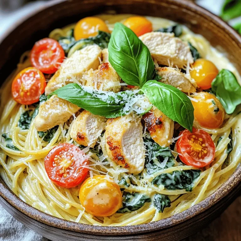 - 300g spaghetti - 2 boneless chicken breasts, sliced - 1 cup heavy cream - 1 cup cooked spinach (fresh or frozen) - 1 cup cherry tomatoes, halved - 2 cloves garlic, minced - 1 teaspoon Italian seasoning - 2 tablespoons olive oil - Salt and pepper to taste - Fresh basil leaves for garnish - Grated Parmesan cheese for serving When I make creamy spaghetti chicken, I focus on fresh, simple ingredients. The spaghetti is the base, giving you that comforting feel. The chicken adds protein and makes the dish hearty. Heavy cream creates a rich sauce that ties everything together. Spinach and cherry tomatoes bring color and nutrition to the mix. Garlic adds a lovely aroma and extra flavor. Italian seasoning gives the dish a warm, herby note. A touch of salt and pepper enhances all these flavors. To finish, I sprinkle fresh basil on top. It adds a burst of freshness. Grated Parmesan cheese gives a salty kick that I can’t resist. These ingredients come together to create a meal that is not only tasty but also satisfying. - Bring a large pot of salted water to a boil. - Cook the spaghetti according to the package instructions until al dente. - Drain the spaghetti and reserve a little pasta water for later. - Heat olive oil in a large skillet over medium heat. - Season the sliced chicken with salt, pepper, and Italian seasoning. - Cook the chicken for about 6-8 minutes until golden brown. - Remove the chicken from the skillet and set it aside. - In the same skillet, add minced garlic and sauté until fragrant. - Pour in the heavy cream and stir, bringing it to a gentle simmer. - Add the cooked spinach and halved cherry tomatoes, thickening the sauce. - Toss the cooked spaghetti and chicken in the creamy sauce. - If the sauce seems too thick, add a splash of the reserved pasta water. - Serve the dish warm, garnished with fresh basil and grated Parmesan cheese. - Use full-fat heavy cream for richness. - Don't rush the simmering process. The cream makes the sauce rich and smooth. Full-fat heavy cream brings a great flavor. It makes the dish feel special. Simmer the sauce slowly. This allows all flavors to blend well. If you rush, the sauce may not thicken right. Take your time, and you will taste the difference. - Avoid overcrowding the pan for even cooking. - Use a meat thermometer for perfect doneness. When cooking chicken, give each piece space. This helps them cook evenly. If you crowd the pan, some pieces will steam instead of sear. A meat thermometer is a great tool. Aim for 165°F to ensure your chicken is safe and moist. This takes the guesswork out of cooking. - Experiment with fresh herbs like thyme or parsley. - Add a pinch of red pepper flakes for heat. Fresh herbs can lift the dish's flavor. Thyme or parsley adds a nice touch. You can also spice things up with red pepper flakes. Just a pinch can add some warmth without overwhelming the dish. Don't be afraid to try new flavors! {{image_2}} You can make a tasty vegetarian version of creamy spaghetti chicken. Just substitute the chicken with grilled vegetables. Think bell peppers, zucchini, and mushrooms. This swap keeps the dish colorful and full of flavor. For the sauce, use plant-based cream instead of heavy cream. This gives you a rich texture without dairy. You still enjoy a creamy dish, perfect for any meal. If you want to change things up, try different proteins. Shrimp or salmon bring a new flavor profile. Both seafood options cook quickly and pair well with the creamy sauce. For a unique twist, add bacon. The crispy bacon gives a nice crunch and adds depth to the dish. Each protein choice allows you to explore new tastes. Switching up the pasta can also enhance your meal. Instead of spaghetti, you can use penne or fusilli. These shapes hold the sauce well, making each bite flavorful. If you prefer gluten-free options, there are many brands available. Whole wheat pasta is another great choice. It adds extra nutrition and a nutty flavor. Experimenting with pasta types keeps the dish fresh and fun. Store leftover creamy spaghetti chicken in an airtight container. This keeps it fresh and tasty. It is best consumed within 3-4 days for optimal freshness. The flavors will still shine, making for a great lunch or quick dinner. If you want to save some for later, freeze portions in freezer-safe containers. This way, you can enjoy it another day. To reheat, thaw overnight in the refrigerator. This helps keep the sauce creamy. When it's time to eat again, reheat on the stovetop over low heat. This method warms it gently. If the sauce thickens, add a splash of cream or pasta water. This keeps your creamy spaghetti chicken just as delicious as before. Follow the step-by-step instructions provided in the recipe. Start by cooking the spaghetti in salted water until it is al dente. Sauté sliced chicken in olive oil until golden and cooked through. Then, add garlic, heavy cream, spinach, and tomatoes to the skillet. Mix in the cooked chicken and spaghetti, tossing everything together. Yes, whole wheat spaghetti makes a healthier alternative. It adds fiber and a nutty flavor. You can use it in the same way as regular spaghetti. Just remember to adjust the cooking time as needed. Pair it with a side salad or garlic bread for a complete meal. A fresh green salad adds crunch and balance. Garlic bread complements the creamy flavors well. You can also add steamed veggies for extra nutrition. Add a bit of cream or reserved pasta water while reheating. This helps to keep the sauce creamy and smooth. Heat it gently on the stovetop, stirring often to avoid sticking. This recipe for creamy spaghetti chicken is simple and delicious. You learned how to cook the pasta and sauté the chicken. We covered the steps to make the creamy sauce with garlic, spinach, and tomatoes. I shared tips for perfecting texture and flavor. You even saw fun variations like using shrimp or a vegetarian option. Now, enjoy making this dish for family or friends. It's sure to impress!