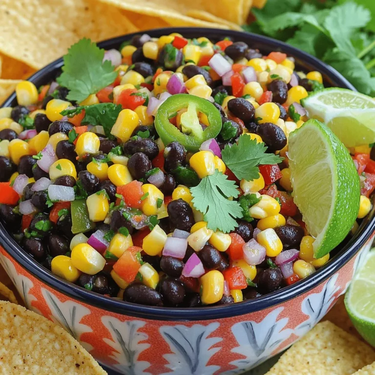 - 1 can (15 oz) black beans, drained and rinsed - 1 cup sweet corn (fresh, frozen, or canned) - 1 medium red bell pepper, diced - 1/2 medium red onion, finely chopped - 1 small jalapeño, deseeded and minced - 1/4 cup fresh cilantro, chopped - Juice of 2 limes - 2 tablespoons olive oil - 1 teaspoon cumin - Salt and black pepper to taste The ingredients for zesty black bean corn salsa are simple yet packed with flavor. I love using black beans because they are hearty and rich in protein. Always drain and rinse them to remove excess sodium. Sweet corn adds a pop of sweetness and color. You can use fresh, frozen, or canned corn; all work great! Red bell peppers give this salsa a vibrant crunch. Make sure to dice them small so they mix well. The red onion adds a sharp bite, while the jalapeño brings a hint of heat. For a milder salsa, remove the seeds from the jalapeño. Fresh cilantro brings a fresh taste. If you aren’t a fan, you can skip it, but I highly recommend it. The lime juice adds brightness and balances the flavors. Olive oil adds richness, while cumin gives a warm, earthy note. Season with salt and black pepper to make those flavors pop. - Selecting ripe vegetables: Look for firm, colorful veggies without blemishes. - Importance of fresh herbs: Fresh herbs give a burst of flavor. Always choose vibrant, green leaves. - Best options for canned vs. fresh beans and corn: Fresh is often best, but canned works in a pinch. Just check for low sodium. Choosing fresh ingredients can make all the difference in your salsa. Enjoy making this tasty treat! For this salsa, follow these time estimates: - Mixing main ingredients: 10 minutes - Whisking the dressing: 5 minutes - Chilling time: 30 minutes You will need these kitchen tools: - A large mixing bowl - A small bowl for the dressing - A whisk or fork - A knife and cutting board 1. In a large mixing bowl, combine the black beans and corn. Make sure to drain and rinse the beans first. 2. Add the diced red bell pepper, chopped red onion, and minced jalapeño to the bowl. Each ingredient adds its unique flavor. 3. Stir in the chopped cilantro. This herb gives the salsa a fresh taste. Next, let's make the dressing: 1. In a small bowl, whisk together the lime juice, olive oil, cumin, salt, and black pepper. Whisk until well mixed. 2. Pour the dressing over the salsa mixture. Gently toss to combine all the ingredients. This helps every bite burst with flavor. Now we need to let it chill: 1. Taste the salsa. Adjust the seasoning with more salt or lime juice if needed. 2. Cover the bowl with plastic wrap. Let it chill in the refrigerator for at least 30 minutes. This step helps the flavors meld together. To finish, adjust the seasoning to your liking. You can add more salt or lime juice for a zesty kick. For a great presentation, serve the salsa in a colorful bowl. Pair it with tortilla chips for a fun dip. You can also use it as a topping for tacos or grilled meats. Garnish with extra cilantro leaves and lime wedges for a bright finish. - Recommended spices to add: Cumin brings warmth. You could also try chili powder for a bit more depth. - Adjusting spiciness levels: If you want more heat, add more jalapeño or some hot sauce. For less spice, remove seeds from the jalapeño. - Overmixing the salsa: Mixing too much can make it mushy. Stir gently to keep it fresh. - Skipping the chilling time: Chilling for at least 30 minutes lets the flavors blend nicely. Don't rush this step. - Best pairings with tortilla chips: This salsa pairs great with crispy tortilla chips. Try it with corn chips for extra crunch. - Using salsa as a topping for protein dishes: Use it on grilled chicken, fish, or tacos. It adds a bright taste to any dish. {{image_2}} You can switch up the black beans with pinto or kidney beans. Both have a nice taste and texture. For extra crunch, add diced cucumbers or chopped carrots. These swaps can give your salsa a fresh twist. To make this salsa vegan, it’s already perfect! Just skip any dairy-based toppings. If you need it gluten-free, rest easy; there’s no gluten here. For low-sodium options, rinse your canned beans well. Use fresh lime juice for flavor without added salt. Want to make your salsa sweeter? Add diced mango or pineapple. These fruits give a nice tropical vibe. You can also try herbs like fresh basil or mint. They add a unique twist and a burst of freshness to your salsa. To store leftovers, place the salsa in an airtight container. Seal it tightly to keep out air. The salsa will stay fresh in the fridge for about 3 to 5 days. Always check for any off smells or changes in texture before eating. You can freeze zesty black bean corn salsa for longer storage. To do this, use a freezer-safe container, leaving some space for expansion. The salsa can last up to 3 months in the freezer. When you are ready to use it, thaw it overnight in the fridge. After thawing, stir well before serving to bring back the flavors. To keep your salsa fresh, avoid moisture buildup. Use a clean spoon each time you serve. This helps to keep bacteria away. If you notice excess liquid, you can drain it before serving. Store the salsa in the coldest part of your fridge. You can keep your homemade salsa in the fridge for about 3 to 5 days. Make sure to store it in an airtight container. If you notice any change in smell or color, it’s best to throw it out. Yes, you can make this salsa ahead of time. In fact, letting it chill in the fridge for a few hours or overnight helps the flavors blend. Just remember to stir it well before serving. This salsa pairs well with tortilla chips. You can also use it as a topping for tacos, grilled chicken, or fish. It adds a fresh and colorful touch to any dish. Absolutely! This salsa is packed with fiber and nutrients. Black beans and corn are great for your health. Plus, fresh veggies and herbs boost the flavor without extra calories. To lower the spice level, remove all seeds from the jalapeño. You can also use less jalapeño or skip it altogether. Adding more corn or tomato helps balance the heat, too. This blog post covered how to make zesty black bean corn salsa using fresh ingredients. I shared tips to pick ripe veggies and herbs. You learned easy preparation steps and how to enhance flavors. I also offered variations for dietary needs and storage tips to keep your salsa fresh. Making this salsa is fun and simple. Enjoy it with chips or as a topping. I hope you try it out and love your creation!