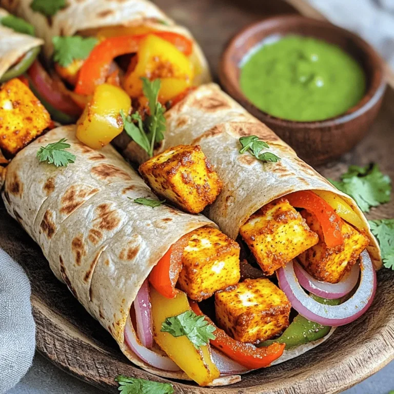 - 250g paneer, cubed - 2 tablespoons tandoori masala - 1 tablespoon yogurt - 1 teaspoon lemon juice - 1 tablespoon olive oil - 1 bell pepper, sliced - 1 onion, sliced - 4 whole wheat tortillas - Fresh coriander leaves, chopped - Salt to taste These main ingredients bring a burst of flavor. The paneer serves as the star, with its soft and creamy texture. Tandoori masala adds spices that excite the taste buds. Yogurt helps tenderize the paneer, making it more delicious. Lemon juice gives a fresh zing, while olive oil ensures the paneer cooks perfectly. - Mint chutney for serving - Additional spices or garnishes Mint chutney adds a cool touch, balancing the spices. You can also use more spices if you want extra heat. Fresh garnishes enhance the look and taste of your wraps. Enjoy experimenting with these options to make it your own! Start by grabbing a bowl. Add 250g of cubed paneer. Next, mix in 2 tablespoons of tandoori masala. This spice blend gives the paneer its bold flavor. Then, add 1 tablespoon of yogurt. The yogurt helps tenderize the paneer. Squeeze in 1 teaspoon of lemon juice for freshness. Drizzle in 1 tablespoon of olive oil to keep it moist. Finally, sprinkle in salt to taste. Stir the mix well to coat the paneer evenly. Let it marinate for at least 30 minutes. This step is key for flavor. While the paneer marinates, it’s time to preheat the air fryer. Set it to 200°C (390°F) and let it warm up for 5 minutes. This ensures even cooking. While waiting, grab a bell pepper and an onion. Slice them up and toss them in a bowl with olive oil and salt. This step adds a nice crunch and flavor to your wraps. Place the marinated paneer into the air fryer basket. Make sure it's in a single layer for best results. Air fry the paneer for 12-15 minutes. Halfway through, shake the basket. This helps the paneer cook evenly and get that nice char on the outside. Once the paneer is golden, take it out of the air fryer. Now, warm up 4 whole wheat tortillas in a pan or microwave. This makes them easier to roll. In the center of each tortilla, add a generous amount of tandoori paneer. Next, sprinkle in the sautéed bell pepper and onion. Top with fresh coriander leaves for a pop of color and flavor. If you like, drizzle some mint chutney on top. This adds a refreshing kick. Finally, fold in the sides of the tortilla and roll it up tightly. Your delicious wraps are ready to enjoy! To get the best flavor, marinate the paneer for at least 30 minutes. This time lets the spices soak into the cheese. If you love heat, add more tandoori masala. For a milder taste, cut back on the spices. Taste your marinade and adjust as needed. For even cooking, spread the paneer in one layer in the air fryer. This helps all sides get crispy. Shake the basket halfway through cooking. This keeps the paneer from sticking and helps it cook evenly. Aim for a golden, slightly charred look. When serving, cut the wraps in half at an angle for a nice look. Place them on a platter. Garnish with fresh coriander leaves on top. You can also add a small bowl of mint chutney for dipping. This adds a refreshing touch. Try pairing these wraps with a side salad or a cool drink like lemonade. {{image_2}} You can switch paneer for other proteins. Chicken works great and adds a nice flavor. Tofu is a good plant-based choice. If you use chicken, cook it until it reaches 75°C (165°F). Tofu needs less time. Just air fry it for about 10-12 minutes. Adjust cooking times based on what you choose. This way, you get tasty wraps every time. Want to add more flavor? Try using extra spices! A pinch of cumin or paprika gives a nice kick. You can also mix in garlic powder for depth. For sauces, think about using yogurt sauce or spicy mayo. These will elevate your wraps. Feel free to get creative with flavors that excite you! Don’t forget about veggies! You can add spinach or zucchini for freshness. Try seasonal produce like asparagus in spring or butternut squash in fall. These ingredients not only taste great but also add color to your wraps. Experiment with any veggie you love for a healthy twist! To keep your Air Fryer Tandoori Paneer Wraps fresh, store them in airtight containers. If you have wrapped leftovers, place them in a container right away. For unwrapped items, layer them with parchment paper to prevent sticking. Use glass or plastic containers with tight lids for best results. You can reheat your wraps in the air fryer or oven. For the air fryer, set it to 180°C (350°F) and heat for about 5-7 minutes. This method keeps the wraps crispy. If using an oven, preheat it to the same temperature and reheat for 10-12 minutes. Avoid sogginess by placing the wraps on a baking sheet. To freeze your wraps, let them cool completely. Wrap each one tightly in plastic wrap or foil. Then, place them in a freezer-safe bag. They can stay fresh for up to three months. When you’re ready to eat, thaw them in the fridge overnight. Reheat as mentioned before to enjoy a warm meal. Yes, you can make these wraps vegan. Use tofu instead of paneer. Tofu absorbs flavors well and gives a nice texture. For yogurt, use a plant-based yogurt. Coconut or almond yogurt works great. These swaps keep the flavors while making it vegan. Tandoori Paneer Wraps pair well with fresh side dishes. Consider serving a crisp salad or diced cucumber for a refreshing bite. You can also offer dips like mint chutney or yogurt sauce for added flavor. They complement the wraps perfectly. You should marinate the paneer for at least 30 minutes. This time allows the spices to soak into the paneer. For the best flavor, aim for one to two hours. The longer you marinate, the richer the taste will be. Yes, a traditional oven works too! Preheat the oven to 200°C (390°F). Spread the marinated paneer on a baking sheet. Bake for 15-20 minutes, flipping halfway. This ensures even cooking and a nice char on the paneer. These Air Fryer Tandoori Paneer Wraps are easy to make and packed with flavor. You learned how to marinate the paneer and cook it to crispy perfection. We covered various ingredients, tips for cooking, and serving ideas. Experiment with different proteins and veggies to suit your taste. You can enjoy leftovers later or freeze extras for busy days. Now, you're ready to impress with these tasty wraps!