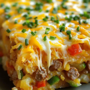 - 1 pound breakfast sausage - 4 cups frozen hashbrowns - 6 large eggs - 2 cups shredded cheddar cheese To create a hearty and flavorful base for your casserole, start with these main ingredients. The breakfast sausage adds richness, while the hashbrowns provide a satisfying texture. Eggs bind everything together, and cheddar cheese gives it a deliciously cheesy finish. - Diced bell peppers - Diced onion - Garlic powder and onion powder - Salt and pepper Next, we add vegetables and seasonings. Diced bell peppers and onions bring color and flavor. The garlic and onion powders enhance the taste without adding extra prep time. Salt and pepper balance the flavors, making every bite enjoyable. - Fresh chives, chopped For a fresh touch, consider adding chopped chives. They not only look pretty but also add a mild onion flavor. This simple garnish makes a big difference in presentation and taste. 1. Preheat your oven. Set it to 350°F (175°C). This step is key for even cooking. 2. Prepare your baking dish. Grease a 9x13 inch dish with cooking spray. This helps the casserole come out easily. 3. Cook the breakfast sausage. In a large skillet, cook 1 pound of sausage over medium heat. Break it apart with a spatula. Cook until it's browned. If there is extra fat, remove it. 4. Sauté the vegetables. Add 1 small diced onion and 1 cup of diced bell peppers to the skillet. Cook for about 5 minutes. Stir until they soften. 1. Layer the ingredients. In the greased baking dish, spread half of the 4 cups of thawed hashbrowns on the bottom. 2. Add the sausage and veggies. Top the hashbrowns with the cooked sausage and vegetable mix. 3. Pour the egg mixture. In a bowl, beat 6 large eggs with 1 cup of milk. Add 1 teaspoon each of garlic powder and onion powder, and season with salt and pepper. Pour half of this mixture over the sausage and veggies. 4. Add cheese. Sprinkle half of the 2 cups of shredded cheddar cheese on top. Then, layer the rest of the hashbrowns on top. 5. Finish the layers. Pour the remaining egg mixture over the hashbrowns. Add the rest of the cheddar cheese on top. 1. Cover and bake. Cover the dish with aluminum foil and bake for 30 minutes. This keeps the moisture in. 2. Uncover and finish baking. After 30 minutes, take off the foil. Bake for another 15-20 minutes. The cheese should be bubbly, and the center should be set. 3. Cool and serve. Let it cool for a few minutes before slicing. Garnish with chopped fresh chives if you like. Choosing the right sausage type matters for flavor. You can pick mild or spicy sausage based on your taste. If you want more heat, go for spicy. For a milder dish, use mild sausage. To ensure even cooking, break the sausage apart while it cooks. Stir it often to avoid clumps. This method helps the sausage cook through evenly. Also, remember to sauté your vegetables until soft. This step adds great flavor and helps with cooking later. You can add spices or herbs to enhance your casserole. Try mixing in some paprika or Italian seasoning for extra depth. Fresh herbs like thyme or parsley can bring a bright taste. If you want to add more veggies, diced tomatoes or spinach work well. You can also mix in different meats like bacon or ham. Just remember to adjust cooking times if you add raw meat. This casserole pairs well with fresh fruit or a green salad. A light side balances the richness of the dish. You can also serve it with toast or muffins for a full breakfast spread. It works great for brunch or family gatherings. Just slice it up and let everyone serve themselves. This dish is perfect for sharing and makes mornings special. {{image_2}} You can switch up the cheese for fun. Try pepper jack for a kick. Or use mozzarella for a milder taste. You can even mix cheeses for unique flavors. If you need it gluten-free, look for gluten-free hashbrowns. Most brands offer this option, so check the labels. For a vegetarian twist, skip the sausage. Use mushrooms or extra veggies instead. Spinach, zucchini, or diced tomatoes can work well. If you're watching carbs, use cauliflower rice instead of hashbrowns. It gives a similar texture without the carbs. Want to use a slow cooker? Just brown the sausage first. Then layer the ingredients in the slow cooker. Cook on low for about 6 hours or high for 3 hours. If you prefer the Instant Pot, brown the sausage using the sauté function. Then add the rest and cook on high pressure for 10 minutes. Quick and easy! To store leftovers, let the casserole cool first. Cover it tightly with plastic wrap or aluminum foil. You can also place it in an airtight container. This will keep it fresh for up to four days. When reheating, preheat your oven to 350°F (175°C). Place the casserole in the oven for about 15 to 20 minutes. You can also reheat individual portions in the microwave for 2 to 3 minutes. You can freeze this dish for longer storage. Consider freezing individual portions for easy meals later. To do this, cut the casserole into squares and wrap each piece tightly. If you prefer, freeze the whole casserole in a freezer-safe dish. Make sure it is well covered. For thawing, move it to the fridge overnight. To reheat, bake in the oven at 350°F (175°C) for about 30 to 40 minutes, or until heated through. In the fridge, this casserole lasts about four days. If you freeze it, it can stay good for up to three months. Always check for any signs of spoilage before eating. If it smells off or looks strange, it is best to throw it away. How do I know when the casserole is done? You can tell the casserole is done when the cheese bubbles and the center is firm. The edges should be slightly golden. A toothpick inserted in the middle should come out clean. Can I prepare this dish in advance? Yes, you can prepare it a day ahead. Assemble the casserole, cover it, and place it in the fridge overnight. Bake it the next morning, adding a few extra minutes to the cooking time. What are the nutritional benefits of the ingredients? This casserole packs protein from the eggs and sausage. The hashbrowns offer carbs for energy. Bell peppers and onions add fiber and vitamins. Cheese gives calcium, while chives add flavor and nutrients. How can I make it healthier? You can use turkey or chicken sausage for less fat. Swap regular cheese for low-fat cheese. Add more veggies like spinach or mushrooms for extra nutrients. You can also use whole grain hashbrowns. What drinks pair well with sausage hashbrown casserole? Coffee is a classic choice for breakfast. Fresh orange juice adds a bright flavor. You can also enjoy a light tea or even a mimosa for a special touch. Can I serve it with sides like fruit or salad? Absolutely! Fresh fruit like berries or sliced apples adds a sweet touch. A light salad can balance the rich flavors. Try a simple green salad with a lemon vinaigrette for a refreshing side. This blog shared a simple, tasty sausage hashbrown casserole recipe. We covered key ingredients, prep steps, and baking tips. Customization options let you make it your own. Plus, we looked at storage methods and answered common questions. In conclusion, this casserole is perfect for breakfast gatherings. Its easy steps and options let anyone enjoy cooking. Try out this recipe and impress your friends and family with a delicious meal.