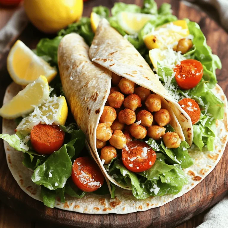 To make crispy chickpea Caesar salad wraps, you need a few simple ingredients. Here’s what you’ll need: - 1 can (15 oz) chickpeas, drained and rinsed - 2 tablespoons olive oil - 1 teaspoon garlic powder - 1 teaspoon smoked paprika - Salt and pepper, to taste - 1 cup romaine lettuce, chopped - 1/2 cup cherry tomatoes, halved - 1/4 cup Parmesan cheese, grated (or nutritional yeast for a vegan option) - 1/4 cup Caesar dressing (store-bought or homemade) - 4 large whole wheat wraps or tortillas You can switch up the cheese if you want it to be vegan. Use nutritional yeast instead of Parmesan cheese. For the wraps, you can choose whole wheat or opt for gluten-free tortillas. This way, you can cater to different diets and preferences. The chickpeas provide protein, while the fresh veggies add crunch and flavor. Enjoy customizing your wraps to fit your taste! Start by preheating your oven to 400°F (200°C). This temperature is key for roasting. It helps the chickpeas get crispy. A hot oven ensures even cooking and a golden finish. Next, drain and rinse the chickpeas from the can. Spread them on a baking sheet lined with parchment paper. Drizzle 2 tablespoons of olive oil over them. Then, add 1 teaspoon of garlic powder, 1 teaspoon of smoked paprika, and salt and pepper to taste. Toss the chickpeas well to coat them evenly. Roast for 20 to 25 minutes. Shake the pan halfway through to ensure they cook evenly. Look for a crispy texture and a nice golden color. While the chickpeas roast, grab a large bowl. Add 1 cup of chopped romaine lettuce and 1/2 cup of halved cherry tomatoes. If you like, sprinkle in 1/4 cup of grated Parmesan cheese or nutritional yeast for a vegan option. Pour in 1/4 cup of Caesar dressing. Toss everything gently to coat the salad well. Once the chickpeas are crispy, take them out and let them cool for a few minutes. Take a large whole wheat wrap and lay it flat. Place a generous portion of the Caesar salad mixture in the center. Top it with a handful of crispy chickpeas. To wrap it up, fold in the sides and roll tightly from the bottom. Cut the wraps in half and place them on a plate. For a nice touch, serve with extra Caesar dressing on the side. You can also add lemon wedges for extra flavor and a pretty look. To get crispy chickpeas, avoid using wet chickpeas. Always drain and rinse them well. Pat them dry with a towel before cooking. This helps them crisp up. Use enough oil but not too much; two tablespoons is great. If they do not crisp, try roasting them longer or at a higher heat. Remember to shake the pan halfway through. This helps them cook evenly. If you want to make your own Caesar dressing, it’s easy! Mix together these simple ingredients: - 1/4 cup mayonnaise - 2 tablespoons lemon juice - 1 teaspoon Dijon mustard - 1 clove garlic, minced - Salt and pepper to taste This mix gives you a fresh, creamy dressing. You can adjust the flavors to fit your taste. For a vegan option, use silken tofu instead of mayo. Blend it with lemon juice, garlic, and a pinch of salt for a smooth texture. Make your wrap unique by adding more ingredients. Try adding sliced avocado for creaminess. You can also throw in some diced cucumbers for crunch. Want more protein? Add grilled chicken or tofu. For spice, sprinkle in some crushed red pepper flakes. Fresh herbs like basil or cilantro can boost flavor too. Mix and match to create your perfect wrap! {{image_2}} You can switch up the chickpeas for other proteins. If you want a meaty wrap, try grilled chicken or turkey. For a plant-based option, use tofu or tempeh. These proteins can add flavor and texture. You can marinate them before cooking for extra taste. Change the salad based on the season. In spring, add fresh peas or asparagus. For summer, use cucumbers or bell peppers for crunch. In fall, try roasted squash or apples for sweetness. In winter, add kale or shredded carrots for a hearty bite. Tailoring your wrap keeps it fresh and exciting. If you need gluten-free wraps, look for corn tortillas or lettuce leaves. You can also find gluten-free whole wheat wraps at stores. For the Caesar dressing, choose a gluten-free brand or make your own. Mixing Greek yogurt with lemon juice and garlic makes a tasty dressing. These swaps let everyone enjoy the wraps without worry. To store leftover wraps, place them in an airtight container. This keeps them fresh in the fridge for up to three days. If you need to store them longer, freeze the wraps. Wrap each one in plastic wrap, then place them in a freezer bag. They can last for up to three months in the freezer. Just remember, the longer you store them, the softer they may get. When you want to reheat your wraps, do it in an oven or a toaster oven. Set it to 350°F (175°C). This helps keep the wraps crispy. Heat them for about 10 minutes or until warm. Avoid using a microwave, as it can make the wraps chewy. Store any leftover chickpeas in a sealed container in the fridge. They stay fresh for about three to four days. If you have extra Caesar dressing, keep it in the fridge too. It can last for up to a week. For the lettuce, wrap it in a damp paper towel and place it in a plastic bag. This keeps it crisp for several days. If you have grated cheese, store it in an airtight container in the fridge for up to a week. Yes, you can. To prep ahead, roast the chickpeas and store them in an airtight container. Chop the lettuce and tomatoes and keep them in the fridge. Wrap everything in a tortilla when you are ready to eat. This way, your meal stays fresh and quick. If you want a different protein, try black beans or lentils. These choices mix well with the Caesar flavors. You can also use shredded chicken or tofu for a heartier wrap. To make it gluten-free, use gluten-free wraps or tortillas. Check the dressing to ensure it’s gluten-free too. You can make your own dressing using gluten-free ingredients. Absolutely! You can use spinach or kale for a twist. Butter lettuce adds a nice crunch. Each type gives a unique flavor and texture to your wrap. This blog post covered how to make tasty wraps with roasted chickpeas. We explored the right ingredients, from salad mix to wraps. You learned how to roast chickpeas for extra crispiness and assemble your wraps. Tips helped you customize the recipe to your taste, ensuring great meals every time. Remember, you can adapt this recipe with seasonal flavors or different proteins. Enjoy your cooking adventure and create wraps that suit your style!