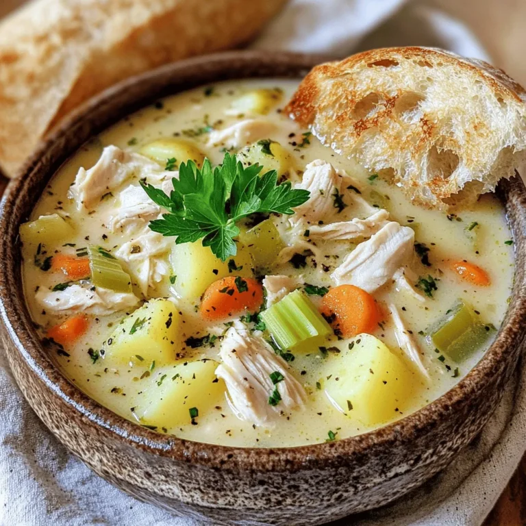 To make Cozy Chicken Potato Soup, you need simple yet fresh ingredients. Here is what you'll need: - 2 boneless, skinless chicken breasts, diced - 4 medium potatoes, peeled and diced - 1 cup carrots, diced - 1 cup celery, diced - 1 medium onion, chopped - 4 cloves garlic, minced - 6 cups chicken broth - 1 cup heavy cream - 2 tablespoons olive oil These ingredients come together to create a warm and hearty soup. The chicken adds protein, while potatoes and veggies give it body. Seasoning makes or breaks the soup. Here are the key flavor boosters: - 1 teaspoon dried thyme - 1 teaspoon smoked paprika - Salt and pepper to taste Thyme adds a nice earthiness, while smoked paprika gives a hint of warmth. Adjust salt and pepper to your liking. Adding these spices enhances the soup's flavor profile. Garnishes elevate the presentation and taste. I recommend: - Fresh parsley, chopped Sprinkling freshly chopped parsley on top adds color and freshness. It makes the soup look inviting and adds a burst of flavor with each bite. Pair your soup with crusty bread for dipping. Start by gathering your ingredients. You will need: - 2 boneless, skinless chicken breasts, diced - 4 medium potatoes, peeled and diced - 1 cup carrots, diced - 1 cup celery, diced - 1 medium onion, chopped - 4 cloves garlic, minced - 6 cups chicken broth - 1 cup heavy cream - 2 tablespoons olive oil - 1 teaspoon dried thyme - 1 teaspoon smoked paprika - Salt and pepper to taste - Fresh parsley, chopped (for garnish) Next, chop the onion and garlic. Dicing the chicken, potatoes, carrots, and celery comes next. The smaller the pieces, the faster they cook. Heat olive oil in a large pot over medium heat. Add the chopped onion and garlic. Sauté for about 3-4 minutes until the onion turns translucent. This step builds a strong flavor base. Now, add the diced chicken. Cook it for about 5-6 minutes until it browns on all sides. This gives the chicken a nice texture. After browning, stir in the carrots and celery. Cook for another 3 minutes to soften them. Next, it’s time to pour in the chicken broth. Add the diced potatoes, dried thyme, and smoked paprika. Season with salt and pepper. Bring the mixture to a boil, then reduce heat to simmer. Cover the pot and let it cook for 20-25 minutes until the potatoes are tender. Once the potatoes are cooked, stir in the heavy cream. Let it simmer uncovered for another 5 minutes. This step makes the soup rich and creamy. Check the seasoning and adjust if needed. To achieve the perfect soup, keep a close eye on the simmering time. If the soup seems too thin, let it simmer longer without the lid. This will help thicken it up. If it's too thick, add a little more chicken broth or water. Using the right amount of heavy cream is key. It brings a creamy texture without overpowering the soup. Lastly, garnish with freshly chopped parsley before serving. This adds color and a fresh taste. Enjoy your cozy chicken potato soup! To make your cozy chicken potato soup even tastier, use a few simple techniques. Start by sautéing the onion and garlic in olive oil. This step brings out their sweet flavors. Brown the chicken next. This adds a nice depth to the soup. When you add the broth, scrape the pot's bottom. This helps mix in all those tasty bits stuck on the pot. Having the right tools can make a big difference. Use a large pot to hold all the ingredients. A good knife makes chopping easy. A cutting board keeps your workspace neat. A wooden spoon is great for stirring. If you have an immersion blender, use it to cream the soup for a smooth finish. Lastly, a ladle helps serve the soup without a mess. Feel free to customize the soup to your taste. If you want a thicker soup, mash some of the potatoes before adding the cream. You can also add extra veggies like peas or corn for color and crunch. If you love spice, try adding a pinch of cayenne pepper. For a lighter soup, use half-and-half instead of heavy cream. Always taste as you go and adjust the salt and pepper to your liking. {{image_2}} You can boost the nutrition and flavor of your cozy chicken potato soup by adding extra vegetables. Try these options: - Peas: Add 1 cup of frozen peas for a sweet burst. - Spinach: Stir in 2 cups of fresh spinach at the end for color and vitamins. - Corn: Mix in 1 cup of corn for texture and sweetness. - Bell Peppers: Dice 1 cup of bell peppers for a crunchy bite. These veggies add color and nutrition while keeping the soup hearty and comforting. If you want to mix things up, you can swap chicken for other proteins. Here are some ideas: - Turkey: Use diced turkey breast for a leaner option. - Tofu: For a vegetarian version, add firm tofu cubes. - Beans: Mix in a can of white beans for added protein and fiber. - Pork: Diced pork tenderloin can give a different flavor profile. These alternatives can change the taste. They still keep the soup warm and filling. You can make cozy chicken potato soup lighter without losing flavor. Here are some swaps: - Low-Fat Cream: Use low-fat cream or milk instead of heavy cream. - Broth Options: Choose low-sodium chicken broth to cut down on salt. - Olive Oil: Use just 1 tablespoon of olive oil to reduce fat. - Potato Alternatives: Swap regular potatoes for sweet potatoes for a healthier twist. These changes keep the soup tasty while making it healthier. Enjoy your cozy chicken potato soup with these fun variations! To store leftover Cozy Chicken Potato Soup, let it cool first. Pour the cooled soup into an airtight container. Seal it tightly. Place the container in the fridge. It will stay fresh for about three to four days. Be sure to label the container with the date. This helps you remember when you made it. If you want to keep the soup longer, freezing is a great choice. Use freezer-safe containers or heavy-duty freezer bags. Leave some space in the container for the soup to expand. It’s best to freeze the soup without the cream. Add the cream when you reheat the soup. Properly stored, it will last for about three months in the freezer. When you’re ready to enjoy the soup again, take it out of the fridge or freezer. If frozen, let it thaw in the fridge overnight. For reheating, pour the soup into a pot over medium heat. Stir often to prevent sticking. If the soup seems thick, add a splash of chicken broth or water. For frozen soup, heat it slowly, stirring until it’s hot throughout. Once heated, add the heavy cream and stir well, then serve. Enjoy your cozy meal! You can use half-and-half as a lighter choice. It adds creaminess without being too rich. Another option is full-fat coconut milk for a dairy-free version. This will give a nice flavor. You can also use a mix of milk and butter. Just melt two tablespoons of butter and mix it with a cup of milk. This gives a similar texture. To make this soup gluten-free, you must use gluten-free chicken broth. Most brands offer this option. Check the label to be sure. Also, ensure that any added seasonings, like smoked paprika, are gluten-free. This soup is naturally gluten-free if you follow these steps. Cozy Chicken Potato Soup lasts about 3 to 4 days in the fridge. Make sure to store it in an airtight container. This keeps the soup fresh and tasty. If you want it to last longer, consider freezing it. It can stay in the freezer for up to 3 months. Cozy Chicken Potato Soup is a warming dish full of flavor. We covered its main ingredients, seasoning, and garnishes to make it special. The step-by-step guide helps you prepare and cook it easily. I shared tips for flavor, kitchen tools, and ingredient adjustments to enhance the soup. You can even explore tasty variations and storage solutions. This soup is not just a meal; it's comfort in a bowl. Enjoy the warmth and satisfaction it brings.