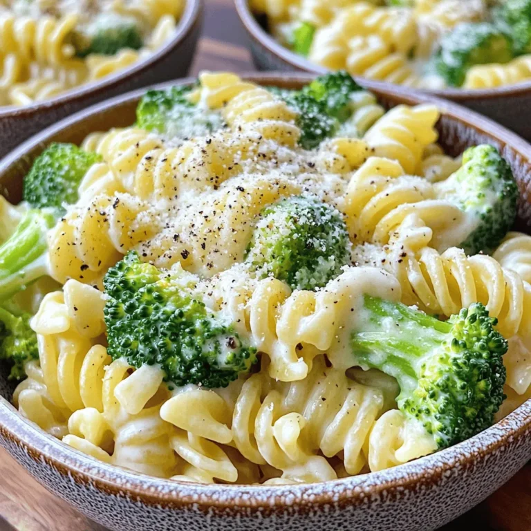 To make Minute Creamy Broccoli Pasta, gather these ingredients: - 8 oz pasta (your choice, like rotini or penne) - 2 cups broccoli florets - 1 cup heavy cream - 1/2 cup grated Parmesan cheese - 2 cloves garlic, minced - 1 tablespoon olive oil - 1 teaspoon lemon juice - Salt and pepper to taste - Optional: Red pepper flakes for heat These simple ingredients come together to create a rich and creamy dish. You can use any pasta you like. Rotini and penne work very well. They hold the sauce nicely. Other great options include fusilli or farfalle. Each shape gives a unique texture. Choose what you love! Want to make this dish your own? Try these fun add-ins: - Grilled chicken or shrimp for protein - Spinach or peas for extra veggies - Sun-dried tomatoes for a burst of flavor - Nuts like pine nuts for crunch Feel free to mix and match as you please. This flexibility makes it easy to create a dish that fits your taste. First, grab a large pot and fill it with water. Add a good amount of salt, then bring it to a boil. Once the water is bubbling, add 8 oz of your favorite pasta, like rotini or penne. Cook the pasta according to the package instructions until it is al dente. This usually takes about 8-10 minutes. Now, here comes the fun part! During the last 3 minutes of cooking, toss in 2 cups of fresh broccoli florets. This will blanch the broccoli quickly and keep it bright green. After the time is up, drain both the pasta and broccoli together. This helps save time and keeps things simple. In the same pot, add 1 tablespoon of olive oil. Heat it over medium heat until it's warm. Then, add 2 cloves of minced garlic. Sauté the garlic for 1-2 minutes until it smells good. Be careful not to let it brown, as that can change the flavor. Next, pour in 1 cup of heavy cream. Stir it well to mix with the garlic. Let this simmer for about 2-3 minutes. You want it to thicken slightly but not too much. Then, stir in 1/2 cup of grated Parmesan cheese. Mix until the cheese melts and the sauce becomes smooth. Add 1 teaspoon of lemon juice, and season with salt and pepper. If you like heat, sprinkle in some red pepper flakes. Now, it’s time to bring everything together! Add the drained pasta and broccoli back into the pot with the creamy sauce. Toss gently to coat every piece. Cook for another 1-2 minutes to heat everything through. If your sauce is too thick, just add a splash of reserved pasta water to reach the right consistency. Your Minute Creamy Broccoli Pasta is almost ready to enjoy! Serve it in shallow bowls, topped with extra Parmesan and a sprinkle of black pepper for a lovely finish. To get that perfect creamy texture, use heavy cream. Heavy cream gives the sauce a rich and smooth feel. Stir the cream well with garlic before it simmers. If your sauce seems too thick, add a splash of pasta water. This will help loosen it up and coat the pasta nicely. Timing is key in this dish. Start cooking the pasta first. When there are three minutes left, add the broccoli florets. This blanching step keeps the broccoli bright and crisp. Drain the pasta and broccoli together to save time. Then, heat the olive oil and garlic right after. Flavor is what makes this dish special. Use fresh minced garlic for the best taste. Add salt and pepper to balance the creaminess. A splash of lemon juice brightens the sauce. If you like heat, sprinkle in some red pepper flakes. This adds a nice kick to each bite. {{image_2}} You can easily add protein to your Minute Creamy Broccoli Pasta. This makes it more filling and tasty. Here are some great options: - Grilled Chicken: Cooked and diced chicken is a classic choice. It pairs well with the creamy sauce. - Shrimp: Sauté shrimp in olive oil until pink, then toss them in with the pasta. - Tofu: For a plant-based option, use firm tofu. Cube and sauté it for a protein boost. - Bacon: Crispy bacon bits add a nice crunch and flavor. Cook and crumble them before mixing in. Feel free to switch up the veggies in your pasta. This keeps things fresh and fun. Here are some tasty ideas: - Spinach: Add fresh spinach during the last minute of cooking. It wilts nicely and adds color. - Peas: Sweet peas bring a pop of sweetness. Toss them in during the last few minutes with the broccoli. - Bell Peppers: Sauté sliced bell peppers for a crunchy texture and vibrant color. - Zucchini: Spiralized or diced zucchini can give a great twist. Cook it quickly with the garlic for the best flavor. Cheese is key for creaminess in this dish. If you want to change it up, try these substitutes: - Mozzarella: For a milder taste, use shredded mozzarella. It melts beautifully and adds stretch. - Feta: Crumbled feta gives a nice tang. Add it just before serving for a burst of flavor. - Cheddar: Sharp cheddar adds a deeper taste. Use it in place of Parmesan for a different vibe. - Nutritional Yeast: If you want a dairy-free option, sprinkle nutritional yeast for a cheesy flavor without the dairy. To keep Minute Creamy Broccoli Pasta fresh, store it in an airtight container. Let the dish cool down before placing it in the fridge. This helps avoid extra moisture. Leftovers can stay good for up to three days. If you plan to eat it later, keep the sauce separate from the pasta and broccoli. This keeps everything nice and creamy. When you want to enjoy your leftovers, reheat them gently. Use a pan over low heat for best results. Add a splash of water or cream to help the sauce return to its creamy state. Stir often to avoid burning. You can also use the microwave. Heat it in short bursts, stirring in between. This way, you keep the dish warm without cooking it further. If you want to freeze this dish, it’s best to freeze the pasta and sauce separately. Cool everything first, then place them in freezer-safe containers. You can freeze the pasta for up to two months and the sauce for about a month. When ready to eat, thaw them in the fridge overnight. Reheat as mentioned above to restore that creamy goodness. You can make Minute Creamy Broccoli Pasta healthier by using less cream. Try substituting half of the heavy cream with low-fat milk or unsweetened almond milk. You can also add more vegetables like spinach or peas. This adds fiber and nutrients without much extra calories. For a protein boost, consider adding grilled chicken or chickpeas. They make the dish more filling and nutritious. Yes, you can use gluten-free pasta. There are many types available, like brown rice or quinoa pasta. Just cook them according to the package instructions. Keep in mind that gluten-free pasta can cook faster, so watch it closely. The taste might differ a bit, but the creamy sauce will still make it delicious! If you want to avoid heavy cream, use Greek yogurt or sour cream. Both options add creaminess without the extra fat. You can also use silken tofu blended until smooth. For a vegan choice, try coconut cream or cashew cream. Each alternative will give a unique flavor, so pick what you like best! We explored key ingredients and steps to create a delicious pasta dish. You learned about preferred pasta types, optional add-ins, and how to prepare pasta and sauce. Tips on achieving a creamy texture and cooking timing will improve your dish. Remember, you can customize it with proteins and different veggies. Store leftovers wisely and reheat them easily. With these insights, you’ll enjoy this dish every time you make it!