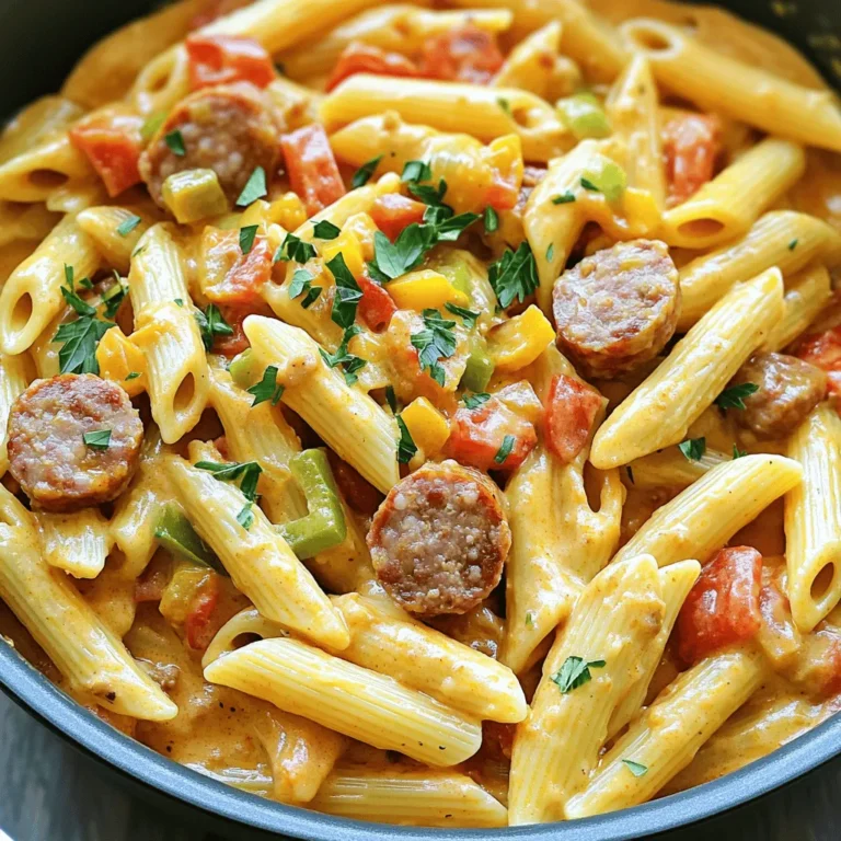 - 12 oz penne pasta - 1 lb smoked sausage, sliced - 1 medium onion, diced - 2 cloves garlic, minced - 1 bell pepper, diced - 1 can diced tomatoes (14 oz) - 2 cups chicken broth - 1 cup heavy cream - 2 tablespoons Cajun seasoning - 1 teaspoon paprika - Salt and pepper - 2 tablespoons olive oil - 1 cup grated Parmesan cheese - Fresh parsley for garnish Gather these ingredients before you start. Each one adds a layer of flavor. The penne pasta gives a nice bite. Smoked sausage brings a deep, rich taste. Onions and garlic add sweetness and warmth. The bell pepper adds color and crunch. Diced tomatoes bring a juicy tang. Chicken broth makes the dish savory. Heavy cream creates that creamy texture we love. Cajun seasoning is a must for that kick. Paprika adds depth. Don’t forget salt and pepper to enhance each flavor. You’ll need olive oil for cooking. Parmesan cheese adds a salty finish. Fresh parsley gives a vibrant touch when you serve it. Having everything ready will make your cooking smooth and fun. 1. Sautéing the sausage Heat 2 tablespoons of olive oil in a large pot over medium heat. Add 1 pound of sliced smoked sausage to the pot. Cook for about 5-7 minutes until the sausage turns brown. Remove the sausage from the pot and set it aside. 2. Cooking the vegetables In the same pot, add 1 diced medium onion and 1 diced bell pepper. Add 2 minced garlic cloves to the pot as well. Cook these vegetables for about 3-4 minutes until they soften. 3. Adding seasonings and liquids Stir in 2 tablespoons of Cajun seasoning and 1 teaspoon of paprika. Cook for another minute to let the flavors bloom. Now, add 1 can of diced tomatoes and 2 cups of chicken broth. Toss in 12 ounces of penne pasta and stir to combine. Bring the mixture to a boil. 1. Incorporating the pasta Once boiling, reduce the heat to a simmer. Cover the pot and let it cook for about 10-12 minutes. Stir occasionally until the pasta is al dente. 2. Mixing in cream and cheese After the pasta is cooked, stir in 1 cup of heavy cream. Add the cooked sausage back into the pot. Let it simmer for 3-4 minutes until everything is heated through. Fold in 1 cup of grated Parmesan cheese next. Adjust the flavor with salt and pepper to taste. 3. Garnishing before serving Before serving, sprinkle 1/4 cup of chopped fresh parsley on top. This adds a nice touch and fresh flavor. Enjoy your creamy, spicy, and delicious dish! Choosing the right pasta I love using penne pasta for this dish. Its shape holds the sauce well. You can also try rotini or fusilli. They both work nicely with creamy sauces. How to avoid mushy pasta To keep pasta from getting mushy, watch the cooking time. Cook it until it's al dente, which means it has a slight bite. Stir often while it simmers. This helps it cook evenly. Additional spices and herbs For extra flavor, add a pinch of cayenne pepper. It gives a nice kick! Fresh thyme or basil also adds depth. Try adding these herbs when you mix in the cream. Best toppings for serving I recommend topping your pasta with grated Parmesan cheese. It melts nicely and adds a rich flavor. Fresh parsley is great for color and taste. You can also add crushed red pepper flakes for more heat. {{image_2}} You can switch up the sausage to match your taste. Try turkey sausage for a lighter option. Chicken sausage also works well. For a spicy kick, go for a hot sausage. If you want a meat-free dish, you can use plant-based sausage. It adds great flavor and keeps it creamy. Another option is to add beans for protein. Black beans or chickpeas work nicely. You can make this dish in an Instant Pot for a quick meal. Set it to high pressure for about 5 minutes. Use the sauté function to cook the sausage and veggies first. Then, add the rest of the ingredients. Follow with a quick release. If you prefer oven-baked pasta, you can try that too. Mix all the ingredients in a baking dish. Cover with foil and bake at 350°F for about 30 minutes. Remove the foil and add cheese for the last 10 minutes. This gives a nice crispy top. To store leftovers, first let the pasta cool down. Transfer it to an airtight container. Place the container in the fridge. It can last for about 3 to 4 days. When ready to eat, reheat it in a pot over low heat. You can add a splash of chicken broth or cream to revive its creamy texture. Freezing pasta dishes can be simple. Allow the pasta to cool completely before freezing. Portion it into freezer-safe containers. Leave some space at the top for expansion. It is best to eat frozen pasta within 2 to 3 months for the best taste. To reheat, thaw overnight in the fridge. Heat gently on the stove, adding a bit of extra cream or broth to keep it creamy. How do you make One Pot Creamy Cajun Sausage Pasta healthier? You can make this dish healthier by using whole grain pasta. Swap heavy cream for light cream or milk. Use turkey sausage instead of smoked sausage for less fat. You can add more vegetables, like spinach or zucchini, for extra nutrients. These changes keep the flavor while boosting health benefits. Can I use other types of pasta? Yes, you can use various pasta shapes! Short pasta like rotini or farfalle works well. You can also try whole wheat or gluten-free pasta if needed. Cooking times may vary slightly, so check the package for guidance. Remember, the key is to cook the pasta until it is just right. What side dishes pair well with this meal? This creamy pasta goes great with a fresh salad. A Caesar or mixed greens salad adds crunch. Garlic bread is another tasty side that complements the meal. You can also serve it with roasted vegetables for a healthy touch. These sides balance the richness of the pasta nicely. This blog post covered all you need for a tasty Cajun sausage pasta. I shared the key ingredients and gave you a clear step-by-step method for cooking. Cooking tips and variations help you adjust the recipe to fit your taste. Storing leftovers and answers to common questions make this meal easy to enjoy anytime. Now, you can create a delicious dish that feels special, yet simple. Enjoy experimenting and sharing this yummy recipe with others!