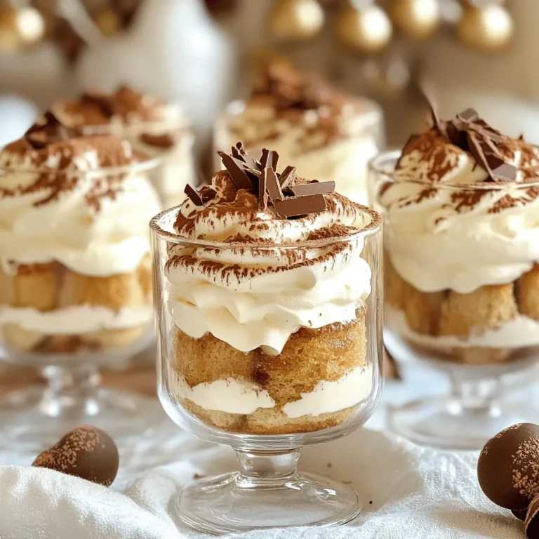 To make Mini Tiramisu Cups, you need a few key items: - 1 cup strong brewed coffee, cooled - 1 tablespoon cocoa powder (for dusting) - 1 cup heavy whipping cream - 1/2 cup mascarpone cheese - 1/4 cup powdered sugar - 1 teaspoon vanilla extract - 12 ladyfinger cookies (savoiardi) - Chocolate shavings (for garnish) These ingredients work together to create a rich and creamy dessert. The coffee adds a nice flavor, while the mascarpone cheese gives it a smooth texture. You can swap some ingredients if needed. If you don’t have mascarpone cheese, cream cheese works well. Just soften it before using. For a lighter option, use Greek yogurt instead of heavy cream. If you prefer decaf, use decaffeinated coffee. You can also try almond milk for a dairy-free version. Add fun toppings to make your Mini Tiramisu Cups shine! Some ideas include: - Fresh berries for a fruity touch - Whipped cream for extra fluffiness - Crushed nuts for a crunchy bite - More cocoa powder for a richer flavor - Mint leaves for a fresh look These garnishes can elevate your dessert and make it more appealing. Feel free to mix and match! To start, gather your ingredients. You need heavy cream, mascarpone cheese, powdered sugar, and vanilla extract. In a mixing bowl, whip the heavy cream until soft peaks form. This step is crucial for a light texture. Next, gently fold in the mascarpone cheese, powdered sugar, and vanilla extract. Be careful not to deflate the whipped cream, or your mixture will be too heavy. You want it airy and fluffy. Now it's time to build your cups! Take each ladyfinger cookie and dip it quickly into the cooled coffee for 1-2 seconds. You want them to soak in some coffee, but don’t let them get soggy. Place a layer of these coffee-soaked cookies at the bottom of your small cups or glasses. After that, add a layer of your creamy mascarpone mixture on top. Repeat this process, layering ladyfingers and cream until the cups are full, aiming for 2-3 layers. For a beautiful finish, sift cocoa powder over the top layer of each cup. This adds a nice touch and a rich flavor. Chill your cups in the refrigerator for at least 2 hours. This wait allows the flavors to meld, creating a delightful dessert. Just before serving, sprinkle some chocolate shavings on top for an extra bit of luxury. Enjoy your charming mini tiramisu cups! To keep your ladyfingers crisp, dip them quickly in coffee. Just 1-2 seconds is enough. You want them to soak up some coffee but stay firm. If you dip too long, they will become mushy. Also, make sure the coffee is cooled. Hot coffee can make the ladyfingers too soft. Whip the heavy cream until you see soft peaks. This means the cream should hold its shape but still be smooth. When mixing in the mascarpone, do it gently. Use a spatula to fold the ingredients together. This helps keep the air in the whipped cream. If you mix too hard, it will lose its lightness. For a lovely look, use clear cups or glasses. Layer the ladyfingers and cream mixture neatly. Finish with a dusting of cocoa powder for an elegant touch. Don’t forget the chocolate shavings on top! They add flavor and make the dessert look fancy. Chill the cups before serving to make them extra refreshing. {{image_2}} I love chocolate, so I made a chocolate version of mini tiramisu cups. To start, mix in some melted dark chocolate into the mascarpone mixture. Use about 1/4 cup of melted chocolate. This change adds a rich taste. You can also replace the cocoa powder with chocolate powder for dusting. These chocolate cups look beautiful and taste amazing! For a fruity twist, try adding fruit puree to the mascarpone mixture. You can use berries, mango, or passion fruit. Start with 1/4 cup of puree. Blend it well with the mascarpone and powdered sugar. This makes the dessert fresh and light. You can also layer sliced fruit between the ladyfingers. It adds color and flavor. If you need a gluten-free option, use gluten-free cookies instead of ladyfingers. You can find gluten-free savoiardi or sponge cake in stores. Make sure they are not too soft. Another option is to make your own gluten-free ladyfingers at home. Use almond flour or coconut flour. This way, everyone can enjoy the mini tiramisu cups! To keep your mini tiramisu cups fresh, cover them tightly. Use plastic wrap or a lid. Store them in the fridge. They stay good for up to three days. This dessert tastes best when chilled. You can freeze mini tiramisu cups for longer storage. First, wrap each cup in plastic wrap. Then, place them in a freezer-safe container. They can last for up to a month. To enjoy, move them to the fridge overnight. This helps them thaw slowly and keeps them tasty. Always chill your mini tiramisu cups in the back of the fridge. The back is colder than the front. Keep them away from strong-smelling foods. This prevents them from absorbing unwanted odors. Enjoy the rich flavors of your tiramisu without any off-tastes. Yes, you can make Mini Tiramisu Cups ahead of time. The flavors get better when they sit. You can prepare them a day before your event. Just keep them covered in the fridge. This helps them stay fresh and tasty. If you can't find mascarpone cheese, you have options. Cream cheese works well as a substitute. You can blend it with a bit of heavy cream for a creamier texture. Ricotta cheese is another choice, but it has a grainier feel. Your Mini Tiramisu Cups are ready after chilling for at least 2 hours. This time allows the layers to set well. They should feel firm but still soft. The top should have a nice dusting of cocoa powder. When you see that, they are ready to enjoy! You learned how to make delicious Mini Tiramisu Cups with key ingredients and steps. I covered substitutions, tips for perfect texture, and creative variations. Always remember to layer carefully and store properly for the best flavor. These cups are fun, easy, and a treat for any occasion. Now, get your ingredients ready and start making these bites of joy! Enjoy your sweet creation!