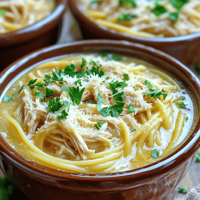To make this tasty dish, you need some key items: - 1.5 lbs boneless, skinless chicken breasts - 4 cloves garlic, minced - 1 cup chicken broth - 1 cup heavy cream - 1 cup grated Parmesan cheese - 8 oz. uncooked pasta (penne or rotini works best) - 1 teaspoon Italian seasoning - Salt and pepper to taste - Fresh parsley, chopped (for garnish) Each ingredient plays a role in the flavor and texture of the dish. The chicken gives protein, while the garlic adds a rich taste. Heavy cream makes the sauce creamy and smooth. Parmesan adds a salty kick that ties it all together. You can elevate the dish with some extras: - Red pepper flakes for heat - Lemon zest for brightness - Extra herbs like basil or oregano These seasonings can add depth and personal flair. A sprinkle of red pepper flakes brings warmth. Lemon zest can brighten the flavors. You can easily swap items to fit your needs: - Use chicken thighs if you prefer darker meat. - Substitute coconut milk for heavy cream for a dairy-free option. - Choose gluten-free pasta if you need to avoid gluten. These substitutions help make the meal fit different diets. It allows everyone to enjoy this comforting dish without missing out! Start by placing the chicken breasts at the bottom of the crockpot. This will help them cook evenly. Next, chop the garlic and sprinkle it over the chicken. Garlic adds a rich flavor. Then, pour in the chicken broth and heavy cream. These liquids keep the chicken moist and create a creamy sauce. Make sure the chicken is fully submerged. After that, add the Italian seasoning, salt, and pepper. This will enhance the taste of the dish. Cover the crockpot and set it to low for 4 hours or high for 2 hours. The chicken should be fully cooked by then. Once the time is up, shred the chicken using two forks right in the crockpot. It will mix well with the sauce. Now, stir in the grated Parmesan cheese until it melts and blends perfectly. The cheese gives a nice, cheesy flavor to the dish. Add the uncooked pasta to the crockpot. Mix it well so the pasta gets coated with the sauce. Cover the crockpot again and cook on high for an additional 30 minutes. This will cook the pasta until it is al dente. Once it is done, give it another good stir. Check the seasoning and adjust if needed. For serving, use deep bowls and top with more Parmesan cheese and fresh parsley. This adds color and a fresh taste to each serving. Enjoy your delicious meal! To get the best flavor in your Crockpot Garlic Parmesan Chicken Pasta, focus on fresh ingredients. Use fresh garlic instead of jarred. Fresh garlic gives a strong taste that really shines in this dish. Also, choose a good quality Parmesan cheese. It melts better and adds depth. Don’t rush the cooking time. Low and slow cooking brings out all the flavors from the chicken and spices. One common mistake is adding too much liquid. The cream and broth should cover the chicken, but not drown it. Another mistake is not seasoning enough. Salt and pepper are key. Taste your dish before serving and adjust if needed. Lastly, avoid overcooking the pasta. It can turn mushy. Adding it later in the cooking process helps keep it firm. Timing is crucial for perfect pasta texture. Add the uncooked pasta 30 minutes before serving. This way, it cooks in the sauce but still stays al dente. If you cook it too long, it can become too soft. Keep an eye on it and check for doneness as you go. Stirring the pasta helps it cook evenly and soak up the sauce. {{image_2}} To make a vegetarian version, swap the chicken for hearty mushrooms or chickpeas. Use 1.5 lbs of mushrooms, like portobellos or button mushrooms, for a rich taste. If you want protein, chickpeas are great. Use 2 cans of drained chickpeas instead. Keep the garlic and cream for flavor. This will keep your dish creamy and tasty. For a low-carb meal, skip the pasta. Instead, use spiralized zucchini or cauliflower rice. These veggies soak up the sauce well. You can also add more chicken or cheese for protein. This change keeps the meal filling without the carbs. You can use different pasta shapes to change things up. Penne and rotini are great, but try fusilli or farfalle for fun. Each shape holds sauce differently, adding variety to your dish. You can even use whole wheat or gluten-free pasta for dietary needs. Just adjust cooking times based on the pasta you choose. After you enjoy your Crockpot Garlic Parmesan Chicken Pasta, let it cool. Place the pasta in an airtight container. This helps keep it fresh. Store it in the fridge for up to three days. Make sure to keep it covered to avoid drying out. If you have a large batch, consider dividing it into smaller portions. This makes it easy to reheat later. To freeze leftovers, let the dish cool completely. Transfer the pasta into freezer-safe bags or containers. Remove as much air as possible to prevent freezer burn. Label your containers with the date. You can freeze the pasta for up to three months. When you're ready to eat it, thaw it in the fridge overnight before reheating. When reheating, use low heat on the stove or microwave. Add a splash of chicken broth or cream to keep it moist. Stir gently to mix the flavors back together. If using the microwave, cover the container but leave a small gap for steam to escape. This helps avoid soggy pasta. Enjoy your tasty meal just like it was fresh! You should cook chicken in a crockpot for about 4 hours on low or 2 hours on high. This time ensures the chicken becomes tender and easily shreds. Cooking it too long may dry it out. Always check if the chicken reaches a safe internal temperature of 165°F. I find that using a meat thermometer helps a lot! Yes, you can use frozen chicken for this recipe. However, be aware that it may take longer to cook. If you choose this option, add an extra hour on high or two hours on low. Make sure the chicken cooks completely. I suggest checking the internal temperature to ensure safety. Cooking from frozen can also keep the chicken juicy. You can serve this dish with a variety of sides. Here are some tasty options: - Garlic bread: It pairs well and soaks up the rich sauce. - Side salad: A fresh green salad adds crunch and balance. - Steamed veggies: Broccoli or green beans work great for color and nutrients. - Roasted potatoes: They add a hearty touch to the meal. Feel free to mix and match these sides to create your perfect meal! You learned about the key ingredients and steps for making Crockpot Garlic Parmesan Chicken Pasta. We explored tips for great flavor and avoided common mistakes. You saw how to adapt the dish for different diets and filled it with options. In conclusion, this recipe is fun and easy for anyone. Enjoy your cooking and share your tasty results!