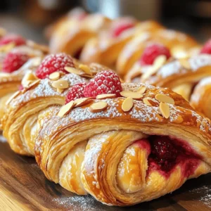 - 1 sheet of puff pastry (thawed) - 1 cup fresh raspberries (or frozen, thawed) - 1/2 cup almond paste - 1/4 cup powdered sugar - 1 tablespoon milk - 1 egg (for egg wash) - 1 teaspoon vanilla extract - 1 tablespoon lemon juice - Sliced almonds (for garnish) - Optional: powdered sugar for dusting To make these lovely raspberry almond Danish braids, gather your ingredients first. Start with puff pastry, which gives the dish its flaky texture. You can find it in most grocery stores. If using frozen raspberries, make sure they are thawed before you begin. Next, almond paste adds a rich flavor. You can buy it pre-made or make your own if you want. Then, get powdered sugar for sweetness in the filling and for dusting later. Milk is key for mixing your filling. Don't forget the egg, which makes a shiny, golden crust when brushed on top. Vanilla extract and lemon juice add nice flavor notes. Finally, sliced almonds give a crunchy topping. You can dust with powdered sugar if you want extra sweetness. Having all these ingredients ready makes the process smooth. Enjoy the fun of baking! - Preheat your oven to 400°F (200°C). Line a baking sheet with parchment paper. - Thaw one sheet of puff pastry. Roll it out on a floured surface to a rectangle, about 12x16 inches. - Use a sharp knife to cut slits along the long sides of the pastry. Make cuts about 1.5 inches apart and 4 inches deep. This creates a lovely braid effect. - In a bowl, mix together the almond paste, powdered sugar, milk, vanilla extract, and lemon juice. Stir until smooth. - Spread the almond paste mixture down the center of the puff pastry rectangle. Make a line about 4 inches wide. - Evenly place the fresh raspberries over the almond paste. Keep them within the center line for best results. - Start folding the pastry strips alternately across the filling. Begin from the top and crisscross the strips. This makes your braid look beautiful. - Beat an egg in a small bowl. Brush the egg wash over the entire Danish braid. This gives it a golden color when baked. - Sprinkle sliced almonds on top for added crunch. - Bake in your preheated oven for 20-25 minutes. Watch for puffing and golden brown color. - Once baked, let it cool slightly. If you want, dust with powdered sugar for a sweet finish and great look. To make perfect puff pastry, roll it out evenly. Use a lightly floured surface to prevent sticking. Aim for a rectangle about 12x16 inches. Keep the edges straight for a neat look. For even baking, place your Danish on a lined baking sheet. This ensures hot air circulates. Bake at 400°F (200°C) for a golden, flaky finish. Watch closely in the last minutes; you want it puffed and brown. Don’t feel stuck with raspberries. You can swap them for blueberries or strawberries. These fruits add a different twist. Also, try apricot or cherry preserves for a fun change! For toppings, consider a drizzle of glaze. You can mix powdered sugar with milk for a sweet finish. Or, add fresh mint leaves for a pop of color and flavor. Pair your Danish with coffee or tea. The flavors blend nicely, making each bite special. Serve it warm for the best taste. For presentation, cut the Danish into neat slices. Arrange them on a pretty platter. Dust with powdered sugar for a lovely touch. You can also add a few whole berries around for color. {{image_2}} You can switch up the fruit in your Danish braid. Blueberries or strawberries work great. Blueberries add a burst of sweetness. Strawberries bring a fresh, tangy flavor. You can also use seasonal fruits like peaches in summer or apples in fall. These fruits add unique tastes and colors. For a gluten-free Danish, use a gluten-free puff pastry. Look for brands that provide good texture. You can make your own using gluten-free flour blends. Adjust your almond paste with gluten-free ingredients. This way, you keep the rich almond flavor without gluten. To make a vegan Danish, swap dairy and eggs for plant-based options. Use almond milk in the filling instead of regular milk. Replace the egg wash with a mixture of plant-based milk and a little syrup. You can find vegan almond paste at stores or make your own. These changes keep the taste delicious and friendly for everyone. To keep your Danish fresh, wrap it tightly. Use plastic wrap or aluminum foil. Store in the fridge. It stays good for 2 to 3 days. For longer storage, freeze the Danish. Place it in an airtight bag or container. It can last up to 3 months in the freezer. When ready, thaw it overnight in the fridge. To reheat your Danish, use the oven. Preheat it to 350°F (175°C). Place the Danish on a baking sheet. Heat for about 10 minutes. This keeps the pastry flaky. You can also use an air fryer. Set it to 300°F (150°C) for 5 minutes. This method works well too! Avoid the microwave. It makes the pastry soggy. The best way to thaw puff pastry is in the fridge overnight. If you need it faster, leave it at room temperature for 30-40 minutes. This keeps the pastry cold and easy to work with. Avoid using a microwave, as it can make the dough sticky. Yes, you can use store-bought almond paste. It saves time and works well in this recipe. Just ensure it is smooth and easy to spread. If it feels dry, you can add a little milk to soften it. The Danish braid stays fresh for about two days at room temperature. Store it in an airtight container to keep it soft. After that, you can refrigerate it for up to five days. The taste remains good, but the texture may change a bit. Absolutely! You can make the filling a day ahead. Just store it in the fridge in a sealed container. When you are ready to use it, mix it well before spreading it on the pastry. If you don’t have almond paste, you can use marzipan as a substitute. It has a similar texture and flavor. Another option is to blend ground almonds with sugar and a little water to form a paste. Adjust the sweetness to your taste. This blog post covered how to make a delicious raspberry almond Danish. You learned about the key ingredients, preparation, filling, and baking steps. I shared tips to perfect puff pastry and offered different variations, including gluten-free and vegan options. Remember, cooking is fun and you can adjust recipes to fit your taste. Enjoy your baking and impress friends with your tasty treats!