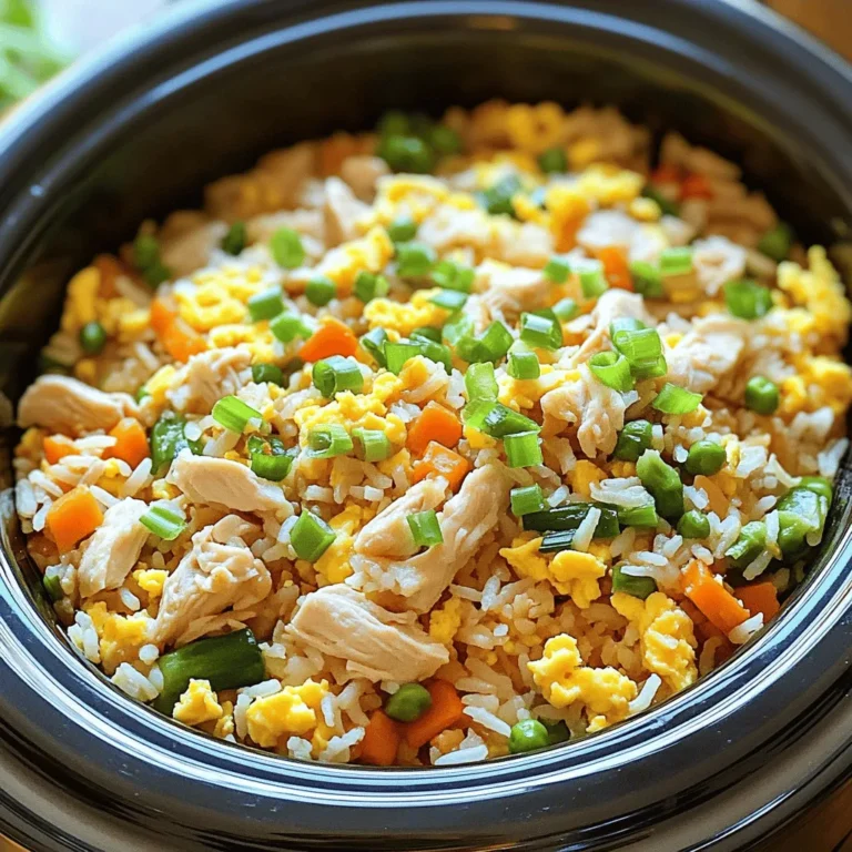 Here are the simple ingredients you need for Crockpot Chicken Fried Rice: - 2 cups cooked rice (preferably day-old for better texture) - 2 medium chicken breasts, diced - 1 cup frozen mixed vegetables (carrots, peas, and corn) - 1 small onion, diced - 3 cloves garlic, minced - 1/4 cup soy sauce (low-sodium, if preferred) - 2 tablespoons sesame oil - 1 tablespoon oyster sauce (optional) - 2 green onions, sliced (for garnish) - 2 eggs, lightly beaten - Salt and pepper to taste Using day-old rice improves the texture. Fresh rice can become mushy in the crockpot. Day-old rice has dried out a bit, making it perfect for fried rice. For this recipe, I use diced chicken breasts. They cook evenly and stay tender. You can also use thighs if you prefer. Frozen mixed vegetables save time and add color. They include carrots, peas, and corn, but feel free to add your favorites! Soy sauce and sesame oil are key for flavor. Low-sodium soy sauce helps control salt. Oyster sauce adds depth but is optional. Adding lightly beaten eggs near the end makes the dish creamy. It also brings extra protein and flavor. Slicing green onions for garnish adds a fresh crunch. They brighten the dish and enhance the look. With these ingredients, you're ready to make a delicious family meal that everyone will love! 1. Layering rice in the crockpot Start by placing 2 cups of cooked rice at the bottom of the crockpot. Day-old rice works best here. It gives a nice texture and prevents mushiness. 2. Adding chicken and vegetables Next, add 2 diced chicken breasts on top of the rice. Spread them out evenly. Now, sprinkle 1 cup of frozen mixed vegetables over the chicken. This adds color and flavor. Add 1 small diced onion and 3 minced garlic cloves next. 3. Mixing sauces and seasoning In a separate bowl, mix together 1/4 cup of low-sodium soy sauce, 2 tablespoons of sesame oil, and 1 tablespoon of oyster sauce if you like. Add salt and pepper to taste. Pour this sauce mix over the chicken and veggies. Gently stir to combine all the ingredients. 1. Setting the crockpot temperature and time Cover the crockpot and set it to low heat. Cook for about 4 hours. This time allows the chicken to cook through and the flavors to blend well. 2. Incorporating eggs towards the end About 20 minutes before serving, push the rice mixture to one side of the crockpot. Pour 2 lightly beaten eggs into the empty side. Scramble the eggs gently until they are just set. Then, mix them into the rice. This adds richness and protein. 1. How to serve garnished with green onions When ready to serve, taste the fried rice and adjust the seasoning if needed. Serve hot, garnished with 2 sliced green onions. This adds a fresh crunch. 2. Ideal pairing options This dish pairs well with simple sides like steamed vegetables or a light salad. Enjoy your meal! - Use day-old rice for better texture: Day-old rice has dried out a bit. It helps the rice stay firm when cooked. Fresh rice can turn mushy. Using leftover rice also saves time. - Importance of low-sodium soy sauce: Low-sodium soy sauce keeps the dish flavorful without being too salty. It allows you to control the salt level better. You can always add more salt later if needed. - Tips for cooking time adjustments: If you use frozen chicken, add an extra 30 minutes. The cooking time may also vary by your crockpot model. Check the chicken after 3.5 hours to avoid overcooking. - Ensuring chicken is fully cooked: Make sure the chicken reaches an internal temperature of 165°F. Use a meat thermometer to check. This ensures the chicken is safe to eat. - Recommendations for additional spices: Try adding ginger for warmth or red pepper flakes for heat. A little garlic powder can boost the flavor too. - Ideas for adding extra vegetables or proteins: You can add bell peppers or broccoli for color and nutrition. For extra protein, consider shrimp or tofu. This keeps the dish exciting and tasty. {{image_2}} You can make this dish vegetarian by using tofu or tempeh instead of chicken. Tofu works well since it absorbs flavors nicely. Cut firm tofu into small cubes. You can also use tempeh, which has a nuttier taste. Just slice it thinly. Both options add protein and pair well with rice and veggies. Want to change up the taste? You can use different sauces. For a sweet touch, try teriyaki sauce. If you like spice, sriracha adds heat. You can also mix sauces for a unique flavor. Don’t forget about veggies! Bell peppers and broccoli add crunch and color. These changes keep the meal fresh and fun. You don’t have to stick to the crockpot. An Instant Pot works great too. Just follow the same steps but reduce the cooking time. For a quicker option, make it on the stove. In a large pan, sauté the chicken and veggies first. Then add rice and sauces. Cooking it this way cuts the time down a lot. To keep your Crockpot Chicken Fried Rice fresh, follow these steps: - Let the dish cool down to room temperature. - Transfer it to an airtight container. - Store it in the fridge. This dish lasts about 3 to 4 days in the fridge. If you want to enjoy it later, consider freezing it. Freezing is a great option for long-term storage. Here’s how to do it: - Place cooled leftovers in a freezer-safe container. - Seal tightly to prevent freezer burn. - Label the container with the date. To reheat, let it thaw overnight in the fridge. Heat it in the microwave or stovetop until hot. For best texture, add a splash of water while reheating. This keeps the rice moist and fluffy. Enjoy your meal even after a few weeks! Can I use uncooked rice in the crockpot? No, uncooked rice does not cook well in a crockpot. Always use cooked rice. Day-old rice is best. It has the right texture and keeps from getting mushy. How can I make this recipe gluten-free? To make this dish gluten-free, swap soy sauce for tamari. Tamari is a great gluten-free option. Ensure all other ingredients are also gluten-free. What are the signs that the chicken is cooked properly? Check the chicken's internal temperature. It should be 165°F (75°C) at the thickest part. The color should be white, not pink. Can I double this recipe in a standard crockpot? Yes, you can double the recipe. Make sure your crockpot can hold the extra food. Adjust the cooking time if needed, but check the chicken for doneness. What’s the best way to reheat leftovers? Reheat leftovers in the microwave or on the stovetop. Add a splash of water or broth to keep it moist. Heat until warm throughout. What can I substitute for soy sauce? You can use coconut aminos as a soy sauce substitute. It gives a similar flavor without the soy. Can I skip the oyster sauce? Yes, you can skip the oyster sauce. The dish will still taste great without it. You can add more soy sauce or a little sugar for sweetness. You’ve learned how to make a delicious crockpot chicken fried rice. We covered ingredients, preparation steps, cooking tips, and even variations. I shared ways to enhance flavor and storage tips for your leftovers. Experiment with different sauces and proteins to fit your taste. This dish is easy to prepare, satisfying, and perfect for meals throughout the week. Enjoy your cooking, and don’t be afraid to make it your own!