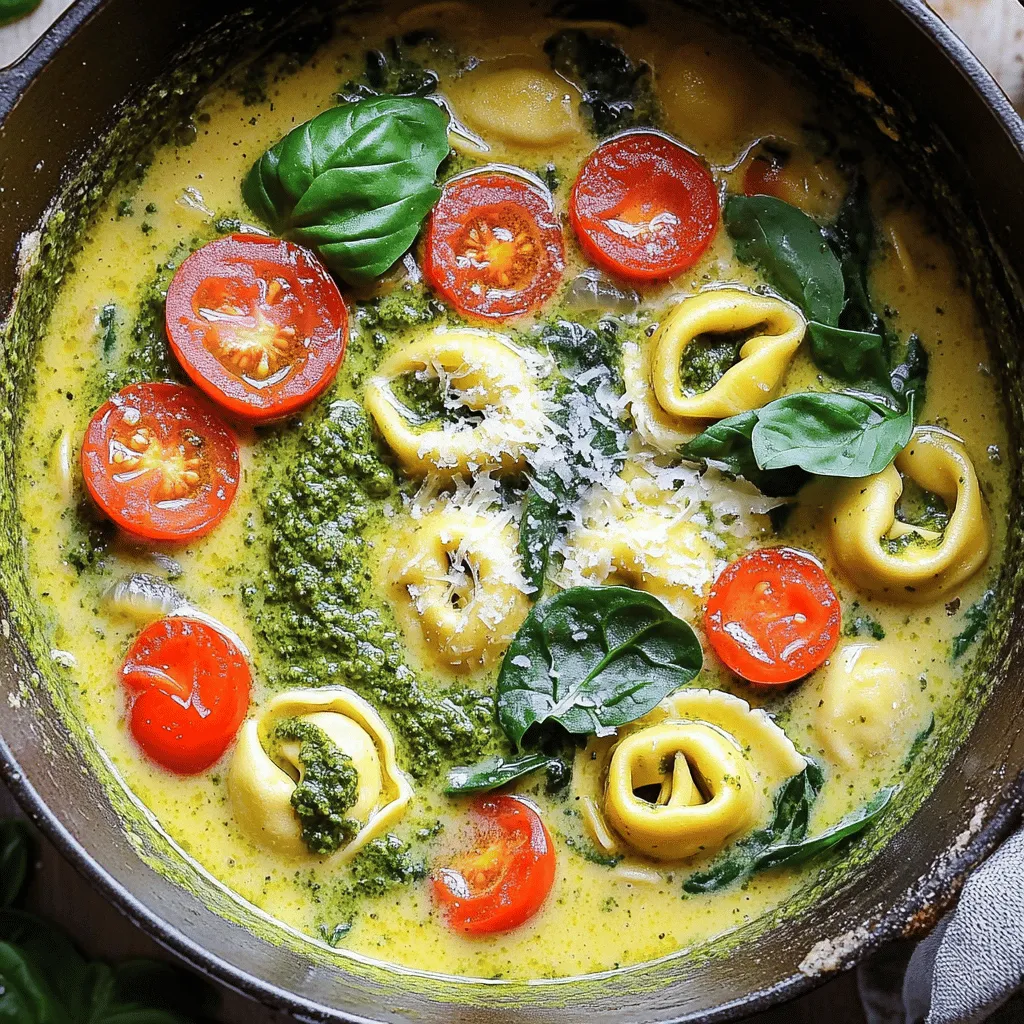 For this creamy pesto tortellini soup, you need a few key items. Here’s what you'll need: - 1 tablespoon olive oil - 1 small onion, diced - 2 cloves garlic, minced - 4 cups vegetable broth - 1 cup heavy cream - 1 cup basil pesto - 1 package (9 oz) cheese tortellini (fresh or frozen) - 1 cup cherry tomatoes, halved - 2 cups fresh spinach - Salt and pepper to taste - Grated Parmesan cheese for serving - Fresh basil leaves for garnish The olive oil helps to sauté the onion and garlic. The onion adds sweetness, while the garlic brings flavor. Vegetable broth gives the soup a rich base. Heavy cream makes it creamy and smooth. Basil pesto adds a fresh, herbaceous taste. Tortellini is the star of the dish, providing a delightful bite. Cherry tomatoes offer sweetness and color. Fresh spinach adds nutrition and a pop of green. Garnishes can elevate your soup. Here are some options to consider: - Grated Parmesan cheese - Fresh basil leaves - Crushed red pepper flakes for heat - A drizzle of olive oil for richness These toppings add flavor and texture. Parmesan gives a salty kick. Fresh basil enhances the herb taste. Red pepper flakes can spice things up. You can easily modify this recipe for different diets. Here are some ideas: - Use coconut milk instead of heavy cream for a dairy-free option. - Swap cheese tortellini for gluten-free tortellini. - For a vegan version, use vegetable broth, coconut milk, and vegan pesto. These changes keep the soup tasty while fitting your needs. Feel free to mix and match based on what you have. Start by heating the olive oil in a large pot over medium heat. Once hot, add the diced onion. Cook it for about 3-4 minutes until it turns soft and clear. This step builds the soup's flavor. Next, add the minced garlic and stir it for 1 minute. Keep an eye on it so it doesn’t burn. The smell will be amazing! Pour in the vegetable broth and bring it to a boil. This will create a rich base for your soup. When it starts boiling, add the heavy cream and basil pesto. Stir them together well. The creamy texture and basil flavor mix perfectly. This is where the magic happens, and your soup starts to look delicious! Now it’s time to add the tortellini. Follow the package instructions for cooking time, usually about 5-7 minutes. When the tortellini is soft, stir in the halved cherry tomatoes and fresh spinach. Cook for another 2-3 minutes until the spinach wilts. This adds color and nutrition to your soup. Lastly, season with salt and pepper to taste. Serve it hot with grated Parmesan cheese and fresh basil on top. Enjoy! To keep your soup nice and creamy, use heavy cream. It blends well with the pesto. You can also add a bit more pesto for extra flavor. If you want a lighter option, try half-and-half instead. Just remember, it may not be as thick. Stir the cream in slowly to prevent curdling. Fresh ingredients make a big difference in flavor. Use fresh spinach instead of frozen for better taste and texture. Look for vibrant cherry tomatoes; they should feel firm and look shiny. When choosing tortellini, go for fresh if you can find it. It cooks faster and tastes better. If your soup is too thick, add more vegetable broth or cream. Stir well and let it heat up. If you find it too salty, add a sliced potato. Let it cook for a few minutes, then remove the potato. It will soak up some salt. For a bland taste, add more pesto or a splash of lemon juice. This will brighten the flavors. {{image_2}} You can switch up your pasta in this soup. Instead of tortellini, try using small shells or bowtie pasta. These shapes hold the creamy broth well. You can also use whole wheat or gluten-free pasta for a healthier option. Just keep an eye on cooking times. Fresh pasta cooks faster than dried pasta. Want to make your soup heartier? Add some protein! Cooked chicken, shrimp, or sausage can fit right in. If you want a vegetarian option, try chickpeas or white beans. Just add them in when the tortellini is cooking. This way, they warm up nicely and blend with the flavors. Spice up your soup with extra flavors. Consider adding a pinch of red pepper flakes for heat. Lemon zest can add a fresh pop. You could also throw in some Italian herbs like oregano or thyme. For a twist, try sun-dried tomatoes or artichoke hearts. These additions can really boost the taste and make your soup unique! After enjoying your creamy pesto tortellini soup, let it cool first. Then, pour it into an airtight container. Make sure it is sealed well to keep out air. You can keep leftovers in the fridge for up to three days. If you want to enjoy it later, freezing is a great option. To reheat, pour the soup into a pot. Heat it on low to medium heat. Stir often to avoid burning. You can also use the microwave. Place the soup in a microwave-safe bowl. Heat it in short bursts, stirring in between. Add a splash of broth or cream if it gets too thick. If you want to freeze the soup, use a freezer-safe container. Leave some space at the top, as the soup will expand when frozen. It can last for up to three months in the freezer. To enjoy it later, thaw it in the fridge overnight before reheating. Yes, you can skip the cream. Use a non-dairy milk like almond or oat milk instead. This will keep the soup creamy without the dairy. If you want, add a little more pesto for extra flavor. You can also blend cashews or silken tofu for creaminess. If you don't have pesto, try using spinach or arugula. Blend them with olive oil, nuts, and garlic for a quick sauce. You can also use sun-dried tomatoes for a nice twist. A mix of herbs like basil and parsley can work too. Just add olive oil to make it smooth. This recipe is almost vegetarian. Just make sure to use vegetable broth instead of chicken broth. The tortellini should also be cheese-filled and not contain meat. This way, you’ll have a tasty vegetarian soup full of flavor. This blog post covered essential ingredients for the soup, step-by-step instructions, and helpful tips. We explored ways to customize the recipe with variations and storage methods. Remember, cooking should be fun and flexible. You can change ingredients based on your taste and needs. Whether you want something classic or creative, you now have options. Enjoy making this soup your way and share your results!