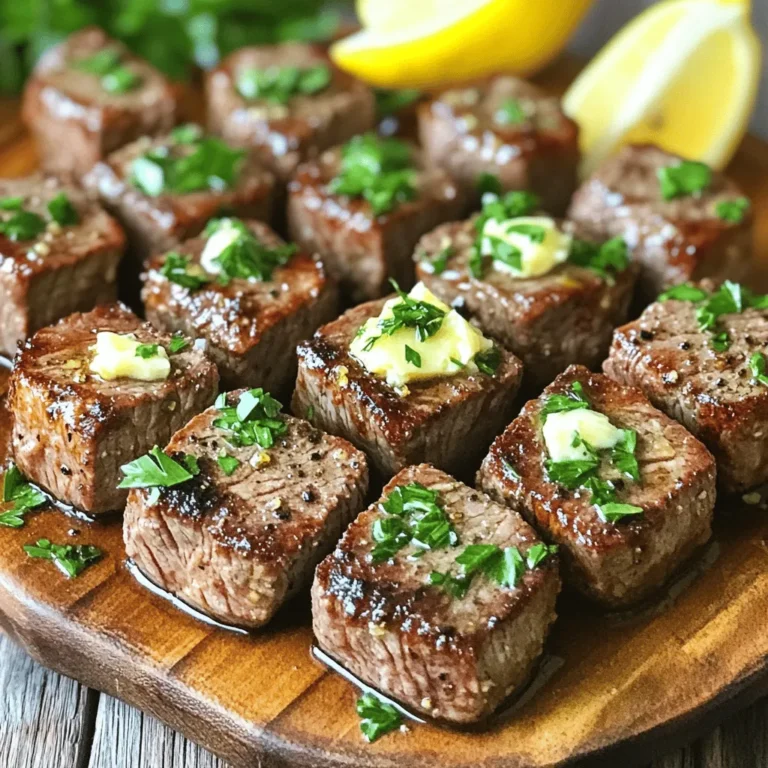 For Air Fryer Garlic Butter Steak Bites, you will need the following: - 1 lb sirloin steak, cut into bite-sized cubes - 4 tablespoons unsalted butter, divided - 4 cloves garlic, minced - 1 teaspoon smoked paprika - 1 teaspoon garlic powder - Salt and pepper, to taste - Fresh parsley, chopped (for garnish) - Lemon wedges (for serving) Each ingredient plays a key role in making this dish tasty. The sirloin steak gives a rich flavor and a good texture. Unsalted butter adds a creamy touch, while garlic brings a bold taste. The smoked paprika adds a hint of warmth, and garlic powder boosts the garlic flavor. Salt and pepper enhance all the flavors, making them pop. Fresh parsley adds a nice color and freshness. Lastly, lemon wedges give a bright zing when served. Be sure to use fresh ingredients for the best taste. Quality steak makes a big difference. The butter should be soft but not melted when you mix it with the steak. This recipe is simple but packed with flavor, making it a must-try. Start by preheating your air fryer to 400°F (200°C). This takes about 5 minutes. Preheating helps the steak bites cook evenly. In a mixing bowl, add the cubed sirloin steak. Pour in 2 tablespoons of melted butter. Add 4 cloves of minced garlic, 1 teaspoon of smoked paprika, and 1 teaspoon of garlic powder. Season with salt and pepper. Toss everything well until each cube is coated with the mixture. This marinade adds great flavor to the steak. Now, place the steak bites in the air fryer basket. Make sure they sit in a single layer. Avoid overcrowding, as this can lead to uneven cooking. You may need to cook in batches. Air fry for 8-10 minutes, shaking the basket halfway through to ensure even browning. If you like your steak medium-rare, aim for around 8 minutes. While the steak cooks, melt the remaining 2 tablespoons of butter in a small saucepan over low heat. You can add a pinch of salt and more minced garlic if you want a stronger garlic flavor. Once the steak bites are done, drizzle the garlic butter over them. Toss gently to coat all the steak bites. Transfer the steak bites to a serving platter. Sprinkle chopped parsley on top for a fresh touch. Serve with lemon wedges on the side. The lemon adds a nice zing that complements the rich flavors of the steak. Enjoy your meal! For steak bites, I prefer sirloin steak. It is tender, juicy, and full of flavor. Look for meat that is bright red with some marbling. This marbling helps keep the steak moist during cooking. You can also use ribeye for more fat and flavor. To get the best cook, check the time carefully. For medium-rare, aim for 8 minutes in the air fryer. If you like it more done, add a minute or two. Use a meat thermometer if you have one. Medium-rare should be about 130°F (54°C). Don’t overcrowd the air fryer. If you pack in too many steak bites, they won’t cook evenly. Cook in small batches to ensure they brown well and stay juicy. This way, each bite will have that great garlic butter flavor. Want to elevate your steak bites? Try adding a splash of Worcestershire sauce to the marinade. It adds a nice depth of flavor. You can also sprinkle in some red pepper flakes for a spicy kick. Fresh herbs like thyme or rosemary work well too. {{image_2}} For a kick, add some heat to your steak bites. Use crushed red pepper flakes in the marinade. Start with half a teaspoon and adjust to your taste. You can also swap regular garlic for spicy garlic. This adds a nice zing to each bite. Herbs can elevate your steak game. Mix in fresh herbs like rosemary or thyme with your spices. You can chop a tablespoon of fresh herbs and toss them in. The aroma and flavor will be amazing. You can even use dried herbs if fresh ones are not available. Just use a smaller amount. Get creative with different seasonings. Try using Italian seasoning for a twist. You can also use a taco seasoning for a fun flavor change. Just sprinkle it on your steak before cooking. Each blend gives a unique taste to the steak bites. Don’t be afraid to experiment with your favorite spices! Store leftover steak bites in an airtight container. Let them cool down first. Place them in the fridge. They will stay fresh for up to three days. To reheat, use the air fryer or a skillet. Heat the air fryer to 350°F. Cook for about 5 minutes. If using a skillet, warm it over medium heat. Add a little butter to keep them moist. You can freeze steak bites for later. Place cooled bites in a freezer bag. Squeeze out any air and seal it tightly. They can last for up to three months. To eat, thaw in the fridge overnight and reheat as needed. The best way to season your steak bites is with simple spices. I use salt, pepper, smoked paprika, and garlic powder. These flavors mix well with the steak. You can also add fresh herbs like parsley for extra taste. Just remember, always taste as you go! Air fryer steak bites can last about 3 to 4 days in the fridge. Make sure to keep them in an airtight container. This helps keep them fresh. If you want to enjoy them later, you can reheat them in the air fryer or on the stovetop. Yes, you can use different cuts of meat. Cuts like ribeye or tenderloin work great too. Just remember, cooking times may vary with different cuts. Always check for doneness to make sure they are cooked to your liking. To ensure your steak bites are tender, start with good quality meat. Cut against the grain for the best bite. Marinating the steak for a bit can also help. Lastly, avoid overcooking them; use a meat thermometer for accuracy. Yes, you can make this recipe without an air fryer. Simply use a skillet over medium-high heat. Cook the steak bites for about 5-7 minutes, turning them often. It’s a quick method and still gives you tasty results! We covered the key ingredients and step-by-step guide for making flavorful air fryer steak bites. Remember, the right cut and seasonings make all the difference. Keep these tips in mind for the best results and feel free to experiment with variations. Store leftovers properly to enjoy later. With this easy recipe, you can impress anyone at your next meal. Enjoy your cooking and the great taste of your steak bites!