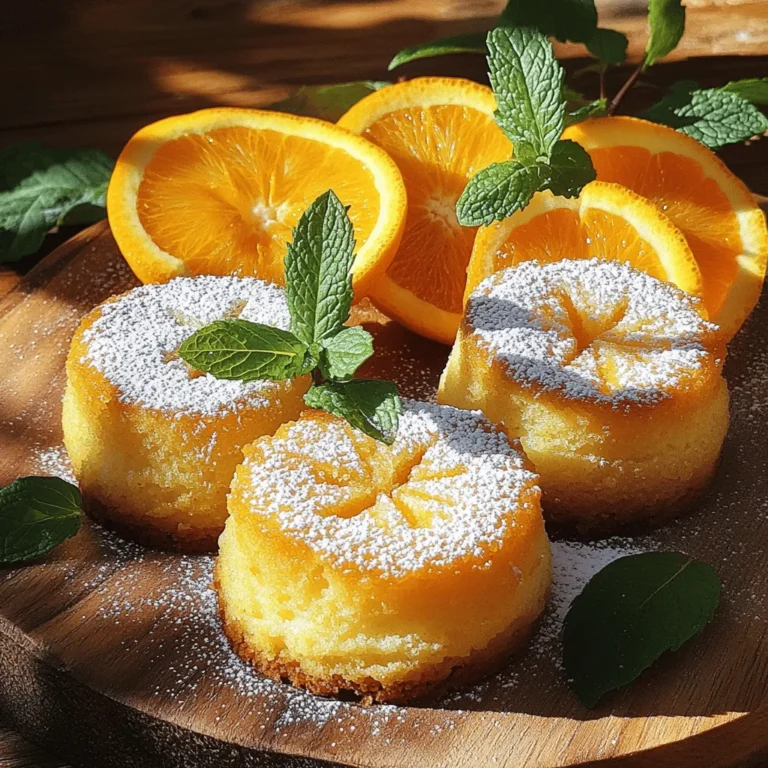 To make Orange Ginger Honey Cakes, gather these ingredients: - 1 cup all-purpose flour - 1/2 teaspoon baking powder - 1/4 teaspoon baking soda - 1/2 teaspoon ground ginger - 1/4 teaspoon cinnamon - 1/4 teaspoon salt - 1/2 cup unsalted butter, softened - 1/3 cup honey - 1/4 cup brown sugar - 2 large eggs - Zest of 1 orange - 1/4 cup fresh orange juice - 1 tablespoon grated fresh ginger - 1/2 teaspoon vanilla extract These ingredients blend to create a warm and cozy flavor. The mix of spices adds a nice kick. You can swap some ingredients to suit your taste. For example: - Use whole wheat flour for a heartier texture. - Maple syrup can replace honey if you prefer. - Coconut oil works well instead of butter for a dairy-free option. Adding nuts like walnuts or almonds can add crunch. You can also use dried fruit for extra sweetness. Each ingredient adds not just flavor but also health perks: - Honey: It offers antioxidants and can soothe sore throats. - Ginger: This spice can aid digestion and reduce nausea. - Orange zest: It’s rich in vitamin C, boosting your immune system. These cakes are not only tasty but also provide nourishment. Enjoying them can be a delightful way to treat yourself while getting some health benefits. First, preheat your oven to 350°F (175°C). This step is key for even baking. Next, line a muffin tin with paper liners. This helps with easy removal. It also gives your cakes a nice look. Now, let’s mix our dry ingredients. In a medium bowl, whisk together: - 1 cup all-purpose flour - 1/2 teaspoon baking powder - 1/4 teaspoon baking soda - 1/2 teaspoon ground ginger - 1/4 teaspoon cinnamon - 1/4 teaspoon salt Set this bowl aside. In a large bowl, cream together: - 1/2 cup unsalted butter, softened - 1/3 cup honey - 1/4 cup brown sugar Mix these until they’re light and fluffy. Add in the eggs, one at a time. Make sure to mix well after each egg. Next, stir in the zest of one orange and 1 tablespoon of grated fresh ginger. Now, combine your dry mixture with the wet mixture. Alternate with: - 1/4 cup fresh orange juice Start and end with the dry mix. Mix until just combined. Don’t overmix, or your cakes can get tough. Scoop the batter into the prepared muffin tin. Fill each cup about 3/4 full. This gives them room to rise. Bake these in your preheated oven for 18-20 minutes. To check if they’re done, insert a toothpick into the center. If it comes out clean, they are ready. Let the cakes cool in the tin for 5 minutes. After that, transfer them to a wire rack to cool completely. Enjoy the lovely smell while they cool! To keep your orange ginger honey cakes moist, use fresh ingredients. Fresh eggs and butter bring more moisture. Use honey, as it adds sweetness and keeps cakes soft. Mix the batter gently to avoid overworking the flour. Overmixing can lead to dry cakes. Also, don't skip the orange juice; it adds both flavor and moisture. Lastly, let the cakes cool in the pan for a few minutes. This helps them stay tender. To save time, gather all your ingredients first. This makes the process smoother. You can also prepare the dry mix ahead. Store it in an airtight container until you’re ready to bake. When measuring ingredients, use the spoon-and-level method for flour. This helps you avoid packing it down. While the cakes bake, clean up the kitchen. This way, you enjoy your cakes without a mess. For a lovely presentation, dust your cakes with powdered sugar. Place them on a rustic wooden platter for a warm touch. Garnish with thin orange slices and mint leaves. This adds color and freshness. Serve the cakes warm or at room temperature. They pair well with tea or coffee. If you want extra flair, drizzle a bit of honey on top before serving. It looks great and adds sweetness. {{image_2}} You can easily change the texture and taste of your Orange Ginger Honey Cakes by adding nuts or dried fruit. Chopped walnuts or pecans add a nice crunch. You can also toss in dried cranberries or apricots for extra sweetness. Just mix in about 1/2 cup of your choice before baking. This makes each bite even more exciting. If you want to make these cakes gluten-free, swap the all-purpose flour for a gluten-free blend. Many brands offer mixes that work well. You may also try almond flour or coconut flour, but adjust the liquid. Gluten-free flours can absorb more moisture. Start with the original recipe and make small changes as needed. To give your cakes a richer flavor, consider adding more spices or extracts. A teaspoon of vanilla extract can deepen the taste. If you love spice, try a pinch of nutmeg or cardamom. You can even add a bit of citrus zest like lemon or lime for a bright twist. These small changes can turn your cakes into a unique treat. To keep your Orange Ginger Honey Cakes fresh, store them in an airtight container. Place a piece of parchment paper between layers if stacking. This helps prevent sticking. Store them at room temperature for up to three days. If you want them to last longer, refrigeration is a good choice. Just be aware this might change their texture a bit. If you want to save some cakes for later, freezing works well. First, let the cakes cool completely. Then, wrap each cake tightly in plastic wrap. After that, place them in a freezer-safe bag. Be sure to label the bag with the date. Cakes can stay fresh in the freezer for up to three months. When you're ready to enjoy, simply take them out and thaw at room temperature. To enjoy your cakes warm, reheating is easy. Preheat your oven to 300°F (150°C). Place the cakes on a baking sheet and cover them with foil. Heat for about 10 minutes. This keeps them moist and brings out all the flavors. You can also microwave a cake for about 15-20 seconds. Just be careful not to overheat, or the cake may dry out. Enjoy your warm, delightful treat! Yes, you can use other sweeteners. Maple syrup works well. Agave nectar is another option. You can also use granulated sugar, but adjust the liquid in the recipe. Remember, honey adds moisture, so consider that when you swap it out. You can prepare the batter a day before. Store it in the fridge overnight. When ready, bake them fresh in the morning. Alternatively, bake the cakes and let them cool. Store them in an airtight container for up to three days. This keeps them soft and tasty. These cakes pair well with many toppings. A dollop of whipped cream adds a nice touch. You can also serve them with a side of yogurt. Fresh fruit like berries or slices of orange brightens the plate. For a fun twist, drizzle some chocolate sauce on top. In this blog post, we explored key ingredients for tasty cakes and their health benefits. I shared step-by-step instructions and helpful tips to ensure your cake is moist and delightful. We also discussed variations like gluten-free options and flavor infusions. As you bake, remember that experimentation is key. Adjusting recipes will make fun and unique treats. Embrace creativity in the kitchen, and enjoy every bite you make!