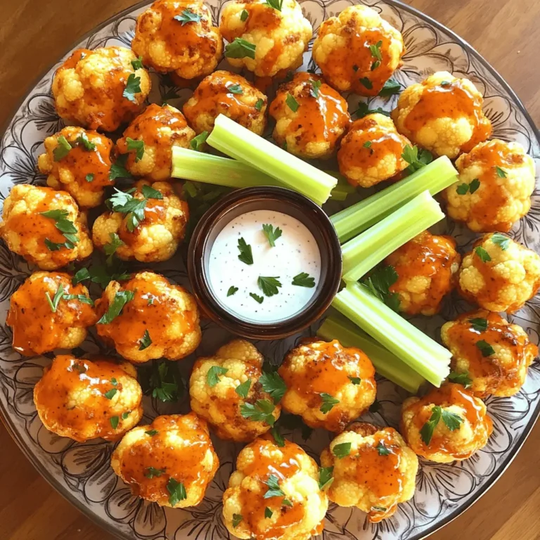 To make Air Fryer Buffalo Cauliflower Bites, you will need: - 1 medium head of cauliflower, cut into bite-sized florets - 1 cup all-purpose flour - 1 teaspoon garlic powder - 1 teaspoon onion powder - 1 teaspoon paprika - 1 teaspoon salt - ½ teaspoon black pepper - 1 cup water (or plant-based milk for a creamier batter) - ½ cup buffalo sauce (store-bought or homemade) - 2 tablespoons olive oil - Fresh parsley, for garnish - Optional: celery sticks and ranch dressing for serving If you have dietary preferences, here are some alternatives: - For gluten-free, use gluten-free flour instead of all-purpose flour. - Swap buffalo sauce for a milder sauce if you prefer less heat. - Use almond milk or oat milk for a dairy-free option. Each serving of Air Fryer Buffalo Cauliflower Bites has about 150 calories. - Carbohydrates: 25g - Protein: 4g - Fat: 5g - Fiber: 3g This tasty snack packs flavor while being lighter than traditional fried foods. Enjoy these bites guilt-free! To make the batter, mix these ingredients in a large bowl: - 1 cup all-purpose flour - 1 teaspoon garlic powder - 1 teaspoon onion powder - 1 teaspoon paprika - 1 teaspoon salt - ½ teaspoon black pepper Next, slowly add 1 cup of water or plant-based milk. Stir until smooth. This batter should be thick enough to coat the florets. For the best coating, dip each cauliflower floret into the batter. Make sure to cover it fully. After dipping, gently shake off any extra batter. This helps keep them crispy. Preheating the air fryer is key to getting crispy bites. Set your air fryer to 375°F (190°C) and preheat for about 5 minutes. This step helps the cauliflower cook evenly and get that golden color. When you place the battered florets in the air fryer, do it in a single layer. Avoid overcrowding the basket. If needed, cook in batches. This keeps the hot air flowing and ensures perfect crispiness. After 10 minutes of air frying, check the florets. They should look golden and slightly crispy. Remove them from the air fryer. Now, toss the florets in a mixture of ½ cup buffalo sauce and 2 tablespoons of olive oil. Make sure each piece gets coated well. Return the tossed florets to the air fryer for another 5 minutes. Look for signs of crispness and a deep golden color. Once they look perfect, they are ready to serve! To get those perfect crispy bites, follow a few simple steps. First, make sure your batter is thick enough. A thin batter won’t coat well and can lead to soggy bites. Next, avoid overcrowding the air fryer basket. This allows hot air to circulate around each piece. If you pack them too closely, they will steam instead of crisp. It’s best to cook in batches if you have a lot. You can choose between homemade or store-bought buffalo sauce. Homemade sauce allows you to control the heat level. If you want it spicier, add a little extra hot sauce or cayenne. For a milder flavor, mix in some butter or olive oil to tone it down. Store-bought sauces are convenient and still delicious, but always check the label for ingredients. These cauliflower bites pair well with celery sticks and ranch dressing. Arrange your bites on a colorful platter to make them pop. For a fun touch, place the celery and ranch in the center. The contrast of colors makes the dish even more inviting. You can also add some fresh parsley on top for a nice finish. {{image_2}} You can change the taste of your Air Fryer Buffalo Cauliflower Bites easily. Try different spices to give them a new twist. For a smoky flavor, use smoked paprika. If you want heat, add cayenne pepper. You can also mix in Italian herbs like oregano and basil for a different vibe. Want to try other sauces? Buffalo sauce is great, but barbecue sauce works wonders too. Teriyaki sauce can add a sweet touch. Just toss your florets in the sauce of your choice after frying. Each sauce brings a unique flavor to the table. Making this recipe gluten-free is simple. Swap the all-purpose flour with a gluten-free blend. Look for options made from rice or almond flour. These work well and keep the bites crispy. If you're looking for vegan options, you can use plant-based milk instead of water in the batter. This keeps the bites light and fluffy. Also, check the buffalo sauce to ensure it’s vegan-friendly. Many brands offer great vegan sauces that add the same spicy kick. Enjoy these tasty bites while meeting your dietary needs! To keep your buffalo cauliflower bites fresh, store them in an airtight container. Make sure they cool completely before sealing. This will help keep them crispy. Place a paper towel at the bottom of the container to absorb moisture. These tasty bites last about 3 to 5 days in the fridge. If you want them to last longer, consider freezing them. Just remember, freezing can affect their texture. Reheating your cauliflower bites can be tricky. You want to keep them crispy, not soggy. The best way to reheat them is in the air fryer. Preheat it to 350°F (175°C). Place the bites in the basket for about 5 minutes. This method helps revive their crunch. If you don’t have an air fryer, you can use an oven. Set it to 375°F (190°C) and bake them for around 10 minutes. Avoid using a microwave, as it will make them soft. Always check to ensure they are heated through before serving. Can I make Air Fryer Buffalo Cauliflower Bites ahead of time? Yes, you can prepare the bites in advance. Just make the batter and coat the cauliflower florets. Store them in the fridge for a few hours. When ready, air fry them per the recipe. This allows for a quick snack or side dish without much fuss. What can I substitute for all-purpose flour? If you need a swap, consider using chickpea flour or almond flour. Both options work well to create a tasty batter. Chickpea flour adds a nutty flavor, while almond flour gives a nice crunch. What temperature should the air fryer be set to? Set your air fryer to 375°F (190°C). This temperature ensures the cauliflower gets crispy and golden. Preheating for about five minutes helps achieve the best results. How can I tell if the cauliflower is properly cooked? Look for a golden brown color on the outside. The cauliflower should feel tender when pierced with a fork. If it’s crispy outside and soft inside, it’s ready to enjoy! What can I use instead of buffalo sauce? If you prefer less heat, try barbecue sauce or honey mustard. For a milder option, use a garlic sauce. Each will give a different flavor but still taste great with cauliflower. Can I use frozen cauliflower florets? Yes, you can use frozen cauliflower. Just make sure to thaw and drain them before coating. This helps the batter stick better and avoids extra moisture. You learned how to make Air Fryer Buffalo Cauliflower Bites. We covered the ingredients, cooking steps, and tips for the best texture. Remember to experiment with flavors and sauces to suit your taste. Always store leftovers properly to keep them fresh. By trying these techniques, you can enjoy a tasty snack that fits your dietary needs. Get ready to impress your friends and family with a dish that’s both fun and easy to make!
