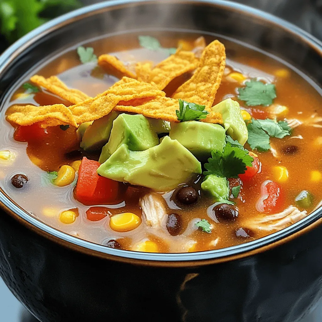 - 1 lb boneless, skinless chicken breasts - 1 can black beans, rinsed and drained - 1 can diced tomatoes with green chilies - 1 yellow onion, chopped - 2 cloves garlic, minced - 1 red bell pepper, diced - 1 cup corn kernels (fresh or frozen) - 4 cups low-sodium chicken broth - 2 tsp ground cumin - 1 tsp chili powder - 1 tsp smoked paprika - Salt and pepper to taste - Juice of 1 lime - Tortilla strips - Fresh cilantro, chopped - Avocado, diced Gathering these ingredients is the first step to making a great soup. The chicken adds protein and texture. The black beans bring fiber, while the tomatoes add a tasty kick. Next, the vegetables and aromatics are key. The onion and garlic give the soup a strong base. The bell pepper adds a sweet crunch. Corn can be fresh or frozen, making it easy to find. The spices and seasonings elevate the dish. Ground cumin and chili powder add warmth. Smoked paprika gives a nice depth. A splash of lime juice at the end brightens the whole soup. Finally, garnishes make a big difference. Tortilla strips add crunch. Avocado gives a creamy touch. Fresh cilantro adds a pop of color and flavor. These simple touches make your soup look and taste amazing! Start by adding the chicken. Place the boneless, skinless chicken breasts at the bottom of your slow cooker. Next, layer in the ingredients. Pour in the black beans, then the diced tomatoes with their liquid. Add the chopped onion, minced garlic, diced red bell pepper, and corn kernels on top. Each layer adds flavor and texture. Cover your slow cooker with its lid. Set it to cook on low for 6 to 8 hours or on high for 3 to 4 hours. If you're short on time, the high setting works well. Make sure the chicken is cooked through and tender before you move on. This slow cooking lets all the flavors mix together beautifully. When cooking time is up, take out the chicken. Use two forks to shred it into bite-sized pieces. Return the shredded chicken to the pot. Now, add the fresh lime juice. This adds a bright flavor that wakes up the soup. Taste it, and adjust the seasoning if needed. Your soup is now ready to serve and enjoy! To make your soup even more tasty, try adding extra spices. A pinch of cayenne pepper can bring heat. You can also add fresh herbs like oregano or thyme for depth. Want a smoky touch? Try adding chipotle peppers in adobo sauce. They pack flavor and spice, perfect for your soup. For the best texture, aim for balance. If your soup is too thick, add more chicken broth until it reaches your desired consistency. If it’s too thin, you can thicken it by mashing some black beans with a fork. This will keep the soup hearty and rich without losing any flavor. Serve your soup with flair! Ladle it into bowls and top with crispy tortilla strips. Add diced avocado and chopped cilantro for color and freshness. A squeeze of lime juice right before serving boosts the flavor. This simple touch makes your dish pop and adds brightness. {{image_2}} You can easily make this soup gluten-free. Just check the labels on the broth and tortilla strips. For a dairy-free option, skip cheese and use dairy-free cream if you like. This soup tastes great even without dairy. Want to change up the protein? Use turkey or even tofu instead of chicken. If you don’t have black beans, any type of beans works well. Great alternatives are pinto beans or kidney beans. They all add good flavor. To change the taste, add different herbs and spices. Try fresh cilantro or parsley for a fresh kick. A pinch of oregano or thyme can also add depth. For heat, add jalapeños or hot sauce. Each choice makes the soup uniquely yours. To store leftovers, let the soup cool down first. Place it in an airtight container. You can keep it in the fridge for up to three days. Make sure the lid is on tight to prevent spills and keep it fresh. If you want to freeze the soup, use a freezer-safe container. Leave some space at the top, as the soup will expand when frozen. It stays good in the freezer for about three months. When you are ready to eat, thaw it in the fridge overnight. Reheat it on the stove or in the microwave until hot. In the fridge, your Chicken Tortilla Soup lasts about three days. In the freezer, it can last for three months. After that, the taste may fade. Always check for any off smells or signs of spoilage before eating. To make your soup spicier, add more chili powder or diced jalapeños. You can also include hot sauce. Start with small amounts and taste as you go. This way, you can find the right heat for your taste. Yes, you can use frozen chicken. Just make sure it is in a single layer in the slow cooker. Cooking time may increase. Check that the chicken reaches 165°F before serving. This ensures it is safe to eat. Some great side dishes include: - Cornbread - Mexican rice - Fresh salad with lime dressing - Chips and guacamole These pairings add more flavor and make your meal complete. Enjoy! To make delicious Slow Cooker Chicken Tortilla Soup, start with simple ingredients. Use chicken, beans, and spices for great flavor. Focus on layering for easy cooking. Remember to shred the chicken and add lime juice for the final touch. As you enjoy this soup, think about the variations and how to personalize it. Don’t forget to add garnishes for extra texture and taste. This recipe is a crowd-pleaser that will warm your heart and satisfy your hunger. Enjoy making it your own!