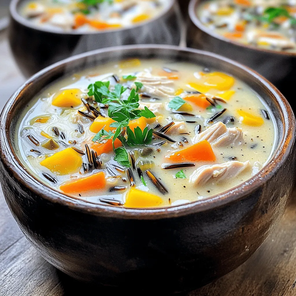 - 1 lb boneless, skinless chicken breasts - 1 cup wild rice - 4 cups chicken broth - 1 large onion - 2 carrots - 2 celery stalks - 3 cloves garlic - 1 teaspoon dried thyme - 1 teaspoon dried rosemary - 1 cup cream or coconut milk - Olive oil, salt, and pepper Making Creamy Chicken Wild Rice Soup is easy when you have the right ingredients. First, you need chicken. The boneless, skinless chicken breasts cook well and stay tender. Next, wild rice brings a nutty flavor and a great texture. Always use good-quality chicken broth. It adds depth to your soup. For the veggies, a large onion adds sweetness. The carrots and celery give a nice crunch. Minced garlic adds a punch of flavor. Herbs make this soup special. Dried thyme and rosemary bring warmth. The cream or coconut milk adds richness and creaminess. Season with olive oil, salt, and pepper to round it all out. These ingredients come together to create a warm, cozy dish. Grab these items, and you will be ready to cook! - First, heat 2 tablespoons of olive oil in a large pot over medium-high heat. - Next, add 1 pound of diced chicken to the pot. Season it with salt and pepper. - Cook the chicken until it turns golden brown. This should take about 5-7 minutes. - Once browned, remove the chicken from the pot and set it aside. - In the same pot, add 1 chopped onion, 2 diced carrots, and 2 diced celery stalks. - Sauté these veggies for about 5-7 minutes until they start to soften. - Now, add 3 minced garlic cloves, 1 teaspoon of dried thyme, and 1 teaspoon of dried rosemary. - Cook this mixture for another minute until it smells great. - Stir in 1 cup of rinsed wild rice and pour in 4 cups of chicken broth. - Bring the soup to a boil, then reduce the heat to low and let it simmer. - Allow it to cook for about 30 minutes, stirring every so often. - After 30 minutes, return the browned chicken to the pot. - Finally, stir in 1 cup of cream or coconut milk and simmer for another 10 minutes. - Taste the soup and add more salt and pepper if needed. To make your soup just right, pay close attention to the liquid. If it's too thick, add more chicken broth. If it's too thin, let it simmer a bit longer. This lets the wild rice soak up more liquid, adding to the creamy texture. Cooking time for wild rice is key. It usually takes about 30 minutes to become tender. Check it after 30 minutes. If it needs more time, give it a few extra minutes and stir often. You can switch up the herbs for a new twist. Try using dill instead of thyme or add a pinch of oregano. Each herb will change the flavor. For garnishes, consider adding crispy bacon or toasted nuts. Both add crunch and flavor. Fresh herbs like parsley or chives also brighten the dish. Serve your soup in deep bowls. Top with fresh parsley for a pop of color. This makes the soup look inviting and fresh. Pair it with crusty bread or a simple salad. This adds a nice touch and makes the meal more filling. You can also serve it with crackers for a fun crunch. {{image_2}} For those who want a dairy-free soup, coconut milk is a great choice. It adds a creamy texture without the dairy. Simply swap the cream for one cup of coconut milk in the recipe. If you want to thicken the soup without cream, use a mix of cornstarch and water. Mix one tablespoon of cornstarch with two tablespoons of water. Stir it in during the last few minutes of cooking. You can mix in other veggies to boost flavor and nutrition. Some tasty options include peas, corn, or spinach. They add color and texture to the soup. Consider using seasonal ingredients, like butternut squash in fall or fresh green beans in summer. This keeps your soup fresh and exciting. If you don’t have chicken, turkey works well too. Just use the same amount and cook it the same way. For a vegetarian option, try mushrooms. They add a rich, savory taste. Use about two cups of diced mushrooms instead of chicken for a hearty meal. To store your creamy chicken wild rice soup, let it cool first. Use airtight containers for best results. Place the soup in the fridge. It stays fresh for about 3 to 4 days. Always check for any off smells or changes in texture before eating. You can freeze this soup if you have leftovers. Pour the cooled soup into freezer-safe containers. Leave some space at the top for expansion. The soup will last for up to 3 months in the freezer. To thaw, move it to the fridge overnight. Reheat on the stove over low heat, stirring often. You can also use the microwave for quick reheating. Transform your leftover soup into new meals. You can add cooked pasta or rice to make it heartier. Mix in some fresh spinach for added nutrition. Another idea is to use it as a base for a casserole. Pour the soup over cooked chicken and veggies, then top with breadcrumbs. This way, you reduce waste and enjoy new flavors! Yes, you can make this soup in a slow cooker. Start by browning the chicken in a pan. Then, add it to your slow cooker with all other ingredients. Cook on low for 6-8 hours or on high for 3-4 hours. This method allows the flavors to blend well. To thicken the soup without cream, use a few simple methods. You can blend a portion of the soup and stir it back in. Another option is to add more wild rice. It absorbs liquid and adds texture. You could also mix in a slurry of cornstarch and water. This will help thicken the soup quickly. Chicken wild rice soup pairs well with many side dishes. Here are some great options: - Crusty bread or rolls - Simple green salad with vinaigrette - Roasted vegetables for added flavor - Grilled cheese sandwiches for a classic combo These sides enhance the meal and make it more filling. This blog post covered how to make a delicious chicken wild rice soup. We discussed essential ingredients like chicken, wild rice, and aromatics. I provided steps for cooking, seasoning, and enhancing flavor. Plus, I shared tips for storage and variations. In cooking, feel free to experiment. Use different veggies or proteins. Enjoy making this warm, tasty soup for family or friends!