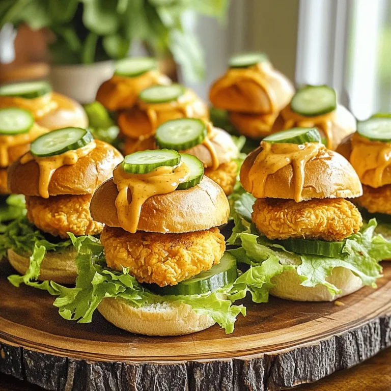 - 1 lb ground chicken - 1/2 cup breadcrumbs - 1/4 cup green onions, finely chopped - 1/2 cup mayonnaise - 2 tbsp sweet chili sauce - 1 tbsp Sriracha (or to taste) The main ingredients for these Bang Bang Chicken Sliders create a juicy, flavorful bite. Ground chicken serves as the base. It provides the perfect texture. Breadcrumbs help bind everything together. They also add a nice crunch. Green onions give a fresh taste. The mayonnaise keeps the patties moist. Sweet chili sauce adds sweetness. Sriracha brings heat. Adjust the Sriracha to match your taste. - 1 tsp garlic powder - 1 tsp onion powder - 1 tsp paprika - Salt and pepper to taste Spices are key to great flavor. Garlic powder adds depth. Onion powder enhances the savory taste. Paprika brings warmth and color. Salt and pepper balance the flavors. Use them to taste. - Slider buns (mini brioche or whole wheat) - Lettuce leaves (for garnish) - Sliced cucumbers The right buns make all the difference. Mini brioche or whole wheat buns are great choices. They are soft and easy to handle. Lettuce adds crunch and freshness. Sliced cucumbers bring a cool touch. Together, they elevate your sliders. First, I grab a large mixing bowl. I combine 1 pound of ground chicken with 1/2 cup of breadcrumbs. Next, I add 1/4 cup of finely chopped green onions. Then, I sprinkle in 1 teaspoon each of garlic powder, onion powder, and paprika. I also add salt and pepper to taste. I mix everything until it is well blended. This mixture should feel sticky but firm. Now, I form the mixture into small patties. Each patty should match the size of the slider buns. I usually get about 8 to 10 patties, depending on how big I make them. Next, I heat a skillet over medium heat. I add a little oil to the pan. When the oil is hot, I place the patties in the skillet. I cook them for about 5 to 6 minutes on each side. I wait until they are golden brown and cooked through. This will give the sliders a nice texture. While the patties are cooking, I prepare the Bang Bang sauce. I take a small bowl and whisk together 1/2 cup of mayonnaise, 2 tablespoons of sweet chili sauce, and 1 tablespoon of Sriracha. I mix it until it is smooth. Here, I can adjust the Sriracha to my spice level. If I want more heat, I add extra Sriracha. This sauce is what makes the sliders pop! To ensure perfect patty texture, always mix the ground chicken with care. Do not overmix, as this can make the patties tough. Use your hands to combine the ingredients until just mixed. The breadcrumbs help hold everything together, so don’t skip them. For golden-brown patties, heat your skillet over medium heat. Add a little oil to the pan, then place the patties in. Cook for 5-6 minutes on each side. Look for a nice golden color to know they are ready. Presentation matters. Arrange the sliders on a platter. Drizzle extra Bang Bang sauce on top for a colorful look. You can also garnish with fresh cilantro or lime slices for added freshness. This gives a nice pop and makes your sliders look even more inviting. For garnishing, add lettuce leaves and sliced cucumbers on top of the patties. This not only adds crunch but also balances the rich sauce. You can also serve them with toothpicks for easy handling. Pair your sliders with side dishes like sweet potato fries or a bright salad. These sides add balance to the meal and keep it light. A cold drink, like iced tea or lemonade, complements the sliders well. If you want to make sliders ahead of time, prepare the chicken patties and sauce in advance. Store them separately in the fridge. When ready to serve, simply cook the patties and assemble with the sauce and toppings. This makes hosting easy and fun! {{image_2}} You can swap ground chicken for ground turkey. Turkey has less fat, but still tastes great. You can also try plant-based ground meat. These options keep your sliders tasty and healthy. For breadcrumbs, use gluten-free ones. They work just as well to bind your patties. Change up the sauce for different tastes. You can use less sweet chili sauce and more Sriracha for a spicier kick. You can also mix in garlic or lime juice for extra zing. For toppings, try sliced jalapeños or avocado. These add fresh flavors and textures to your sliders. You can make mini sliders for fun bites or regular-sized ones for hearty meals. Mini sliders are perfect for parties. They let guests try more flavors without filling up. You can set up a slider bar with various sauces and toppings for a unique twist. To keep your Bang Bang Chicken Sliders fresh, place leftovers in an airtight container. Store them in the fridge. They will last about 3 to 4 days. Make sure they cool down before sealing. This helps keep the moisture in. If you notice any weird smells, toss them out. You can freeze cooked or uncooked patties. For cooked patties, let them cool completely. Then, wrap each patty in plastic wrap. Place them in a freezer bag. They will last up to 3 months. For uncooked patties, you can freeze them after shaping. Just make sure to separate layers with parchment paper. To thaw, place them in the fridge overnight. You can also use the microwave on low. For best taste, avoid letting them sit out too long. To keep that juicy texture, reheat patties in a skillet. Heat them on low to medium heat. Cook for about 5 minutes on each side. You can also use an oven at 350°F for about 10 minutes. For the Bang Bang sauce, warm it gently in a small pot. Stir often so it doesn't burn. You can also microwave it for a few seconds, but watch it closely. Enjoy your sliders warm and tasty! I prefer using ground chicken for these sliders. It stays juicy and tender. You can also use ground turkey if you want a lighter option. Both meats blend well with the spices and sauce. Yes, you can prepare the chicken mixture a day ahead. Store it in the fridge until you are ready to cook. You can also cook the patties and keep them warm in the oven. Reheat them in the oven or on a skillet. This keeps them crispy. These sliders pair well with many sides. Try crispy sweet potato fries or a fresh salad. For drinks, a light beer or iced tea works great. You can also serve a fruity mocktail to balance the heat. This blog post covered everything you need to make delicious Bang Bang Chicken Sliders. You learned about the key ingredients, how to prepare the chicken mixture, and cook the patties. I shared tips for serving and enhancing your sliders. You even discovered ways to store leftovers and variations to try. Get creative with flavors and enjoy sliders any time. They are easy to make and share with friends. Have fun cooking!