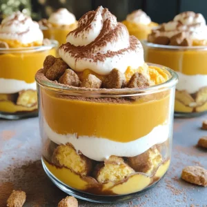 - 1 cup pumpkin puree - 1 cup mascarpone cheese - 1 cup heavy whipping cream - ⅓ cup sugar - 1 teaspoon vanilla extract - 1 teaspoon pumpkin pie spice - 1 cup strong brewed coffee, cooled - 10 ladyfinger biscuits - 1 tablespoon cocoa powder (for dusting) - Optional: crushed gingersnap cookies for garnish - Optional: whipped cream for topping To create Pumpkin Spice Tiramisu Trifles, we start with the main ingredients. Pumpkin puree gives the trifle its rich flavor. Mascarpone cheese adds creaminess. Heavy whipping cream makes it light and airy. Sugar sweetens the mix, while vanilla extract brings warmth. Pumpkin pie spice is the secret to that fall flavor. Next, we have additional ingredients. Strong brewed coffee soaks the ladyfinger biscuits, giving them a nice kick. Ladyfingers are light sponge cookies that get soft but not soggy. Cocoa powder dusts the top for a beautiful finish. For extra flair, add crushed gingersnap cookies or whipped cream. These add texture and a fun twist to each bite. Each ingredient plays a role in making this dessert special. They work together to create layers of flavor and texture, making the trifles a delightful treat for any fall gathering. 1. Start by whipping the heavy cream. Use a large bowl and a mixer. Whip until you see stiff peaks. This means the cream holds its shape well. Set it aside. 2. In another bowl, combine the mascarpone cheese and pumpkin puree. Add the sugar, vanilla extract, and pumpkin pie spice. Mix this until it is smooth and well blended. 3. Now, gently fold the whipped cream into the pumpkin mascarpone mixture. Be careful! You don’t want to deflate the cream. This makes the trifle light and airy. 1. Take your ladyfinger biscuits and dip each one quickly into the cooled coffee. Make sure they soak just right. They should be moist but not soggy. 2. In individual serving glasses or jars, place the soaked ladyfingers at the bottom. 3. Next, add a layer of the pumpkin mascarpone mixture right on top of the ladyfingers. 4. Repeat these layers until the glasses are filled. Finish with a layer of the pumpkin mascarpone mixture on top. 1. Dust the top of each trifle with cocoa powder. Use a fine sieve for a nice, even coat. This adds a lovely look and flavor. 2. For an extra special touch, you can garnish with crushed gingersnap cookies and a dollop of whipped cream. This makes the dessert even more festive. 3. Cover the trifles and refrigerate them for at least 2 hours. This waiting time helps the flavors blend perfectly. Enjoy your delightful fall dessert! To achieve stiff peaks, whip your heavy cream in a chilled bowl. Start on low speed, then increase to medium-high. This helps the cream whip up evenly. Stop when the cream holds its shape, but don’t over-whip. Over-whipping turns cream into butter. Common mistakes to avoid include using warm cream or a warm bowl. Both can make it hard to whip cream properly. Always ensure your tools and ingredients are cold for the best results. Best practices for even layers involve gently spooning each ingredient into the glass. Start with ladyfingers, then add the pumpkin mixture. This keeps layers distinct and beautiful. To maximize flavor infusion, soak the ladyfingers in cooled coffee for just a second. If you soak too long, they can become soggy. Perfectly soaked ladyfingers will add flavor without losing structure. For an ideal presentation, use clear glassware like small jars or cups. This shows off the lovely layers. Choose containers that are not too big; smaller portions look neat and inviting. Pair your trifles with warm spiced cider or a cup of coffee. These drinks complement the pumpkin spice flavor well. For a snack on the side, try cookies or a slice of pumpkin bread. {{image_2}} You can easily change the flavors in your Pumpkin Spice Tiramisu Trifles. Try adding nutmeg or cinnamon for a warm twist. You can also use chocolate syrup instead of coffee for a sweet touch. If you want some fruit, try layering in some diced apples or pears. They pair well with pumpkin. You can mix and match flavors to create your own special dessert. If you need a gluten-free option, switch to gluten-free ladyfingers. You can find these at most stores now. For a dairy-free version, use cashew cream or coconut cream instead of mascarpone. Both options give a nice taste. You won’t lose any creamy goodness with these swaps. You can make this dessert for any holiday. For Halloween, add a layer of candy corn or crushed pumpkin candies. For Thanksgiving, sprinkle some pecans on top for crunch. You can also use cranberry sauce to add a tart flavor. Each season brings new flavors to explore, so have fun with it! You can keep your Pumpkin Spice Tiramisu Trifles fresh in the fridge for up to 3 days. Store them in airtight containers to lock in moisture and flavor. If you have not yet added any toppings, they will stay even fresher. You can freeze the trifle for up to a month. To do this, layer the trifle in freezer-safe containers. Avoid adding cocoa powder or garnishes before freezing. This helps keep the texture smooth. When you want to serve them, thaw them in the fridge overnight. You do not need to reheat the trifle. It tastes best chilled. If it seems a bit firm after being in the fridge, let it sit at room temperature for about 15 minutes. This will help the flavors come alive again. Yes, you can make these trifles ahead of time. They taste even better after chilling. Prepare the layers and assemble them in your serving glasses. Cover them tightly and refrigerate for up to two days. This lets the flavors blend well. Just remember to add any whipped cream or crushed gingersnap cookies right before serving. If you don't have mascarpone cheese, you can use cream cheese. Soften it to make it easier to mix. Another option is ricotta cheese, which offers a different texture. For a lighter choice, try a mix of Greek yogurt and cream. These substitutes still give a creamy base for your trifles. To make a vegan version, swap the mascarpone cheese for a plant-based cream cheese. Use coconut cream instead of heavy cream. For the sweetener, maple syrup works well instead of sugar. Ensure your ladyfingers are vegan, or use a vegan sponge cake. These changes let everyone enjoy this tasty treat. Serve your trifles in clear glasses or jars. This shows off the beautiful layers. Dust the top with cocoa powder for a finishing touch. You can add extra crushed gingersnap cookies and a dollop of whipped cream on top. These small details make your dessert look and taste special. In this post, we covered how to make delicious Pumpkin Spice Tiramisu Trifles. We explored key ingredients like pumpkin puree, mascarpone cheese, and whipped cream. You learned step-by-step methods for preparing, assembling, and presenting your trifles. We shared tips for perfecting the whipped cream and suggested fun variations. Finally, we provided storage info to keep your dessert fresh. Remember, trifles are flexible, so feel free to get creative! You can enjoy the rich flavors and festive spirit any time of year.