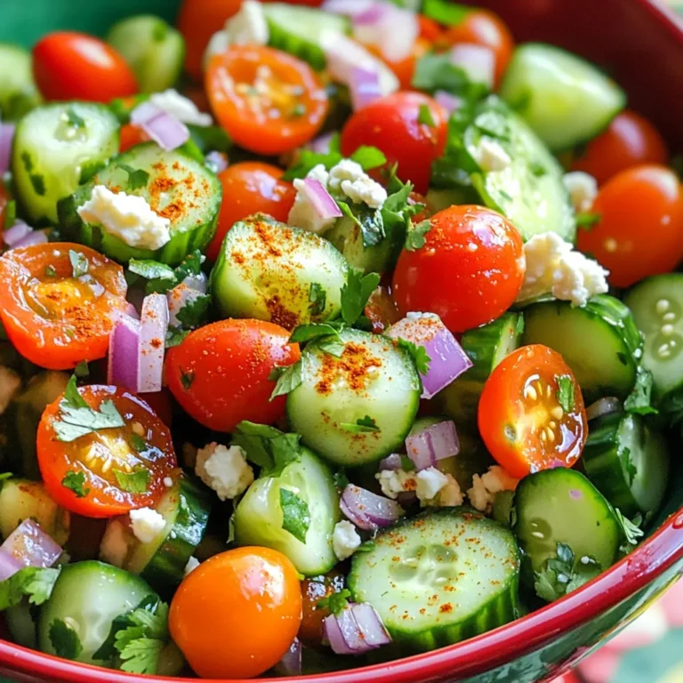 - 3 large cucumbers, peeled and diced - 1 cup cherry tomatoes, halved - 1/2 red onion, finely chopped - 1 jalapeño, seeds removed and minced - 1/4 cup fresh cilantro, chopped The main ingredients create a fresh and crunchy base. Cucumbers give a cool taste. Cherry tomatoes add sweetness. Red onion brings a sharp bite. Jalapeño adds heat, and cilantro gives a fresh finish. - Juice of 2 limes - 2 tablespoons olive oil - 1 teaspoon ground cumin - 1 teaspoon chili powder - Salt and pepper to taste The dressing is simple yet packed with flavor. Lime juice adds brightness. Olive oil gives richness. Cumin and chili powder add warmth and depth. Salt and pepper bring everything together. - Crumbled queso fresco for garnish Adding queso fresco is a great way to enhance the dish. The creamy cheese balances the spice and adds a nice texture. You can skip it if you want, but it’s worth trying! How to Dice Cucumbers Start with three large cucumbers. Peel them first. Slice them in half lengthwise. Then, cut each half into thin slices. Finally, chop the slices into small cubes. Halving Cherry Tomatoes Take one cup of cherry tomatoes. Use a sharp knife to cut each tomato in half. This helps them mix well in the salad. Chopping Red Onion and Jalapeño Grab half a red onion. Chop it finely. Then, take one jalapeño. Remove the seeds and mince it. This will add a nice kick to the salad. Whisking Lime Juice and Olive Oil In a small bowl, squeeze the juice from two limes. Add two tablespoons of olive oil. Use a whisk to mix them together well. Combining Spices into the Dressing Add one teaspoon of ground cumin and one teaspoon of chili powder to the lime juice mix. Season with salt and pepper. Whisk again until it is smooth. Mixing Vegetables with Dressing In a large bowl, combine the diced cucumbers, halved cherry tomatoes, chopped red onion, minced jalapeño, and chopped cilantro. Pour the dressing over the veggies. Gently toss to coat everything well. Allowing Flavors to Meld Let the salad sit for about 10 to 15 minutes. This allows the flavors to mix and deepen. Serving Suggestions Before serving, give the salad another gentle toss. You can adjust the seasoning if needed. Serve it chilled or at room temperature. If you like, sprinkle crumbled queso fresco on top for extra flavor. - Types of Cucumbers to Use: I recommend using large, firm cucumbers. English cucumbers work well, too. They have fewer seeds and a thinner skin. Pickling cucumbers are another good choice. They add a nice crunch. - How to Select Fresh Produce: Look for cucumbers that feel heavy for their size. The skin should be smooth and dark green. Avoid any with soft spots or wrinkles. Fresh cucumbers will have a firm texture and a bright color. - Modifying Jalapeño Quantity: If you like it spicy, add more jalapeño. For less heat, use less or remove the seeds. You can also use a milder pepper if you prefer. - Alternatives to Spiciness: If you want flavor without heat, try bell peppers or sweet peppers. They add color and crunch without the burn. You can also add a little smoked paprika for a different flavor twist. - Adding Additional Herbs: Fresh herbs can brighten your salad. Try adding mint or parsley for a fresh taste. They pair well with cucumber and lime. - Suggestions for Extra Ingredients: Consider adding diced avocado for creaminess. You can also toss in some corn for sweetness. These ingredients add new layers of flavor and texture. {{image_2}} You can add extra veggies to spice up your salad. Bell peppers bring color and crunch. Their sweet flavor pairs well with the heat from jalapeños. You can use red, yellow, or green peppers. Just chop them into small pieces and mix them in. Avocado adds a creamy texture. It balances the spicy and tangy flavors. Cut ripe avocados into cubes and gently fold them in. This addition makes the salad richer and heartier. Try different dressings to change the flavor. A spicy vinaigrette can boost the heat. Add more jalapeño or a splash of hot sauce to the lime dressing. This makes the salad even more exciting. For a creamy twist, use yogurt or sour cream. Mix these with lime juice and spices. This gives a richer taste and a nice texture. You can also try a tahini dressing for a nutty flavor. This salad pairs well with proteins like grilled chicken. The fresh flavors complement the savory meat. Just place the salad on the side or on top of the chicken. You can also use it as a topping for tacos or burritos. It adds a fresh crunch and bright flavor. Just scoop some on your taco for a delicious bite. Enjoy experimenting with these variations! To keep your spicy Mexican cucumber salad fresh, store it in a sealed container. Use glass or plastic containers with tight-fitting lids. This helps keep the flavors intact. In the fridge, it lasts about 3 to 4 days. After that, the cucumbers may become soggy. Always check for off smells or changes in texture before eating. Meal prep makes life easier. You can chop the vegetables a day ahead. Store them in separate containers. Keep the dressing in a different jar. This way, the salad stays crisp. To keep the salad fresh, mix it right before serving. The dressing can make the cucumbers soggy if left too long. You can’t freeze spicy Mexican cucumber salad. Freezing changes the texture of the cucumbers. They will turn mushy once thawed. If you want long-term storage, try making a cucumber salsa instead. Use the same veggies and spices, but blend them. This mix freezes well and adds great flavor to many dishes. Spicy Mexican Cucumber Salad is a fresh and zesty dish. It combines cool cucumbers with juicy tomatoes and a kick from jalapeños. The key ingredients include: - 3 large cucumbers, peeled and diced - 1 cup cherry tomatoes, halved - 1/2 red onion, finely chopped - 1 jalapeño, minced - 1/4 cup fresh cilantro, chopped - Juice of 2 limes - 2 tablespoons olive oil - 1 teaspoon ground cumin - 1 teaspoon chili powder - Salt and pepper to taste - Optional: Crumbled queso fresco for garnish This salad bursts with bright flavors. The lime juice adds tang, while cumin and chili powder give warmth. Cilantro adds a fresh touch, making this salad a perfect side or light meal. Yes, you can prepare this salad ahead of time. To make it in advance: - Chop the vegetables and store them in the fridge. - Mix the dressing separately and keep it in a jar. - Combine both just before serving. This way, your salad stays crunchy and fresh. The flavors will meld beautifully if you let it rest for about 10-15 minutes after mixing. You can easily modify the heat in the salad. Here are ways to adjust it: - Use less jalapeño or remove the seeds for less heat. - Substitute with a milder pepper like a green bell pepper. - Add a pinch of cayenne pepper for extra kick if you like it spicier. This flexibility makes the salad enjoyable for everyone. Spicy Mexican Cucumber Salad offers many health benefits. Here’s a quick overview: - Cucumbers are low in calories and high in water, helping with hydration. - Tomatoes provide vitamins C and K, plus antioxidants. - Jalapeños can boost metabolism and add vitamin C. - Olive oil is a healthy fat that supports heart health. This salad is not just tasty; it’s also good for you! This blog post covered a tasty Spicy Mexican Cucumber Salad. We looked at the key ingredients, like cucumbers and cherry tomatoes. You learned how to prep, mix, and serve the salad for maximum flavor. I shared tips on choosing fresh produce and adjusting spice levels. We explored cool variations and how to store leftovers. Final thoughts: This salad is not just fresh; it’s versatile! Experiment with the ingredients to find your perfect blend. Enjoy every bite!