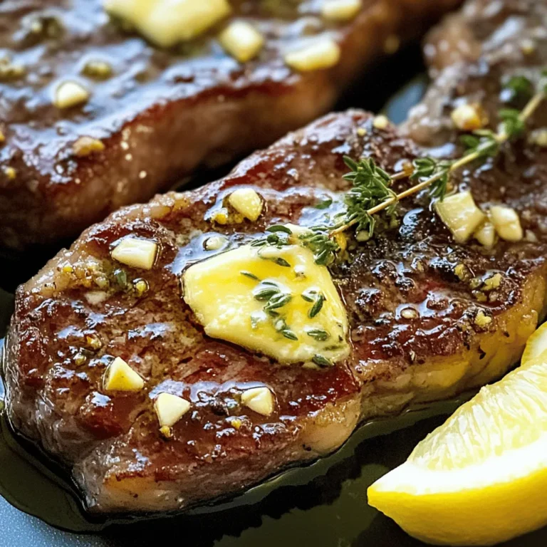 To make the perfect cast iron butter basted ribeye, you need a few key ingredients. Each one plays a vital role in creating a delicious steak. Here’s what you will need: - Ribeye steaks (1.5 inches thick) - Unsalted butter - Crushed garlic cloves - Fresh thyme - Olive oil - Salt and freshly ground black pepper - Lemon wedges for serving Having these ingredients ready is crucial. Ribeye steaks are known for their rich flavor and tenderness. The unsalted butter adds a creamy texture and enhances the taste. Fresh thyme brings a lovely aroma while garlic infuses depth into the dish. Don't forget the olive oil! It helps to get that perfect sear on the steaks. Seasoning with salt and pepper is key, so make sure to be generous. Lastly, lemon wedges not only add brightness but also balance the richness of the steak. This simple list sets the stage for a flavorful meal. Each ingredient works together to create a memorable dining experience. Now that we have our ingredients, let's dive into the next steps to cook this delicious ribeye. 1. Bringing steaks to room temperature: Start by taking your ribeye steaks out of the fridge. Let them sit for 30-45 minutes. This step helps the meat cook evenly. 2. Seasoning with salt and pepper: Next, season both sides of the steaks. Use a generous amount of salt and freshly ground black pepper. Press the seasoning into the meat to help it stick well. 1. Preheating the cast iron skillet: Heat your cast iron skillet over high heat. Wait until it is almost smoking. This step is key for a good sear. 2. Searing the steaks: Carefully place the steaks into the hot skillet. Avoid moving them for about 4-5 minutes. This will create a nice, crispy crust. 3. Adding butter, garlic, and thyme: Once the first side is brown, flip the steaks with tongs. Add butter, crushed garlic, and fresh thyme to the skillet. This will add rich flavors to your steak. 1. Method for basting with butter: As the butter melts, tilt the skillet slightly. This allows the butter to pool on one side. Use a spoon to baste the melted butter over the top of the steaks. Do this for about 3-4 minutes for medium-rare. 2. Checking doneness with a meat thermometer: To check if your steak is done, use a meat thermometer. Aim for 130°F (54°C) for medium-rare or 140°F (60°C) for medium. This ensures your steak is cooked just right. To get a great sear, a hot skillet is key. Heat your cast iron skillet until it’s almost smoking. This high heat helps form a nice crust. If the skillet is not hot enough, your steak will steam instead of searing. Avoid crowding the pan. When you add too many steaks, they won't cook well. It’s better to cook one or two at a time. This way, each steak gets its own space to sizzle and brown. To cook your ribeye just right, use a temperature guide. For medium-rare, aim for 130°F (54°C). For medium, go for 140°F (60°C). A meat thermometer helps a lot here. Cooking time changes with steak thickness. Thicker steaks need more time, while thinner ones cook faster. Keep an eye on them and adjust as needed. You can play with herbs to boost flavor. If you want a twist, try rosemary or oregano instead of thyme. Both work well with ribeye. Adding other aromatics can really elevate the dish. Consider shallots or even a splash of red wine. These additions can round out the flavor and make your steak even more delicious. {{image_2}} You can change how you cook your ribeye for different flavors. One great way is to use sous vide. This method cooks the steak in a water bath at a low, steady heat. You can set the temperature to about 130°F (54°C) for a perfect medium-rare. After the sous vide, sear the steak in your hot cast iron skillet. This gives you a tender steak with a nice crust. If you love grilling, why not try that? Grill your ribeye steaks over direct heat. Baste them with melted butter while they cook. This adds rich flavor and keeps the meat juicy. You can also mix up the flavors. Try using flavored butter, like herb-infused butter. Just mix soft butter with herbs like rosemary or parsley. When you baste your steak, it adds a whole new taste. Another option is to use marinades. A simple mix of olive oil, garlic, and lemon juice works well. Marinate your steak for a few hours to soak in the flavors before cooking. Ribeye pairs well with many sides. Think about roasted vegetables or creamy mashed potatoes. Both add great texture and flavor. A fresh salad can also balance the richness of the steak. For sauces, consider a chimichurri or a simple garlic butter sauce. These can enhance each bite. You can also serve lemon wedges to squeeze over the steak for a zesty touch. To keep leftover ribeye steaks fresh, follow these steps: - Refrigeration: Place cooled steaks in an airtight container. This prevents odors and keeps them safe. Store in the fridge for up to 3 days. - Freezing: Wrap each steak tightly in plastic wrap, then in aluminum foil. This helps prevent freezer burn. You can freeze ribeye for up to 3 months. When reheating, you want to keep the steak moist. Here are some methods: - Oven Method: Preheat your oven to 250°F (121°C). Place the steak on a baking sheet. Heat for 20-30 minutes. This warms it through without overcooking. - Skillet Method: Heat a small amount of oil in a skillet over low heat. Cook the steak for about 5 minutes on each side. This gives you a nice sear while keeping it juicy. For best results, use a meat thermometer. Aim for a warm center around 130°F (54°C). Enjoy your delicious ribeye! To check if your ribeye is cooked, use a meat thermometer. Insert it into the thickest part. For medium-rare, aim for 130°F (54°C). For medium, go for 140°F (60°C). Always remove the steak from heat a few degrees early. It will continue to cook while resting. Yes, you can cook ribeye in a non-stick pan. However, cast iron is best. Cast iron holds heat better, giving a nice sear. It also adds flavor. Non-stick pans can lose heat quickly. This may lead to uneven cooking. If you want a perfect crust, stick with cast iron. Great side dishes for ribeye include: - Garlic mashed potatoes - Sautéed green beans - Creamed spinach - Roasted Brussels sprouts - A fresh arugula salad For drinks, consider red wine or a craft beer. These pair well with the rich flavors of ribeye. Cooking ribeye steaks can be simple and rewarding. We covered the essential ingredients, step-by-step cooking methods, and many tips for perfection. You learned how to sear, baste, and achieve the doneness you desire. Remember the variations, like grilling and flavoring techniques, to keep things fresh. Store and reheat leftovers properly to enjoy later. Now, with this knowledge, you’ll impress your family and friends with delicious ribeye steaks. Happy cooking!