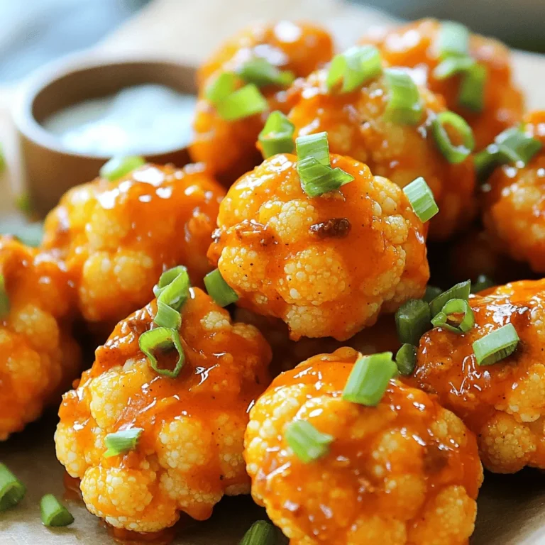 To make Air Fryer Buffalo Cauliflower Bites, you need the right ingredients. Here’s what you will need: - 1 medium head of cauliflower, cut into bite-sized florets - 1 cup all-purpose flour - 1 cup plant-based milk (or regular milk) - 1 teaspoon garlic powder - 1 teaspoon onion powder - 1 teaspoon smoked paprika - 1/2 teaspoon cayenne pepper (adjust for spice level) - Salt and pepper to taste - 1 cup buffalo sauce (store-bought or homemade) - 2 tablespoons olive oil - Chopped green onions for garnish - Blue cheese or ranch dressing for dipping (optional) Start with fresh cauliflower. It should be firm and bright. The flour and milk create a smooth batter that coats the cauliflower. You can use plant-based milk or regular milk, whichever you prefer. The seasonings add flavor. Garlic powder and onion powder provide a savory base. Smoked paprika gives a nice depth, while cayenne pepper adds heat. You can adjust the cayenne for more or less spice. Buffalo sauce is key for that classic flavor. You can buy it ready-made, or make your own if you like. Olive oil helps the sauce stick and adds richness. This list gives you all you need to create a crispy, spicy treat that everyone will love. - Preheat Air Fryer Set your air fryer to 400°F (200°C). This step warms the air fryer and helps the bites cook evenly. - Make the Batter In a bowl, mix 1 cup of all-purpose flour, 1 teaspoon of garlic powder, 1 teaspoon of onion powder, 1 teaspoon of smoked paprika, 1/2 teaspoon of cayenne pepper, and salt and pepper. Slowly add 1 cup of plant-based milk or regular milk. Stir until smooth. - Coat Cauliflower Florets Take each cauliflower floret and dip it into the batter. Make sure each piece is well-covered. Shake off any extra batter before placing them in the air fryer. - Air Frying Process Place the coated cauliflower bites in the air fryer basket. Ensure they are in a single layer. Do not overcrowd them. Air fry for 12-15 minutes. Shake the basket halfway through for even cooking. - Tossing in Buffalo Sauce In a bowl, mix 1 cup of buffalo sauce with 2 tablespoons of olive oil. Once the cauliflower bites are done, transfer them into the bowl and toss them in the sauce until fully coated. - Final Crisping in Air Fryer Return the coated bites back to the air fryer. Cook them for another 3-5 minutes. This step helps the sauce stick and gives them a nice crispiness. Once done, take them out and let them cool a bit before serving. Avoiding Overcrowding When you fill the air fryer, keep space between each piece. If they touch, they will steam instead of crisp. A single layer allows hot air to flow and makes each bite crunchy. Importance of Shaking Basket Shaking the basket during cooking is key. It helps the heat reach all sides of the cauliflower. I recommend shaking it halfway through to keep things even. This simple step gives you that perfect crunch. Modifying Cayenne Pepper Cayenne pepper adds heat, but you can adjust how much you use. If you like milder bites, cut the cayenne to 1/4 teaspoon. For more heat, add a little more. Taste as you go to find your perfect level. Alternative Hot Sauces You can switch out buffalo sauce for other hot sauces. Try a garlic hot sauce for a different flavor. Experiment with your favorites to make these bites your own. {{image_2}} You can change the flavor of your buffalo cauliflower bites with some fun dips. Try ranch dressing or blue cheese on the side. These creamy dips add a cool touch to the spicy bites. You can also mix things up with a honey mustard or barbecue sauce for a sweet twist. If you want to kick it up a notch, add cheese or herbs. Shredded cheese can melt over the hot bites, giving them a rich flavor. You can use cheddar, mozzarella, or even a spicy pepper jack for zing. Fresh herbs like parsley or chives can brighten the dish. Just sprinkle them on top before serving. If you don’t have an air fryer, there are other ways to make these bites. Baking in the oven works great, too. Preheat your oven to 425°F (220°C). Place the coated florets on a baking sheet lined with parchment paper. Bake for about 25-30 minutes. Flip them halfway for even crispiness. Cooking in a deep fryer is another option. Heat oil in a deep pot to 350°F (175°C). Fry the coated cauliflower in small batches until golden brown. This method gives you a crunchy exterior but can add extra calories. Whichever method you choose, you’ll enjoy these tasty bites! To keep your buffalo cauliflower bites fresh, use a proper container. I recommend an airtight container. This helps keep the bites crispy and tasty. Place them in the fridge right after they cool down. They will stay good for about three days. If you want to store them longer, consider freezing. Just place the bites in a freezer-safe bag and remove as much air as you can. To enjoy your leftovers, reheating is key. The best method is to use the air fryer again. Set it to 350°F (175°C) and heat for about 5-7 minutes. This helps to regain that crispy texture. Avoid using a microwave if you can. Microwaving can make them soggy. Always check to ensure they are heated through before serving again. Yes, you can use frozen cauliflower. Just thaw it first. Pat it dry to remove excess moisture. This helps the batter stick better and ensures crispiness. To make these bites gluten-free, swap all-purpose flour with a gluten-free flour blend. Many options work well, like almond flour or chickpea flour. Check the label to ensure it’s certified gluten-free. Buffalo cauliflower bites pair well with many sauces. Try blue cheese dressing for a classic taste. Ranch dressing is another popular option. For a kick, serve with a spicy yogurt sauce. Enjoy experimenting with your favorites! In this blog post, I shared a simple guide for making buffalo cauliflower bites. We covered key ingredients like cauliflower, flour, and buffalo sauce. I explained the easy steps to prepare and cook them. Keeping crispiness and adjusting spice levels were also discussed. Remember, you can change the flavors and switch cooking methods too. Enjoy trying this healthy twist on classic buffalo wings. Make these bites your own by adding dips or new spices. Happy cooking!