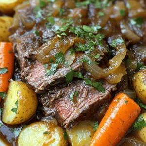 - 3-4 pounds beef chuck roast - 4 large carrots, peeled and chopped - 3 Yukon Gold potatoes, diced - 1 large onion, quartered - 4 cloves garlic, minced The beef chuck roast is the star of the dish. It becomes tender and flavorful when cooked slowly. Carrots, potatoes, and onion add sweetness and texture to the meal. Garlic gives it an extra punch of flavor. - 2 cups beef broth - 2 tablespoons olive oil - 1 tablespoon Worcestershire sauce Beef broth keeps the roast moist and full of flavor. Olive oil helps with searing and adds richness. Worcestershire sauce has a deep, umami taste that enhances the dish. - 2 teaspoons dried thyme - 2 teaspoons dried rosemary - 1 bay leaf - Salt and pepper to taste Dried thyme and rosemary bring a lovely herbal note. A bay leaf adds depth to the broth. Salt and pepper balance all the flavors. Together, these herbs and spices make each bite a delight. How do I season the beef chuck roast? Start by sprinkling salt and pepper on all sides of the beef chuck roast. This simple step adds great flavor. Use your hands to rub the seasoning in well. Why should I sear the meat? Searing the meat builds a rich taste. Heat olive oil in a large skillet over medium-high heat. When the oil is hot, add the roast. Sear it for 3-4 minutes on all sides until it becomes brown. This step makes the pot roast even more tasty. What goes in the slow cooker first? Begin by arranging chopped carrots, diced potatoes, quartered onion, and minced garlic at the bottom. This creates a tasty base for your roast. How do I add the roast and liquids? Next, place the seared beef roast on top of the vegetables. In a bowl, mix 2 cups of beef broth, Worcestershire sauce, dried thyme, rosemary, and a bay leaf. Pour this mix over the roast and veggies. What is the difference between cooking on low vs. high heat? You can slow cook on low heat for 8-10 hours or on high heat for 4-6 hours. Low heat makes the roast very tender. High heat cooks it faster, but may not be as tender. How do I check for doneness? After cooking, check if the meat is tender. You can use a fork to test it. Once done, let the roast rest for 10 minutes before slicing. This helps keep the juices in the meat. Serve the slices with the cooked vegetables and some cooking juices for extra flavor. - Enhancing flavor with searing: Searing the meat is key. It locks in juices and adds a rich, deep flavor. Heat the olive oil and brown the roast for 3-4 minutes on each side. This small step packs a big punch. - Importance of resting the meat: After cooking, let the roast rest for 10 minutes. This helps keep the juices inside, making each bite tender and juicy. Trust me, don’t skip this step! - Adjusting for different sizes of roasts: If your roast is larger or smaller than 3-4 pounds, adjust the cooking time. A bigger roast needs more time, while a smaller one cooks faster. A good rule is to add or reduce an hour for each pound. - Cooking times based on heat settings: Cooking on low heat takes 8-10 hours. If you’re in a rush, high heat works in 4-6 hours. Just make sure the meat is fork-tender before serving. - Serving suggestions with vegetables: Serve the pot roast on a large platter. Arrange the vibrant carrots and potatoes around the roast. This adds color and makes the dish look appealing. - Garnishing for an elegant presentation: Drizzle some of the cooking juices over the meat. Then, sprinkle fresh herbs on top. This simple touch elevates the dish and makes it look gourmet. {{image_2}} You can change the beef chuck roast if you want something different. Try using brisket or round roast. Both cuts cook well in a slow cooker. They give you great flavor, too. For vegetables, you have lots of options. If you don't like carrots, try parsnips or sweet potatoes. If you want greens, add green beans or peas. Mixing vegetables can change the taste. It keeps things fun and fresh. Changing up the herbs and spices can make your pot roast unique. Instead of thyme and rosemary, use oregano or basil for a new twist. You can also add smoked paprika for a rich flavor. Thinking of sauces? Try adding red wine or balsamic vinegar for extra depth. A splash of soy sauce can also do wonders. These small changes can really enhance your dish. If you're looking to make your pot roast gluten-free, it's easy! Just check that your Worcestershire sauce is gluten-free. Most brands offer a safe option. For a low-carb version, swap out the potatoes and carrots. Use cauliflower or zucchini instead. These veggies will soak up the flavors and keep the meal light. You can still enjoy a hearty dish without the carbs. To keep your pot roast fresh, follow these steps: - Cool the roast: Let it sit at room temperature for no more than two hours. - Use airtight containers: Store leftovers in glass or plastic containers with tight lids. - Label and date: Write the date on the container to track freshness. This method keeps your pot roast tasty for about three to four days in the fridge. When it’s time to enjoy your leftovers, here’s how to reheat: - Use the oven: Preheat to 300°F (150°C). Place the roast in a baking dish, cover with foil, and heat for 20-30 minutes. - Stovetop option: Slice the meat and warm it in a skillet over low heat. Add a splash of broth to keep it moist. To keep the flavor and tenderness, avoid high heat. Low and slow works best! If you want to save some for later, follow these tips: - Portion it out: Cut the roast into smaller pieces. This makes it easier to thaw. - Use freezer bags: Place portions in freezer-safe bags, removing excess air before sealing. For thawing, move the roast to the fridge overnight. Reheat as mentioned earlier for a delicious meal! Cooking a pot roast typically takes 8-10 hours on low heat. If you use high heat, it will take 4-6 hours. The meat should be very tender when done. Always check for doneness with a fork. It should shred easily. Cooking times can change based on the size of your roast. Using frozen meat is not advised. It can lead to uneven cooking. When meat stays in the danger zone too long, bacteria can grow. If you must use frozen meat, increase the cooking time. Always thaw the meat in the fridge first for safe cooking. The best cuts for pot roast are beef chuck roast or brisket. These cuts have more fat and connective tissue. This helps them become flavorful and tender during slow cooking. Always look for marbling, as it adds flavor. Avoid lean cuts, as they can dry out and become tough. We explored the key ingredients, step-by-step cooking, and useful tips for making a great pot roast. The right beef, veggies, and herbs create a dish bursting with flavor. You can easily adjust cooking times and ingredients to suit your taste and diet. Remember to rest your meat for the best texture. With proper storage and reheating, leftovers can stay delicious. Enjoy your cooking journey and have fun experimenting with variations!