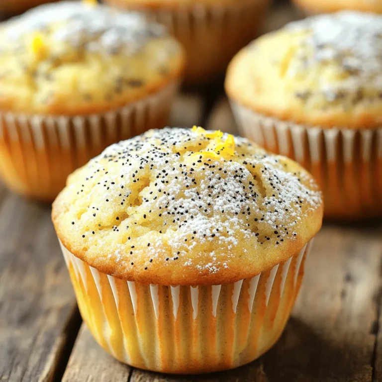 To make these tasty lemon poppy seed muffins, you will need: - 1 ½ cups all-purpose flour - ½ cup granulated sugar - 2 teaspoons poppy seeds - 1 tablespoon baking powder - ½ teaspoon baking soda - ¼ teaspoon salt - 1 large egg - ¾ cup buttermilk (or use milk + 1 tablespoon lemon juice) - ⅓ cup vegetable oil - Zest of 1 lemon - 2 tablespoons fresh lemon juice - Powdered sugar for dusting (optional) If you lack some ingredients, here are good swaps: - Buttermilk: Use regular milk mixed with 1 tablespoon of lemon juice. - Vegetable oil: You can use melted coconut oil or melted butter. - Granulated sugar: Brown sugar adds a slight caramel flavor. - All-purpose flour: Use a gluten-free blend if needed. Fresh ingredients make a big difference. They enhance flavor and texture. Use fresh lemons for zest and juice. Old ingredients can lead to stale muffins. Fresh buttermilk yields better moisture. Always check dates on your baking powder and baking soda. Freshness ensures your muffins rise well and taste great. Start by preheating your oven to 375°F (190°C). This ensures a nice rise on your muffins. Next, prepare your muffin tin. You can use paper liners or lightly grease each cup with cooking spray. This step helps the muffins release easily after baking. In a large bowl, combine the dry ingredients. Add 1 ½ cups of all-purpose flour, ½ cup of granulated sugar, 2 teaspoons of poppy seeds, 1 tablespoon of baking powder, ½ teaspoon of baking soda, and ¼ teaspoon of salt. Whisk these together until they are well mixed. In another bowl, crack 1 large egg and whisk it. Then, pour in ¾ cup of buttermilk, ⅓ cup of vegetable oil, and the zest and juice from 1 lemon. Mix until it looks smooth. Then, carefully pour the wet mixture into the dry ingredients. Gently fold them together until just combined. It’s okay if the batter is a bit lumpy; this keeps the muffins fluffy. Now, it’s time to bake! Use a spoon to divide the batter into each muffin cup. Fill each about two-thirds full. This allows space for rising. Place the muffin tin in your preheated oven. Bake for 15 to 18 minutes. Check for doneness by inserting a toothpick into the center of a muffin. If it comes out clean, they are ready. Once baked, remove the muffins from the oven. Let them cool in the pan for about 5 minutes. After that, transfer them to a wire rack to cool completely. If you like a sweet touch, dust the tops with powdered sugar before serving. Enjoy your fresh and fluffy lemon poppy seed muffins! To get that light and fluffy muffin, mix your batter gently. Overmixing makes muffins dense. When you combine the wet and dry ingredients, stop as soon as you see no dry flour. A few lumps are okay. This keeps air in the batter, helping it rise. One big mistake is not preheating the oven. If the oven is not hot, your muffins won’t rise well. Another mistake is filling the muffin cups too full. Fill them only two-thirds full, so they have space to grow. Lastly, always check doneness with a toothpick. If it comes out clean, your muffins are ready. To make your lemon poppy seed muffins even better, think about adding extras. Blueberries or blackberries pair well with lemon. You can also use nuts like almonds for a crunchy bite. A sprinkle of powdered sugar on top adds a sweet finish. Just remember, keep your add-ons balanced so the lemon shines through. {{image_2}} You can make these muffins gluten-free. Start by swapping the all-purpose flour with a gluten-free blend. Use a mix that works for baking. Almond flour or coconut flour can also work, but they change the texture. Adjust the liquid slightly if needed. This helps keep the muffins light and fluffy. Follow the same steps in the recipe. Bake as usual, and enjoy your gluten-free treat! To make vegan lemon poppy seed muffins, switch the egg with a flax egg. Mix 1 tablespoon of ground flaxseed with 2.5 tablespoons of water. Let it sit until it thickens. Also, replace buttermilk with a plant-based milk mixed with lemon juice. Almond milk or soy milk are great choices. Use vegetable oil as before. Follow the recipe steps to bake your vegan muffins. You can easily add more flavors to your muffins. Blueberries or blackberries add a nice burst of juice. Fold in about 1 cup of fresh or frozen berries into the batter. They bring sweetness and color. If you prefer a nutty taste, add sliced almonds. About ½ cup of almonds works well. Just mix them in with the dry ingredients. These simple additions make your muffins even better! To keep your lemon poppy seed muffins fresh, store them in an airtight container. This helps to trap moisture and prevent them from drying out. Place a piece of parchment paper between the muffins. This keeps them from sticking together. You can store them at room temperature for up to three days. If you want them to last longer, consider refrigerating them. Freezing muffins is simple and smart. Let the muffins cool completely before freezing. Wrap each muffin in plastic wrap or foil. Then, place them in a freezer-safe bag or container. Label the bag with the date, so you know how long they’ve been frozen. You can freeze them for up to three months. When you want to enjoy one, take it out and let it thaw at room temperature. Lemon poppy seed muffins have a good shelf life. At room temperature, they can stay fresh for about three days. In the fridge, they can last up to a week. To reheat, simply place a muffin in the microwave for about 15 to 20 seconds. You can also warm them in an oven at 350°F (175°C) for about five minutes. This helps to bring back their fluffy texture. Enjoy your muffins fresh and warm! Yes, you can use regular milk. To mimic buttermilk, add one tablespoon of lemon juice to the milk. Let it sit for five minutes. This makes the milk slightly sour, which helps the muffins rise and adds flavor. To boost the lemon flavor, add more lemon zest. You can also increase the lemon juice to three tablespoons. This extra zest and juice will make your muffins bright and tangy. If you don’t have poppy seeds, try chia seeds or sunflower seeds. Both add texture and a slight crunch. You can also skip the seeds entirely for a simple lemon muffin. This article explored how to make delicious lemon poppy seed muffins. We covered ingredients, step-by-step instructions, and handy tips. I shared ways to achieve that perfect muffin texture and listed fun variations. Always use fresh ingredients for the best taste. Store muffins properly to keep them fresh. Baking can be fun and rewarding. With these tips, you can create great muffins every time. Enjoy baking!