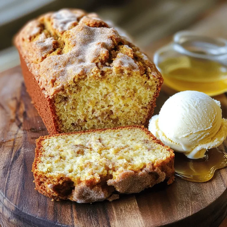 To make Snickerdoodle Banana Bread, gather these simple ingredients: - 3 ripe bananas, mashed - 1/3 cup melted butter - 1 teaspoon vanilla extract - 1 cup granulated sugar - 1 large egg - 1 teaspoon baking soda - 1/4 teaspoon salt - 1 teaspoon ground cinnamon - 1 1/2 cups all-purpose flour - 1/3 cup brown sugar (for topping) - 1 teaspoon ground cinnamon (for topping) These measurements ensure your banana bread turns out well. If you do not have an ingredient, here are some easy swaps: - Butter: You can use coconut oil or vegetable oil. - Sugar: You can use cane sugar or a sugar alternative. - Egg: A flaxseed egg (1 tablespoon flaxseed meal + 2.5 tablespoons water) works well. - Flour: You can try whole wheat flour for a heartier texture. For more flavor, consider these fun add-ins: - Chopped nuts: Walnuts or pecans add a nice crunch. - Chocolate chips: Dark or milk chocolate chips make it sweet. - Dried fruit: Raisins or cranberries add a chewy texture. - Coconut flakes: Shredded coconut gives a tropical twist. These ingredients and options help you make a flavorful Snickerdoodle Banana Bread that everyone will love. 1. First, preheat your oven to 350°F (175°C). This step helps the bread bake evenly. 2. Next, grease a 9x5 inch loaf pan or use parchment paper. This makes removal easy. 3. In a large bowl, mash 3 ripe bananas. Make them smooth with a fork. 4. Pour 1/3 cup of melted butter into the bowl. Mix it well with the bananas. 5. Add 1 cup of granulated sugar, 1 large egg, and 1 teaspoon of vanilla extract. Stir until it’s all mixed together. 6. In a separate bowl, whisk 1 1/2 cups of all-purpose flour, 1 teaspoon of baking soda, 1/4 teaspoon of salt, and 1 teaspoon of ground cinnamon. This will be your dry mix. 7. Gradually add the dry mix to the banana mix. Stir gently until just combined. Be careful not to overmix. 1. In a small bowl, mix 1/3 cup of brown sugar with 1 teaspoon of ground cinnamon for the topping. 2. Pour half of your banana bread batter into the prepared loaf pan. 3. Sprinkle half of the cinnamon sugar topping over the first layer of batter. 4. Add the remaining batter on top. Then, sprinkle the rest of the cinnamon sugar mixture over this layer. 5. Place the pan in the preheated oven. Bake for 55-65 minutes. Check with a toothpick; it should come out clean. 1. After baking, let the bread cool in the pan for about 10 minutes. This makes it easier to handle. 2. Carefully transfer the bread to a wire rack. Let it cool completely before slicing. 3. For a nice treat, serve warm slices drizzled with honey or topped with a scoop of vanilla ice cream. Enjoy your delicious Snickerdoodle Banana Bread! To get the best texture, use ripe bananas. They should be soft and brown. Mash them well until smooth. This step adds moisture and flavor. Mix the butter with the bananas in a large bowl. Combine until it looks creamy. Add the sugar, egg, and vanilla next. Stir gently to keep the mix light. When adding dry ingredients, fold them in slowly. Overmixing can make the bread tough. Bake at 350°F for 55-65 minutes, checking with a toothpick. One common mistake is using unripe bananas. They won't give the right taste. Be careful not to overmix the batter. This can lead to dense banana bread. Also, don’t skip the cinnamon topping. It adds that snickerdoodle charm. Make sure to grease the pan well or use parchment paper. This helps in easy removal of the bread. To boost flavor, add a pinch of nutmeg with cinnamon. This adds warmth and depth. You can also try adding chopped nuts or chocolate chips. They give extra texture and flavor. Serving the bread warm with honey or ice cream makes it special. These options elevate your snickerdoodle banana bread to a new level. {{image_2}} You can add a fun twist with chocolate chips. Simply mix in one cup of semi-sweet chocolate chips into the batter. This adds a rich, sweet flavor that pairs well with the cinnamon. The chocolate melts and creates pockets of gooey goodness in each slice. For a crunchy texture, add nuts. Chopped walnuts or pecans work great. Mix in about half a cup of your favorite nuts into the batter. This not only adds a nice crunch but also boosts the flavor. Nuts pair beautifully with bananas and cinnamon. You can make this recipe gluten-free with some simple swaps. Use gluten-free all-purpose flour instead of regular flour. Make sure it contains xanthan gum for the right texture. The taste will still be amazing, and you won’t miss the wheat at all! After you bake your snickerdoodle banana bread, let it cool down. Wrap it tightly in plastic wrap or foil. This keeps it fresh for about three days at room temperature. If your kitchen is warm, store it in the fridge. Just remember, it might get a bit dry in the fridge. So, use a slice of bread in the bag to keep it soft! Want to save some for later? You can freeze your banana bread. First, let it cool completely. Then, slice the bread into pieces. Wrap each slice in plastic wrap. Place the slices in a freezer bag or container. This way, they won’t stick together. You can freeze them for up to three months. When you want a slice, just take it out and let it thaw. To enjoy your banana bread warm again, preheat your oven to 350°F (175°C). Place your slice on a baking sheet and heat it for about 10 minutes. You can also use a microwave. Heat it for about 20 seconds. If you want a crispy edge, toast it in a skillet for a few minutes. This brings back the fresh flavor and warmth! Yes, you can use frozen bananas. They work great in this recipe. Just thaw them first. Drain any excess liquid, then mash them well. This keeps the bread moist and tasty. Check the bread with a toothpick. Insert it in the center of the loaf. If it comes out clean or with a few crumbs, it’s done. You can also look for a golden-brown color on top. The edges should pull away from the pan slightly. You can use white sugar with a touch of molasses. Mix one cup of white sugar with one tablespoon of molasses. This gives a similar flavor and moisture. Another option is to use coconut sugar or maple syrup. Adjust the liquid in your recipe if you use syrup. This blog post covered all you need for banana bread. We explored key ingredients, measured ingredients, and discussed tasty optional add-ins. Next, I provided step-by-step instructions from prep to serving. I included tips to avoid common mistakes and ways to enhance flavor. Variations like chocolate chip and gluten-free options offer something for everyone. Finally, I gave you storage tips to keep your bread fresh. Enjoy baking your banana bread masterpiece!