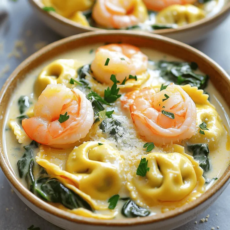 - 12 oz cheese tortellini - 1 lb large shrimp, peeled and deveined - 2 cups fresh spinach, roughly chopped - 1 cup heavy cream - 1/2 cup grated Parmesan cheese - 2 tablespoons olive oil - 3 cloves garlic, minced - 1/2 teaspoon red pepper flakes (for heat) - Salt and black pepper to taste - Fresh parsley for garnish Gather these ingredients for a tasty dish. The cheese tortellini adds great texture. Large shrimp bring a sweet flavor. Fresh spinach gives color and nutrition. Heavy cream makes it rich and creamy. Parmesan cheese adds depth. Olive oil helps cook the garlic. Minced garlic gives a wonderful aroma. Red pepper flakes add heat if desired. Adjust salt and pepper to enhance taste. Fresh parsley brightens the dish as a garnish. Enjoy picking out fresh ingredients at your store. To start, grab a large pot and fill it with water. Add a good amount of salt to it. Bring the water to a boil. Once boiling, add the cheese tortellini. Cook the tortellini according to the package instructions. It usually takes about 3 to 5 minutes. When they are done, drain the tortellini and set them aside for later use. Next, take a large skillet and place it over medium heat. Add the olive oil to the skillet and let it warm up. Once hot, add the minced garlic. Sauté the garlic for about one minute until it becomes fragrant. Then, add the shrimp to the skillet. Season the shrimp with salt, black pepper, and red pepper flakes if you want some heat. Cook the shrimp for about 2 to 3 minutes on each side. They should turn pink and curl up when done. Once cooked, remove the shrimp from the skillet and set them aside. Now, it’s time to make the creamy sauce. Lower the heat on the skillet where you cooked the shrimp. Pour in the heavy cream and stir it well. Let it come to a gentle simmer. Next, add the grated Parmesan cheese to the cream. Stir continuously until the cheese melts and the sauce is smooth. Then, toss in the chopped spinach. Stir until the spinach wilts into the sauce. Finally, return the cooked shrimp and tortellini to the skillet. Gently toss them in the creamy sauce until they are well coated. If needed, adjust the seasoning with more salt and pepper. To know when shrimp are cooked perfectly, look for their pink color. When shrimp turn pink, they are done. This usually takes about 2-3 minutes on each side. Be careful not to overcook them. Overcooked shrimp can become tough and rubbery. Keep an eye on them as they cook. If they curl up tightly, they are likely overcooked. For the right sauce consistency, start with medium heat. When you add the heavy cream, stir it well. Bring it to a gentle simmer. If the sauce is too thick, add a little pasta water. This helps keep it creamy. You can also substitute heavy cream with half-and-half or coconut milk for a lighter sauce. This can change the flavor but still taste great. Creamy shrimp and spinach tortellini pairs well with garlic bread or a fresh salad. The light crunch of a salad balances the creamy sauce. For plate presentation, use shallow bowls. This allows the colors to shine. Top it with fresh parsley and a sprinkle of Parmesan cheese. This adds color and a touch of flavor. {{image_2}} You can switch shrimp for chicken or scallops. Chicken works well, especially if you grill or sauté it until golden. Scallops are sweet and tender, making a great choice too. For a meat-free option, try using firm tofu or chickpeas. Both add protein and blend nicely with the creamy sauce. To elevate the taste, consider adding spices. A pinch of cayenne pepper can give heat. Fresh herbs like basil or thyme brighten the dish. You can also toss in veggies like sun-dried tomatoes or bell peppers for added color and crunch. Want to change the cheese? Try using mozzarella for a stretchy texture or goat cheese for tanginess. While cheese tortellini shines in this recipe, feel free to explore other pasta types. Fusilli or penne work nicely too. If you choose a different shape, adjust the cooking time. Smaller pasta, like shells, cooks faster, while larger shapes, like lasagna, may take longer. Always check for doneness before mixing them with the sauce. To keep your creamy shrimp and spinach tortellini fresh, store it in the fridge. Use an airtight container for the best results. This helps keep the flavors intact and prevents the dish from drying out. Make sure to let it cool down before sealing it. Store it within two hours of cooking for safety. It can last in the fridge for up to three days. When you are ready to enjoy your leftovers, reheat them gently. Place the dish in a skillet over low heat. Add a splash of cream or water to help the sauce stay smooth. Stir often to ensure even heating. Avoid using high heat, as it can lead to sauce separation. You want the creamy texture to stay intact for a delicious meal. Can you freeze this dish? Yes, but with caution. Freezing can change the texture of the cream sauce. If you choose to freeze it, do so right after cooking. Place the cooled dish in a freezer-safe container. For best results, consume it within two months. To thaw, move it to the fridge overnight. Reheat it the next day using the tips I shared above. Enjoy your creamy shrimp and spinach tortellini later without any fuss! Yes, you can easily prep this dish ahead. Cook the tortellini and shrimp, then store them separately in the fridge. Make the sauce just before serving. This keeps the flavors fresh and vibrant. To reheat, gently warm the sauce and combine everything on the stove. This way, your meal stays creamy and delicious. Absolutely! Frozen shrimp works great in this recipe. Just thaw them in the fridge overnight or run them under cold water for quick thawing. Make sure to pat them dry before cooking. This helps get a nice sear on the shrimp. Cook them just like fresh shrimp for best results. If you need a substitute for Parmesan cheese, try Pecorino Romano or Nutritional Yeast. Both options can give you that cheesy flavor. If you're dairy-free, use a plant-based cheese. Just ensure it melts well for a creamy texture. To add heat, increase the red pepper flakes in the recipe. You can also add diced jalapeños or a dash of hot sauce. Adjust the spice to your taste. Remember, you can always add more, but you can't take it out once it's in! This blog post covered a delicious creamy shrimp and spinach tortellini recipe. You learned about the key ingredients, step-by-step cooking instructions, and tips for perfecting the dish. I shared helpful variations and storage ideas as well. Overall, this meal is simple, tasty, and versatile. You can enjoy it with different proteins and spices. Whether you’re cooking for yourself or a crowd, it’s sure to impress. Try this recipe and make it your own. Enjoy cooking and savor each bite.
