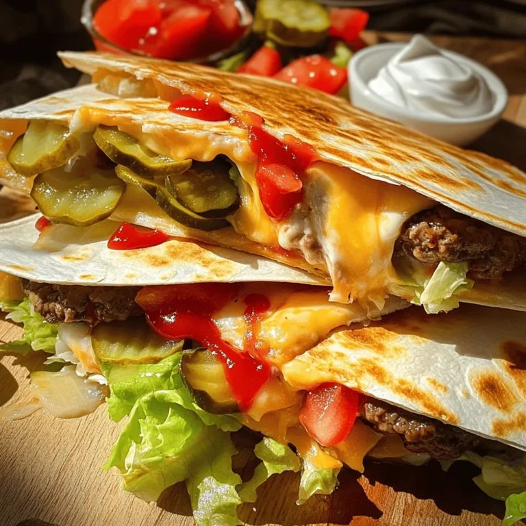 - 1 lb ground beef - 4 large flour tortillas - 2 cups shredded cheddar cheese The heart of the Smashburger quesadilla is the ground beef. I use one pound for a tasty filling. Flour tortillas add a soft, chewy base. I choose large ones to hold all the goodness. For the cheese, I go with two cups of shredded cheddar. It melts beautifully and adds creaminess. - ½ teaspoon garlic powder - ½ teaspoon onion powder - 1 teaspoon chili powder - Salt and pepper to taste To make the beef shine, I mix in seasonings. I use half a teaspoon of garlic powder and onion powder for depth. A teaspoon of chili powder brings a little kick. Don't forget salt and pepper to taste! These simple seasonings make a big flavor impact. - 1 cup diced tomatoes - ½ cup sliced pickles - ½ cup shredded lettuce Fresh toppings add crunch and color. I like one cup of diced tomatoes for juiciness. Half a cup of sliced pickles gives a tangy bite. Lastly, I add half a cup of shredded lettuce for crispness. These toppings bring the quesadilla to life and make it fun to eat! To start, you need to make the beef mix. In a large bowl, combine ground beef, garlic powder, onion powder, chili powder, salt, and pepper. Mix it well with your hands or a spoon. After mixing, form the beef into small patties, about 2-3 inches wide. This shape helps them cook evenly. Next, heat a large skillet on medium-high heat. Place the patties in the pan and smash them down with a spatula. This method gives them a nice crispy edge. Cook each patty for 3-4 minutes on each side until they are brown and fully cooked. Now it's time to build your quesadilla. Reduce the heat to medium. Place one tortilla in the same skillet. Sprinkle half a cup of shredded cheese evenly on top. Add 3-4 beef patties over the cheese. Then, layer diced tomatoes, sliced pickles, and a handful of shredded lettuce on top. Finish with another half cup of cheese before placing a second tortilla on top. Cook the quesadilla for about 3-4 minutes. You want the bottom tortilla to turn golden brown and the cheese to melt. Now, carefully flip the quesadilla over using a spatula. Cook the other side for another 3-4 minutes until it is also crispy and golden. When your quesadilla is ready, remove it from the skillet. Let it cool for a moment. Then slice it into wedges. Drizzle ketchup on top or serve it on the side. Add sour cream for dipping. Enjoy your tasty Smashburger Quesadillas! To get a crispy quesadilla, use high heat. Start with a hot skillet. When you smash the patties, they get a nice crust. Cook them for 3-4 minutes each side. This step helps lock in flavor and creates texture. Once you layer the quesadilla, press down gently. This helps the cheese melt and bind everything together. Want to add more flavor? Here are some ideas: - Mix in smoked paprika for a smoky taste. - Add cayenne pepper for heat. - Try pepper jack cheese for spice. - Use a blend of cheeses like mozzarella and cheddar. Experiment with different spices to find what you love. Store leftover quesadillas in a tight container. They stay fresh for about 3 days in the fridge. If you want to freeze them, wrap each quesadilla in foil. This keeps them safe for up to 2 months. When reheating, use a skillet on low heat. This keeps the quesadilla crispy and warm. Avoid the microwave, as it makes them soggy. {{image_2}} You can switch up the meat in these quesadillas. Try using chicken for a lighter touch. Ground turkey is another great option that tastes great too. If you want a meatless meal, consider black beans or lentils. They give a hearty feel while keeping it healthy. Each option adds its own unique flavor and texture. Cheese is key to a great quesadilla. While cheddar is classic, don’t stop there. Mix in some Monterey Jack for extra creaminess. You can also use pepper jack for a spicy kick. Mozzarella adds a stretchy texture that many love. For a bold twist, try blue cheese or feta. Explore these options to find your favorite blend. Toppings can change your whole dish. Sliced avocado adds creaminess and fresh flavor. For heat, jalapeños are perfect, either fresh or pickled. You can also top your quesadilla with guacamole or salsa for added zest. Try drizzling hot sauce or ranch dressing for a fun twist. Each topping can make your quesadilla feel new and exciting. To keep your leftover quesadillas fresh, place them in an airtight container. You can store them in the fridge for up to three days. Make sure to let them cool before sealing to avoid steam buildup. If you want to keep them longer, consider freezing. For freezing, wrap each quesadilla in plastic wrap. Then, place them in a freezer-safe bag. Remove as much air as possible to prevent freezer burn. They can last for up to three months in the freezer. When you're ready to eat them, just thaw in the fridge overnight. To reheat quesadillas, I recommend using a skillet. Heat the skillet over medium heat. Place the quesadilla in the pan and cover it. This helps the cheese melt evenly. Cook for about 3-5 minutes on each side. You can also use an oven at 350°F for about 10-15 minutes. This keeps them crispy. Avoid the microwave if you can; it makes them soggy. I love pairing my Smashburger quesadillas with fresh sides. Here are some tasty options: - Mexican rice: It adds flavor and a nice texture. - Refried beans: They are creamy and fill you up. - Guacamole: This adds a rich and creamy taste. - Corn salsa: It gives a sweet crunch that complements the quesadilla. - Chips and salsa: A classic that everyone enjoys! Yes, you can! Just swap the flour tortillas for gluten-free ones. Many brands offer great options that taste just as good. Check the labels to ensure they are safe for your diet. You can also use corn tortillas for a different twist. Making these quesadillas is quick and easy. Here’s a breakdown: - Prep time: About 10 minutes to mix and form the beef. - Cooking time: Around 20 minutes to cook the patties and assemble the quesadillas. In total, you’ll spend about 30 minutes from start to finish! Perfect for a weeknight dinner. Making Smashburger Quesadillas is fun and easy. You learned about the main and fresh ingredients, plus how to mix and cook the beef patties. You now know how to assemble and serve this tasty dish, with tips for crispiness and flavor. Remember, you can try different proteins and toppings. Store leftovers properly for later enjoyment. Keep experimenting with flavors, and enjoy your creations! These quesadillas will surely impress everyone.