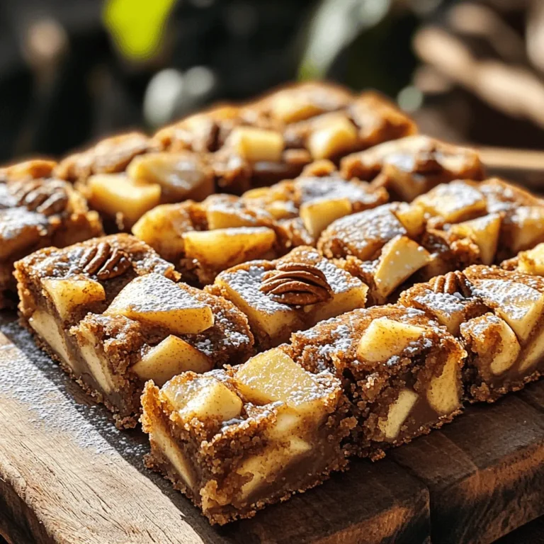 For the perfect Brown Butter Apple Blondies, gather the following: - 1 cup unsalted butter (2 sticks) - 1 cup brown sugar, packed - 1/2 cup granulated sugar - 2 large eggs - 2 teaspoons vanilla extract - 2 cups all-purpose flour - 1 teaspoon baking powder - 1/2 teaspoon baking soda - 1/4 teaspoon salt - 1 cup apples, peeled, cored, and diced (about 2 medium apples) - 1 teaspoon ground cinnamon - 1/2 cup chopped pecans or walnuts (optional) You can make these blondies your own! Here are some swaps: - Unsalted butter: Use coconut oil for a dairy-free version. - Brown sugar: Try using coconut sugar for a deeper flavor. - Apples: Swap with pears or berries for a different taste. - Nuts: Replace pecans or walnuts with your favorite seeds. Understanding measurements helps in baking. Here are a few conversions: - 1 cup = 16 tablespoons - 1/2 cup = 8 tablespoons - 1 teaspoon = 5 milliliters - 1 tablespoon = 15 milliliters These ingredients and substitutions help you create a delicious treat. Each choice adds to the flavor and texture of your blondies. Remember, cooking is about fun and creativity! Start by preheating your oven to 350°F (175°C). Grease a 9x9 inch baking pan. Line it with parchment paper, leaving some overhang. This helps you lift out the blondies easily later. To brown butter, use a saucepan over medium heat. Add the unsalted butter. Stir it often as it melts. Watch for it to turn golden brown and smell nutty. This takes about 5-8 minutes. Be careful not to burn it. Once done, take it off the heat and let it cool a bit. In a large mixing bowl, combine the browned butter with brown sugar and granulated sugar. Whisk them together until smooth. Add two large eggs, one at a time. Whisk after each addition. Next, mix in 2 teaspoons of vanilla extract. In a separate bowl, whisk together 2 cups of all-purpose flour, 1 teaspoon of baking powder, 1/2 teaspoon of baking soda, 1/4 teaspoon of salt, and 1 teaspoon of ground cinnamon. Gradually add the dry mix to the wet mix. Stir until just combined; avoid overmixing. Gently fold in 1 cup of diced apples and 1/2 cup of chopped nuts if you are using them. Pour the batter into your prepared pan. Spread it evenly and smooth the top. Bake in the oven for 25-30 minutes. Check doneness by inserting a toothpick in the center. It should come out clean or with a few moist crumbs. Let the blondies cool in the pan for about 10 minutes. Use the parchment to lift them out, then cut into squares or rectangles. To get that chewy and soft texture, pay close attention to mixing. When you combine the wet and dry ingredients, stir just until you see no flour. Overmixing can make the blondies tough. Also, let the butter cool a bit before adding it to the sugars. This helps keep the blondies moist and tender. One big mistake is not browning the butter long enough. You want it to be golden brown with a nutty smell. If you burn it, the flavor will be off. Another common error is cutting them too soon. Let the blondies cool in the pan for at least 10 minutes. This helps them set properly. To make this recipe easier, use a few key tools. A heavy-bottomed saucepan works best for browning butter. A good whisk helps blend the sugars and eggs smoothly. For mixing, a large mixing bowl is ideal. Lastly, have a 9x9 inch baking pan ready, lined with parchment paper, for easy removal. {{image_2}} You can switch up the apples in this recipe. Try using pears, peaches, or even berries. Each fruit adds a unique flavor and keeps things fresh. For example, diced peaches bring a sweet, juicy burst. Strawberries offer a nice tartness. Feel free to mix fruits, too, for a fun twist. Nuts can change the texture and taste of your blondies. If you like nuts, add chopped walnuts, pecans, or even almonds. They add crunch and flavor. You can also mix in chocolate chips or butterscotch chips. These sweet bits make every bite more exciting. Just remember to keep the total mix-ins to about a cup. Making these blondies vegan is easy. Replace the butter with coconut oil or vegan butter. Use flax eggs as a substitute for regular eggs. To make them gluten-free, switch the all-purpose flour with a gluten-free blend. Both changes keep the blondies tasty and soft. Enjoy your treats, no matter your diet! To keep your brown butter apple blondies fresh, store them in an airtight container. This helps maintain their soft texture. You can place parchment paper between layers to avoid sticking. If you want to enjoy them later, keep them at room temperature for up to three days. If you live in a humid area, consider refrigerating them to prevent spoilage. Avoid leaving them uncovered, as they can dry out quickly. Freezing blondies is easy. Once they cool completely, wrap them tightly in plastic wrap. Then, place them in a freezer-safe bag. They can stay frozen for up to three months. To enjoy, thaw them in the fridge overnight. For a warm treat, heat them in the oven at 350°F (175°C) for about 10 minutes. You can also microwave them for about 20-30 seconds. The shelf life of your blondies is about three days at room temperature and up to three months in the freezer. Check for signs of spoilage before eating. If they smell off or have mold, discard them. A dry, hard texture is also a sign they’ve lost freshness. Always trust your senses when it comes to food safety. Brown butter apple blondies are sweet bars made with brown butter, apples, and sugar. They have a soft, chewy texture and a rich, nutty flavor from the browned butter. The diced apples add a burst of sweetness and moisture, making these treats truly delightful. Yes, you can use different apples! Varieties like Granny Smith, Honeycrisp, or Fuji work well. Each type brings its own flavor, so feel free to mix and match. Just make sure to peel and dice them before adding. For fudgier blondies, try these tips: - Use less flour by measuring it correctly. - Add an extra egg for more moisture. - Bake them for a shorter time. Check for doneness a few minutes early. Absolutely! Chocolate chips add a delicious twist. I recommend folding in about a cup of semi-sweet or dark chocolate chips. They melt slightly and create pockets of gooey chocolate in every bite. Yes, you can make blondies ahead of time! Bake them, let them cool, and store them in an airtight container at room temperature. They stay fresh for up to three days. You can also freeze them for up to three months for later enjoyment. This article covered everything you need to make delicious brown butter apple blondies. You learned about the key ingredients, helpful tips, and how to avoid mistakes. We also discussed variations and storage tips to keep your blondies fresh. In summary, perfecting this recipe is easy with the right techniques. Enjoy your baking, and share your creations with others! You’ll impress friends and family with your new skills. Happy baking!