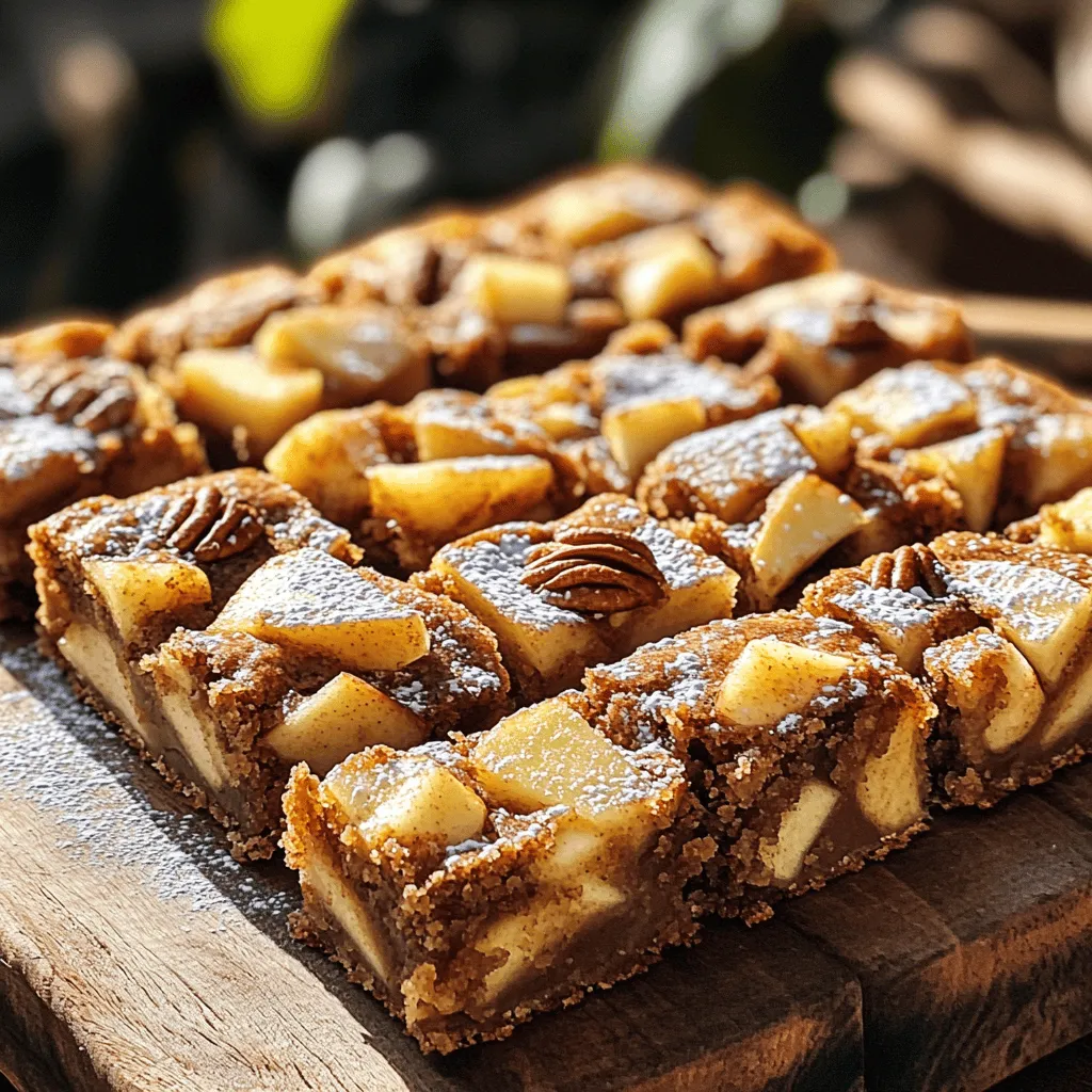 For the perfect Brown Butter Apple Blondies, gather the following: - 1 cup unsalted butter (2 sticks) - 1 cup brown sugar, packed - 1/2 cup granulated sugar - 2 large eggs - 2 teaspoons vanilla extract - 2 cups all-purpose flour - 1 teaspoon baking powder - 1/2 teaspoon baking soda - 1/4 teaspoon salt - 1 cup apples, peeled, cored, and diced (about 2 medium apples) - 1 teaspoon ground cinnamon - 1/2 cup chopped pecans or walnuts (optional) You can make these blondies your own! Here are some swaps: - Unsalted butter: Use coconut oil for a dairy-free version. - Brown sugar: Try using coconut sugar for a deeper flavor. - Apples: Swap with pears or berries for a different taste. - Nuts: Replace pecans or walnuts with your favorite seeds. Understanding measurements helps in baking. Here are a few conversions: - 1 cup = 16 tablespoons - 1/2 cup = 8 tablespoons - 1 teaspoon = 5 milliliters - 1 tablespoon = 15 milliliters These ingredients and substitutions help you create a delicious treat. Each choice adds to the flavor and texture of your blondies. Remember, cooking is about fun and creativity! Start by preheating your oven to 350°F (175°C). Grease a 9x9 inch baking pan. Line it with parchment paper, leaving some overhang. This helps you lift out the blondies easily later. To brown butter, use a saucepan over medium heat. Add the unsalted butter. Stir it often as it melts. Watch for it to turn golden brown and smell nutty. This takes about 5-8 minutes. Be careful not to burn it. Once done, take it off the heat and let it cool a bit. In a large mixing bowl, combine the browned butter with brown sugar and granulated sugar. Whisk them together until smooth. Add two large eggs, one at a time. Whisk after each addition. Next, mix in 2 teaspoons of vanilla extract. In a separate bowl, whisk together 2 cups of all-purpose flour, 1 teaspoon of baking powder, 1/2 teaspoon of baking soda, 1/4 teaspoon of salt, and 1 teaspoon of ground cinnamon. Gradually add the dry mix to the wet mix. Stir until just combined; avoid overmixing. Gently fold in 1 cup of diced apples and 1/2 cup of chopped nuts if you are using them. Pour the batter into your prepared pan. Spread it evenly and smooth the top. Bake in the oven for 25-30 minutes. Check doneness by inserting a toothpick in the center. It should come out clean or with a few moist crumbs. Let the blondies cool in the pan for about 10 minutes. Use the parchment to lift them out, then cut into squares or rectangles. To get that chewy and soft texture, pay close attention to mixing. When you combine the wet and dry ingredients, stir just until you see no flour. Overmixing can make the blondies tough. Also, let the butter cool a bit before adding it to the sugars. This helps keep the blondies moist and tender. One big mistake is not browning the butter long enough. You want it to be golden brown with a nutty smell. If you burn it, the flavor will be off. Another common error is cutting them too soon. Let the blondies cool in the pan for at least 10 minutes. This helps them set properly. To make this recipe easier, use a few key tools. A heavy-bottomed saucepan works best for browning butter. A good whisk helps blend the sugars and eggs smoothly. For mixing, a large mixing bowl is ideal. Lastly, have a 9x9 inch baking pan ready, lined with parchment paper, for easy removal. {{image_2}} You can switch up the apples in this recipe. Try using pears, peaches, or even berries. Each fruit adds a unique flavor and keeps things fresh. For example, diced peaches bring a sweet, juicy burst. Strawberries offer a nice tartness. Feel free to mix fruits, too, for a fun twist. Nuts can change the texture and taste of your blondies. If you like nuts, add chopped walnuts, pecans, or even almonds. They add crunch and flavor. You can also mix in chocolate chips or butterscotch chips. These sweet bits make every bite more exciting. Just remember to keep the total mix-ins to about a cup. Making these blondies vegan is easy. Replace the butter with coconut oil or vegan butter. Use flax eggs as a substitute for regular eggs. To make them gluten-free, switch the all-purpose flour with a gluten-free blend. Both changes keep the blondies tasty and soft. Enjoy your treats, no matter your diet! To keep your brown butter apple blondies fresh, store them in an airtight container. This helps maintain their soft texture. You can place parchment paper between layers to avoid sticking. If you want to enjoy them later, keep them at room temperature for up to three days. If you live in a humid area, consider refrigerating them to prevent spoilage. Avoid leaving them uncovered, as they can dry out quickly. Freezing blondies is easy. Once they cool completely, wrap them tightly in plastic wrap. Then, place them in a freezer-safe bag. They can stay frozen for up to three months. To enjoy, thaw them in the fridge overnight. For a warm treat, heat them in the oven at 350°F (175°C) for about 10 minutes. You can also microwave them for about 20-30 seconds. The shelf life of your blondies is about three days at room temperature and up to three months in the freezer. Check for signs of spoilage before eating. If they smell off or have mold, discard them. A dry, hard texture is also a sign they’ve lost freshness. Always trust your senses when it comes to food safety. Brown butter apple blondies are sweet bars made with brown butter, apples, and sugar. They have a soft, chewy texture and a rich, nutty flavor from the browned butter. The diced apples add a burst of sweetness and moisture, making these treats truly delightful. Yes, you can use different apples! Varieties like Granny Smith, Honeycrisp, or Fuji work well. Each type brings its own flavor, so feel free to mix and match. Just make sure to peel and dice them before adding. For fudgier blondies, try these tips: - Use less flour by measuring it correctly. - Add an extra egg for more moisture. - Bake them for a shorter time. Check for doneness a few minutes early. Absolutely! Chocolate chips add a delicious twist. I recommend folding in about a cup of semi-sweet or dark chocolate chips. They melt slightly and create pockets of gooey chocolate in every bite. Yes, you can make blondies ahead of time! Bake them, let them cool, and store them in an airtight container at room temperature. They stay fresh for up to three days. You can also freeze them for up to three months for later enjoyment. This article covered everything you need to make delicious brown butter apple blondies. You learned about the key ingredients, helpful tips, and how to avoid mistakes. We also discussed variations and storage tips to keep your blondies fresh. In summary, perfecting this recipe is easy with the right techniques. Enjoy your baking, and share your creations with others! You’ll impress friends and family with your new skills. Happy baking!