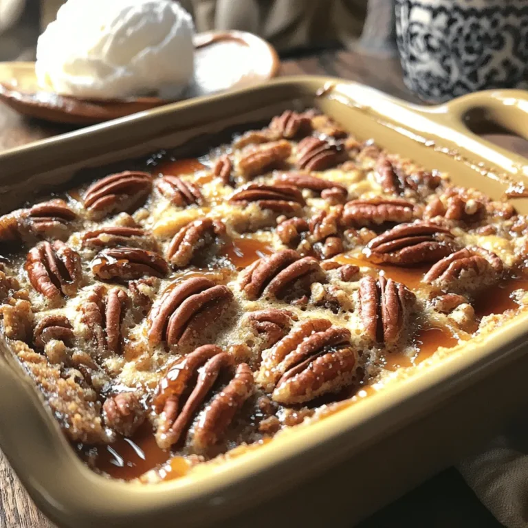 To create the delicious Pecan Pie Dump Cake, you need to gather some simple ingredients. Here’s the list: - 1 cup pecans, chopped - 1 box yellow cake mix (15.25 oz) - 1 cup unsalted butter, melted - 1 cup brown sugar, packed - 1/2 cup granulated sugar - 4 large eggs - 1 teaspoon vanilla extract - 1/4 cup maple syrup - 1/4 teaspoon salt - Optional toppings: whipped cream or vanilla ice cream Each ingredient plays a key role in making this dessert rich and tasty. The pecans add a nice crunch and flavor. The yellow cake mix provides a soft, sweet base. Butter gives it a rich texture. Brown sugar and granulated sugar add sweetness. Eggs help bind everything together. Vanilla extract enhances the flavor, while maple syrup adds a warm, sweet touch. Salt balances the sweetness. For serving, consider whipped cream or vanilla ice cream. These toppings can make your dessert even more delightful. Enjoy the process of gathering these ingredients! It's the first step to making this easy and tasty dessert. - Preheat your oven to 350°F (175°C). - Grease a 9x13-inch baking dish with non-stick spray or butter. - In a large mixing bowl, mix the melted butter, brown sugar, and granulated sugar. - Add the eggs, vanilla extract, maple syrup, and salt. Mix until smooth. - Fold in the chopped pecans gently into the wet mixture. - Evenly sprinkle the yellow cake mix over the pecan mixture. Do not stir. - Pour the prepared batter into the greased baking dish. Spread it evenly. - Bake for 35-40 minutes until the top is golden brown. Check with a toothpick. - Remove from the oven and cool for 10-15 minutes before slicing. - Serve warm, with whipped cream or vanilla ice cream if you like. To get the best results, set your oven to 350°F (175°C). Place your baking dish in the middle of the oven. This helps the cake bake evenly. You can tell it's done when the top turns golden brown. Insert a toothpick in the center; it should come out clean. If it has batter on it, give it a few more minutes. You can add more fun to your cake with toppings. Try crushed nuts, chocolate chips, or a sprinkle of cinnamon. If you want a nut-free option, use sunflower seeds or leave them out. The cake will still taste great! Serve your Pecan Pie Dump Cake warm for the best flavor. It goes well with whipped cream or vanilla ice cream. The cold creaminess pairs nicely with the warm cake. You can also serve it with coffee for a delightful treat. {{image_2}} You can switch up the cake mix to match your taste. - Chocolate cake mix alternative: For a richer flavor, use chocolate cake mix. This twist adds depth and pairs well with pecans. - Gluten-free cake mix substitutions: If you need gluten-free, use a gluten-free cake mix. Many brands offer great options that hold up well in this recipe. Adding extra flavors can make this dessert even more special. - Adding chocolate chips or coconut: Toss in some chocolate chips for sweetness. You can also add shredded coconut for a tropical touch. - Incorporating spices like cinnamon or nutmeg: For warmth, try adding cinnamon or nutmeg to the mix. Just a pinch can elevate the overall taste. Change how you serve this cake for a unique experience. - Serving as a layered dessert: Layer the cake in a glass dish with whipped cream. This creates a beautiful dessert that looks fancy. - Transforming it into a trifle: You can also turn it into a trifle. Use chunks of cake, creamy layers, and fresh fruit for a fun twist. To keep your Pecan Pie Dump Cake fresh, follow these steps: - Refrigeration: Place leftovers in an airtight container. Store in the fridge for up to 5 days. - Freezing: You can freeze the cake. Wrap it tightly in plastic wrap, then foil. It will last for up to 3 months. When you’re ready to enjoy your cake again, here’s how to reheat it without losing flavor: - Best Methods: Use the oven for even heating. Preheat to 350°F (175°C). Place the cake in for about 10-15 minutes. You can also use the microwave. Heat in 30-second bursts until warm. - Recommended Serving Temperature: Serve warm for the best taste. Aim for around 120°F (49°C) for that perfect bite. Can I make this cake in advance? Yes, you can make this cake ahead of time. After baking, let it cool. Then cover it and store it in the fridge. It tastes great even after a day or two. What can I use instead of eggs for a vegan version? You can use flaxseed meal as an egg substitute. Mix one tablespoon of flaxseed meal with three tablespoons of water. Let it sit for about five minutes. This mix works well in baking. How long does Pecan Pie Dump Cake last? This cake can last for about four to five days in the fridge. Make sure to keep it covered to stay fresh. Why did my cake turn out too dry? A dry cake may be due to overbaking. Keep an eye on the time and do a toothpick test. If it comes out clean too soon, check the cake. How can I fix a soggy bottom? To fix a soggy bottom, try baking it a bit longer. You can also check if the oven is hot enough. If you use too much liquid, it can lead to sogginess. What can I replace butter with? You can use coconut oil or vegan butter as a butter substitute. Both will keep the cake moist and tasty. How to adjust for dietary restrictions? For gluten-free needs, use a gluten-free cake mix. Always check labels for allergens. You can also swap out nuts if needed for nut allergies. This article covered the simple steps to create a delicious Pecan Pie Dump Cake. We detailed the key ingredients, from pecans to cake mix, and provided easy instructions for baking. I shared tips to ensure a perfect bake and suggested tasty variations and storage methods. By following these guidelines, you can make a delightful dessert that pleases everyone. Whether you enjoy it warm with ice cream or as a layered treat, this recipe is sure to impress. Happy baking!