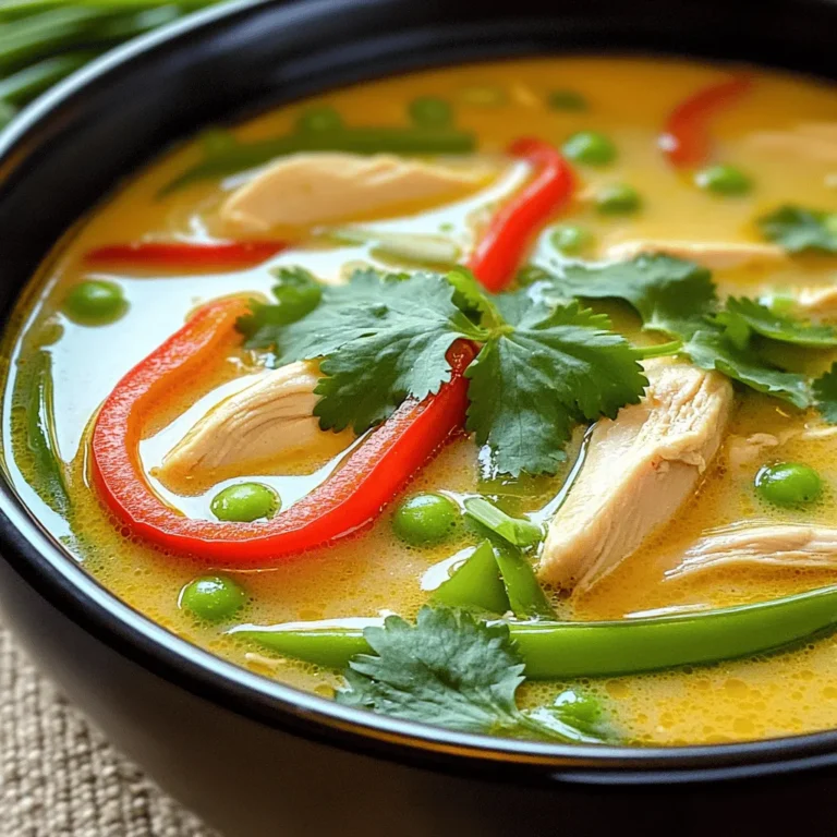 To make this tasty soup, gather these ingredients: - 1 tablespoon coconut oil - 1 pound chicken breast, thinly sliced - 1 teaspoon ginger, minced - 2 cloves garlic, minced - 2 tablespoons red curry paste - 4 cups chicken broth - 1 can (14 oz) coconut milk - 1 red bell pepper, sliced - 1 cup snap peas - 2 green onions, sliced - 1 tablespoon fish sauce - 1 tablespoon lime juice - Fresh cilantro, for garnish - Salt and pepper to taste If you need to swap some items, here are good options: - Use olive oil if you don’t have coconut oil. - Chicken thighs work well instead of chicken breast. - For a vegan option, use tofu or tempeh. - You can use vegetable broth instead of chicken broth. - For fish sauce, try soy sauce or tamari for a similar taste. Each serving of this soup is both tasty and healthy: - Calories: 380 - Protein: 27g - Carbohydrates: 15g - Fat: 25g - Fiber: 3g This soup is rich in flavor and nutrients. It’s a great meal for busy nights! To make this soup, first gather all your ingredients. You will need coconut oil, chicken, ginger, garlic, red curry paste, chicken broth, coconut milk, a red bell pepper, snap peas, green onions, fish sauce, lime juice, and cilantro. Start by slicing the chicken thinly. Mince the ginger and garlic. Slice the bell pepper and green onions. This makes cooking easier and faster. Heat your pot on medium heat and add coconut oil. Once the oil is hot, add the chicken. Sauté until the chicken turns brown, about 5 to 7 minutes. This step locks in flavor. Next, add ginger and garlic. Cook for one more minute. This will fill your kitchen with a lovely smell. Stir in the red curry paste, coating the chicken. Pour in chicken broth and coconut milk. Bring this mixture to a gentle simmer. This is where the magic happens! Add the bell pepper and snap peas. Cook for about 5 minutes until they are tender but still crisp. Finally, mix in fish sauce and lime juice. Taste and adjust seasoning with salt and pepper. To save time, you can prep your ingredients ahead of time. Store them in the fridge until you are ready to cook. You can also use rotisserie chicken to cut down on cooking time. This way, you only need to heat the broth and add your veggies. Another tip is to chop vegetables while the chicken is cooking. This will help speed up the process. To make your Weeknight Thai Chicken Soup truly pop, try these tips: - Fresh Herbs: Add fresh cilantro for a bright taste. It complements the coconut milk well. - Lime Zest: Use lime zest along with lime juice. This adds a zesty kick. - Chili Flakes: If you like heat, sprinkle in some chili flakes. It gives a nice spice. - Broth Quality: Use high-quality chicken broth. This makes a big difference in taste. Here are some common slip-ups to watch for: - Overcooking Chicken: Don’t let the chicken cook too long. It can become dry and tough. - Too Much Curry Paste: Start with less curry paste. You can always add more if needed. - Skipping Fresh Ingredients: Avoid using dried herbs instead of fresh ones. Fresh herbs bring out the best flavors. - Ignoring Seasoning: Taste before serving. Sometimes, a little salt or pepper can elevate the dish. To serve your soup just right, consider these ideas: - Serve Hot: Enjoy the soup hot. This brings out the rich flavors. - Accompany with Rice: Serve the soup with jasmine rice. It makes for a filling meal. - Garnish Generously: Don’t skimp on the green onions and cilantro. They add color and flavor. - Pair with Lime Wedges: Offer lime wedges on the side. A squeeze of lime enhances the soup's freshness. {{image_2}} You can make this soup vegetarian or vegan easily. Swap the chicken for tofu or tempeh. Use vegetable broth instead of chicken broth. The coconut milk adds a creamy touch. You can also add more veggies like mushrooms or carrots. They boost flavor and nutrition. If you love spice, add more red curry paste. You can also toss in sliced jalapeños or Thai bird chilies. These will give your soup a nice kick. For a smoky flavor, add a dash of sriracha or chili oil. Adjust the spice to your taste! Use seasonal veggies to keep things fresh. For spring, add asparagus or peas. In summer, try zucchini or corn. In fall, consider adding butternut squash or kale. Winter calls for hearty vegetables like carrots or parsnips. These swaps add variety and keep your soup exciting! After you enjoy your soup, store any leftovers in an airtight container. Let the soup cool first. This keeps it fresh and tasty. You can keep it in the fridge for up to three days. If you want to keep it longer, consider freezing it. When you are ready to eat your leftovers, reheat them on the stove. Pour the soup into a pot over low heat. Stir it often to warm it evenly. You can also use a microwave. Just heat it in short bursts, stirring in between. Make sure it is hot all the way through. If you want to freeze the soup, do it before adding the fresh vegetables. Store it in a freezer-safe container. Leave some space at the top for expansion. The soup can last for up to three months in the freezer. When you are ready to eat it, thaw it in the fridge overnight. Then reheat it and add fresh veggies for a tasty meal. Yes, you can! This soup is very flexible. You can use shrimp, tofu, or beef. Just make sure to adjust cooking times. For shrimp, cook them until they turn pink. Tofu should be firm and cubed. If you use beef, slice it thinly for quick cooking. If you need a fish sauce swap, use soy sauce. It adds saltiness and flavor. Another option is tamari for a gluten-free choice. You can also mix soy sauce with a bit of lime juice. This gives a nice tang to the soup. To keep the soup gluten-free, use tamari instead of soy sauce. Check your chicken broth too. Some brands add gluten. Use broth labeled gluten-free to be safe. All other ingredients in this soup are naturally gluten-free. Enjoy your meal without worry! In this article, we covered key aspects of cooking delicious meals. We explored ingredients, including substitutions and nutritional info. You learned step-by-step instructions for prep and cooking. We shared tips to enhance flavors and avoid mistakes. Variations catered to different diets and preferences. Lastly, we discussed how to store and reheat leftovers effectively. Remember, cooking is fun and rewarding. Use these ideas to create tasty and memorable dishes!