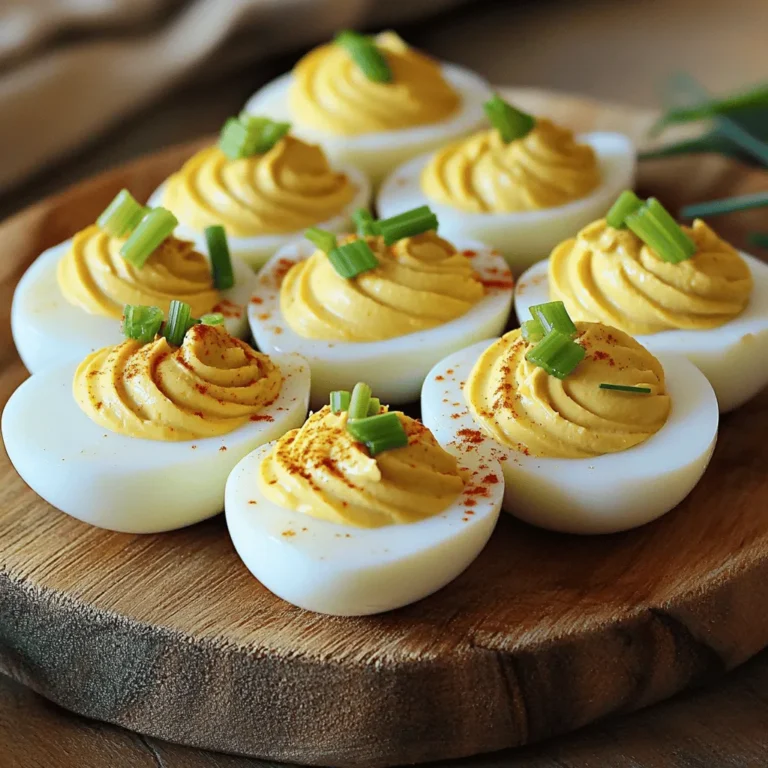 To make these tasty Thanksgiving deviled eggs, you need: - 6 large eggs - 3 tablespoons mayonnaise - 1 teaspoon Dijon mustard - 1 tablespoon apple cider vinegar - 1/4 cup finely chopped celery - 2 tablespoons finely chopped shallots - 1 teaspoon smoked paprika - Salt and pepper to taste These ingredients create a creamy and flavorful filling. The eggs give a nice base, while the mayo and mustard add richness and tang. The celery and shallots offer a fresh crunch. You can add some fun garnishes for a festive touch: - Smoked paprika for a pop of color - Fresh chives for a bright green accent These garnishes make your deviled eggs look and taste even better. They add flavor and make the dish festive for your Thanksgiving table. Having the right tools makes cooking easier. Here are a few you will need: - A pot for boiling eggs - A mixing bowl for the yolk mixture - A fork for mashing the yolks - A spoon or piping bag to fill the eggs These tools help you create a smooth filling and place it nicely back in the egg whites. With these ingredients and tools, you can make delicious Thanksgiving deviled eggs that everyone will love! Start by placing the eggs in a pot. Cover them with cold water. Turn the heat to medium-high and bring the water to a boil. Once it boils, cover the pot and remove it from the heat. Let the eggs sit for 12 minutes. This method helps cook them evenly. After 12 minutes, transfer the eggs to a bowl of ice water. This stops the cooking and cools them down. Let them cool for about 5 minutes before peeling. Once the eggs are cool, peel them carefully. Slice each egg in half lengthwise. Gently scoop out the yolks into a mixing bowl. Use a fork to mash the yolks until smooth. Add the mayonnaise, Dijon mustard, apple cider vinegar, chopped celery, chopped shallots, and smoked paprika to the yolks. Mix everything together until it’s well combined. Taste the filling and add salt and pepper as needed. Now it's time to fill the egg whites. Spoon or pipe the yolk mixture back into each egg white half. You can use a piping bag for a nice touch. Finally, sprinkle each deviled egg with smoked paprika. Add fresh chives on top for a pop of color. These steps make your Thanksgiving deviled eggs look and taste great! To get hard-boiled eggs just right, follow these steps. Start with large, fresh eggs. Place them in a pot and cover with cold water. Bring the water to a boil over medium-high heat. Once it boils, cover the pot and take it off the heat. Let the eggs sit for 12 minutes. This method helps ensure the yolks are bright yellow and not green. After 12 minutes, move the eggs to a bowl of ice water. This stops cooking and makes peeling easier. Presentation can make your deviled eggs stand out. Use a nice platter to arrange the eggs. You can garnish them with a sprinkle of smoked paprika and fresh chives. For a festive look, place them on a bed of greens. You can also use small cupcake liners for individual servings. This adds color and fun to your table. Avoid these common mistakes to ensure success. First, don’t skip the ice bath. It helps with peeling and keeps the eggs tender. Second, be careful not to overmix the yolks. Overmixing makes the filling too runny. Lastly, taste as you go. Adjust the salt and pepper to your liking. These tips will help you create tasty and beautiful deviled eggs. {{image_2}} You can boost your deviled eggs with Thanksgiving flavors. Try adding cranberry sauce for a sweet twist. A spoonful of stuffing adds a fun crunch. You can also mix in some roasted turkey bits for a savory touch. These additions make your deviled eggs special and festive. Feel free to switch up the base ingredients. If you want a creamier filling, use sour cream instead of mayo. For a kick, try spicy mustard or horseradish. Chopped pickles can add a nice crunch, too. You can even use avocado for a creamy, healthy twist. Think about your favorite Thanksgiving dishes for new ideas. You can mix in mashed potatoes for a unique flavor. Adding a hint of pumpkin spice gives a warm, cozy taste. Try using green beans or corn for a fresh crunch. Each twist brings a new layer of fun to your deviled eggs. To keep leftover deviled eggs fresh, place them in a tight container. Cover them well to stop air from drying them out. Use plastic wrap or a lid. Store them in the fridge. If you stack them, put parchment paper between each layer. This keeps them from sticking together. Deviled eggs are best served cold. If you need to reheat them, do it gently. Place them in a warm spot for a few minutes. Avoid using a microwave, as it can make them rubbery. Warm them slowly at room temperature for the best taste. Deviled eggs can last in the fridge for up to two days. After that, they might spoil. Always check for any off smells or changes in texture. If they seem off, throw them out. Keeping your leftovers safe is very important. Yes, you can make deviled eggs ahead of time. It’s best to prepare them a day before. Store them in the fridge in a covered container. Keep the egg whites and filling separate until you are ready to serve. This way, the whites stay fresh and don't get soggy. To peel hard-boiled eggs easily, start by cooling them in ice water. Let them sit for about five minutes. Tap each egg gently on a hard surface to crack it. Roll the egg gently to loosen the shell. Start peeling from the wider end; it usually comes off easier. To keep deviled eggs from getting soggy, avoid over-filling them. Use just enough filling to create a nice mound. Also, make sure the egg whites are completely dry before adding the filling. Store them in an airtight container and keep them cold until serving. Thanksgiving deviled eggs are a delightful addition to your holiday table. We explored the main ingredients, cooking tips, and creative variations. I shared ways to store leftovers and answered common questions. Use these ideas to impress your guests and elevate your meal. With some simple steps and a sprinkle of creativity, you can make deviled eggs shine at any gathering. Enjoy making them and have fun experimenting!